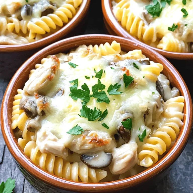 To make Chicken and Mushroom Alfredo Casserole, gather these tasty items: - 2 cups cooked rotini pasta - 1 lb chicken breast, diced - 2 cups mushrooms, sliced (button or cremini) - 1 cup heavy cream - 1 cup Alfredo sauce (store-bought or homemade) - 1 cup shredded mozzarella cheese - 1/2 cup grated Parmesan cheese - 2 tablespoons olive oil - 3 cloves garlic, minced - 1 teaspoon Italian seasoning - Salt and pepper to taste - Fresh parsley, chopped (for garnish) You will need a few kitchen tools for this dish: - Large skillet for cooking - Mixing bowl for combining ingredients - Casserole dish for baking - Wooden spoon or spatula for stirring - Measuring cups and spoons for accuracy - Knife and cutting board for chopping Choosing fresh ingredients makes your casserole shine. Look for: - Chicken Breast: Select firm, pink chicken with no odor. - Mushrooms: Choose mushrooms that are firm and dry. Avoid slimy ones. - Pasta: Buy high-quality pasta for the best texture. - Cream and Sauce: Look for heavy cream and Alfredo sauce with simple ingredients. - Cheese: Fresh mozzarella and Parmesan offer the best flavor. - Herbs: Pick parsley that is bright green and crisp. When you select fresh ingredients, you ensure great taste and quality in every bite. Enjoy the process! For the complete cooking process, check the Full Recipe. Start by gathering all the ingredients. You need rotini pasta, chicken, mushrooms, cream, and Alfredo sauce. - 2 cups cooked rotini pasta - 1 lb chicken breast, diced - 2 cups mushrooms, sliced - 1 cup heavy cream - 1 cup Alfredo sauce - 1 cup shredded mozzarella cheese - 1/2 cup grated Parmesan cheese - 2 tablespoons olive oil - 3 cloves garlic, minced - 1 teaspoon Italian seasoning - Salt and pepper to taste - Fresh parsley, chopped Next, cook the rotini pasta as per the package instructions. Drain it and set it aside. Dice the chicken into small pieces. Slice the mushrooms evenly. Mince the garlic finely to release its flavor. In a large skillet, heat the olive oil over medium heat. Add the diced chicken. Season it with salt and pepper. Cook the chicken until it turns golden brown and is fully cooked. This should take around 5 to 7 minutes. Once the chicken is cooked, add the minced garlic and sliced mushrooms. Sauté them together until the mushrooms soften and their juices release. This should take about 4 to 5 minutes. In a mixing bowl, combine the heavy cream, Alfredo sauce, Italian seasoning, and half of the mozzarella cheese. Stir this mixture well. Add the cooked rotini pasta to this bowl. Make sure every piece of pasta gets coated in the creamy sauce. Next, gently fold in the chicken and mushroom mixture. Ensure everything is mixed together nicely. Now, transfer this mixture to a greased casserole dish. Sprinkle the remaining mozzarella cheese and grated Parmesan cheese evenly on top. Preheat your oven to 350°F (175°C). Place the casserole in the oven and bake for 25 to 30 minutes. Watch for the cheese to become bubbly and golden brown. Once baked, remove it from the oven and let it cool for a few minutes. Before serving, sprinkle freshly chopped parsley on top for a lovely finish. For more detailed guidance, refer to the Full Recipe. To cook chicken well, start with fresh pieces. Rinse them under cold water and pat them dry. Cut the chicken into small, even pieces. This helps them cook at the same rate. Heat olive oil in a skillet over medium heat. Season the chicken with salt and pepper before adding it to the pan. Cook for about five to seven minutes until golden brown. Use a meat thermometer to check that the inside is 165°F. This way, you ensure it is safe to eat. The key to a rich and creamy sauce is the right balance. Use heavy cream and Alfredo sauce for depth. Combine them in a bowl, then mix in Italian seasoning for flavor. Add half of the mozzarella cheese to the cream mixture for extra creaminess. This will make it smooth and velvety. Stir well to avoid lumps, ensuring every bite is delicious. Melt cheese evenly for the best texture. Use shredded cheese rather than blocks for quicker melting. Sprinkle it on top of the casserole before baking. Layer it on thick for that gooey, cheesy experience. Bake at 350°F until the cheese is bubbly and golden. This step enhances the dish’s flavor and visual appeal. For a lovely finish, add fresh parsley on top before serving. For the complete recipe, check out the Full Recipe. {{image_2}} You can easily switch the chicken for other proteins. Try turkey for a leaner option. Shrimp also works well and adds a nice twist. For a heartier flavor, consider diced sausage. Each choice gives a new taste to the dish. If you want a meat-free meal, focus on mushrooms. Use a mix of button and cremini mushrooms for different textures. You can add spinach or kale for more color and nutrients. This version keeps the creamy feel while being light. For a gluten-free dish, swap rotini pasta with gluten-free pasta. Rice or quinoa also makes a great base. You can even try zucchini noodles for a veggie boost. Just make sure to adjust cooking times for these alternatives. Each option keeps the dish tasty and satisfying. For the full recipe, check out the details above! To keep your Chicken and Mushroom Alfredo Casserole fresh, store it in an airtight container. Make sure it cools to room temperature first. This helps prevent moisture buildup. Place it in the fridge if you plan to eat it within three to four days. For longer storage, consider freezing it. When it’s time to enjoy your leftovers, preheat your oven to 350°F (175°C). Place the casserole in an oven-safe dish. Cover it with foil to keep it moist. Bake for about 20 minutes or until it’s heated through. You can also use the microwave. Just heat in short bursts, stirring in between, until warm. To freeze your casserole, follow these steps. First, let it cool completely. Then, wrap it tightly in plastic wrap and foil. This prevents freezer burn. Label it with the date for easy tracking. It can last up to two months in the freezer. When you're ready to eat, thaw it in the fridge overnight before reheating. Remember, you can always find the Full Recipe for easy reference! You can add various spices to boost the flavor of your Chicken and Mushroom Alfredo Casserole. Here are my favorites: - Italian seasoning: This mix adds herbs like oregano and basil. - Garlic powder: It gives a nice depth to the dish. - Crushed red pepper flakes: For a spicy kick, add a pinch. - Thyme or rosemary: These herbs add a lovely earthiness. Feel free to mix and match these spices. Taste as you go to find your perfect blend. Yes, you can prepare this casserole ahead of time! Here’s how: 1. Assemble the casserole: Prepare it up to the baking step. 2. Cover tightly: Use plastic wrap or foil to seal the dish. 3. Refrigerate: You can store it in the fridge for up to 24 hours. When you are ready to bake, just remove the cover and add a few extra minutes to the cooking time. This makes it perfect for busy days. Making Chicken and Mushroom Alfredo Casserole healthier is easy. Here are a few tips: - Use whole grain pasta: It adds fiber and nutrients. - Opt for low-fat cream: Replace heavy cream with a lighter option. - Add more veggies: Toss in spinach or broccoli for extra vitamins. - Limit cheese: Use less cheese or opt for a lower-fat variety. These small changes can make a big difference while keeping the dish delicious. This post gave you key steps to make a great casserole. We covered important ingredients, tools, and tips for choosing fresh food. You learned how to prep, cook, and perfect your dish. We explored fun variations and how to store leftovers. With these tips, you can impress anyone with your cooking. Try new flavors, and enjoy the process. Your culinary skills will shine, and your meals will be memorable. Happy cooking!