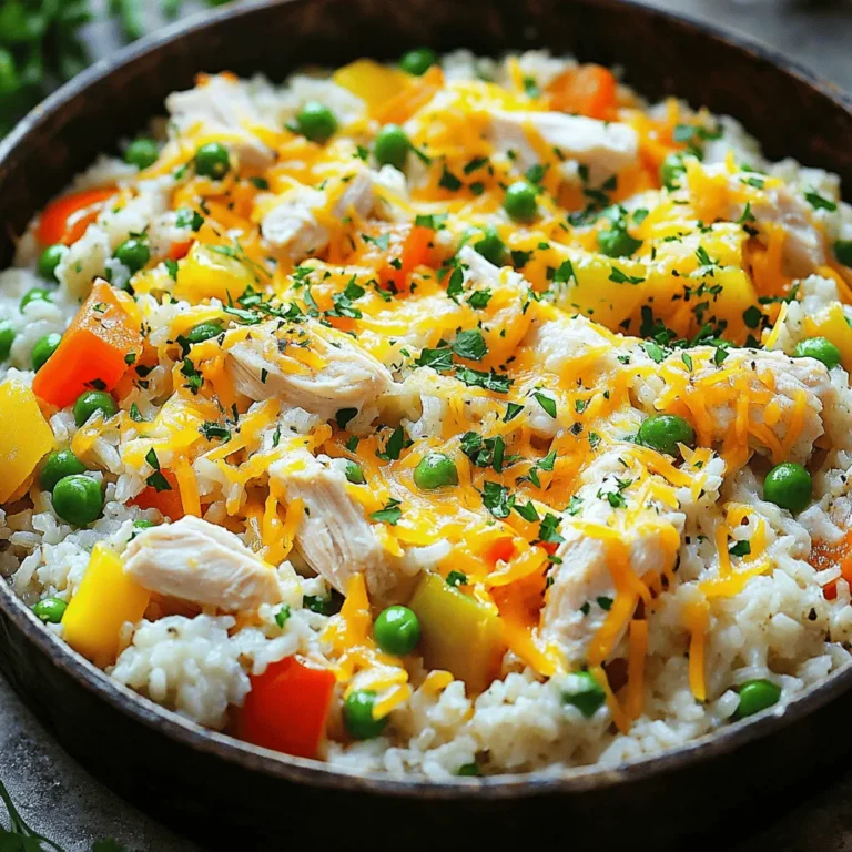 - 1 pound boneless, skinless chicken breasts, diced - 1 cup long-grain rice - 2 cups chicken broth - 1 cup diced bell peppers (red and green) - 1 small onion, chopped - 3 cloves garlic, minced - Salt and pepper, to taste - 1 cup frozen peas - 1 cup shredded cheddar cheese - 2 tablespoons olive oil - Fresh parsley, for garnish (optional) I love this dish because it is easy to make and so tasty! Each ingredient plays a key role in the flavor. The chicken adds protein and heartiness. The rice absorbs all the delicious broth, making it comforting. Bell peppers and onions give a nice crunch and sweetness. Garlic adds depth, while peas bring a pop of color and texture. Don't forget about the cheese! It melts on top and makes the dish creamy and rich. You can even mix in some spices like smoked paprika, dried thyme, and oregano to add warmth and complexity. You can find the full recipe for this Chicken and Rice Skillet Casserole at the end of the article. This meal is perfect for busy weeknights or cozy weekends. - Heat 2 tablespoons of olive oil over medium heat in a large skillet. - Cut 1 pound of boneless, skinless chicken breasts into small pieces. - Season the chicken with salt, pepper, smoked paprika, dried thyme, and oregano. - Sauté the chicken in the hot oil until it turns golden brown, about 5-7 minutes. - Once cooked, remove the chicken from the skillet and set it aside. - In the same skillet, add 1 small chopped onion and 1 cup of diced bell peppers. - Cook the veggies until they soften, about 3-4 minutes. - Stir in 3 cloves of minced garlic and cook for one more minute until fragrant. - Mix in 1 cup of uncooked long-grain rice with the cooked vegetables. - Pour in 2 cups of chicken broth and bring everything to a gentle simmer. - Taste the broth and adjust seasoning with salt and pepper, if needed. - Return the cooked chicken to the skillet, stirring to mix well. - Cover the skillet and reduce the heat to low. - Cook for about 18-20 minutes or until the rice is tender and absorbs most of the liquid. - In the last 5 minutes, stir in 1 cup of frozen peas and sprinkle 1 cup of shredded cheddar cheese on top. - Cover again to let the cheese melt before serving. For the full recipe, check the [Full Recipe]. To ensure the rice cooks evenly, rinse it well before use. Rinsing removes excess starch, leading to fluffier rice. Use a medium heat when cooking. This helps the rice absorb the broth without burning. Adjusting seasonings can make a big difference. Taste the broth after adding chicken. You might want to add a little more salt or pepper. If you like it spicy, add a pinch of cayenne. For side dishes, a fresh green salad pairs great. You can also serve crusty bread for dipping. To garnish, sprinkle fresh parsley on top. This adds a pop of color and freshness. Consider adding more cheese on top for a cheesy finish. You can also serve it with sliced avocado or a dollop of sour cream. Use medium heat to start cooking your casserole. After adding the broth, reduce the heat to low. This slow cooking helps the rice fluff up nicely. If you have an electric stove, cook for about 20 minutes. For gas stoves, keep an eye on the time, as they can cook faster. Adjust your cooking time based on the heat you use and your stove type. {{image_2}} You can switch the chicken for other proteins. Turkey works great for a leaner option. Tofu is a wonderful choice for a plant-based meal. Both taste good and cook well in this dish. You can also try different rice types. For gluten-free options, use brown rice or cauliflower rice. These will change the texture but still taste amazing. Want to spice up your casserole? Add fresh herbs like basil or parsley. Dried herbs such as rosemary or sage also work well. If you love heat, throw in some red pepper flakes. You can even use jalapeños for a bigger kick. Experiment with spices to find your perfect blend. You can easily adapt this dish for the oven. Preheat your oven to 375°F. After cooking the chicken and veggies, transfer everything to a baking dish. Pour in the broth and cover with foil. Bake for 30-35 minutes or until the rice is soft. Another way is to use a slow cooker. Just layer all the ingredients in the cooker. Set on low for 4-6 hours and let it do the work. Enjoy a hands-off cooking day! To keep your Chicken and Rice Skillet Casserole fresh, follow these tips: - Refrigeration: Allow the casserole to cool to room temperature before placing it in an airtight container. Store in the fridge for up to three days. - Freezing: If you want to save it longer, freeze individual portions. Use freezer-safe containers or bags. Wrap them well to avoid freezer burn. You can freeze it for up to three months. When it's time to enjoy your leftovers, you have two great options: - Oven: Preheat your oven to 350°F (175°C). Place the casserole in an oven-safe dish. Cover it with foil to keep it moist. Heat for about 20-25 minutes, or until it's hot all the way through. - Microwave: If you're in a hurry, use the microwave. Place your portion in a microwave-safe bowl. Heat on high for about 2-3 minutes. Stir halfway to heat evenly. To keep the texture and flavor, the oven is the best choice. It helps the dish stay creamy and delicious. Enjoy your reheated Chicken and Rice Skillet Casserole just like it was fresh! For the full recipe, check out the Full Recipe section. Yes, you can make this dish ahead. Just cook it fully and cool it down. Store it in an airtight container in the fridge. When you're ready to eat, reheat it on low heat or in the oven. This keeps the flavors fresh and the dish ready to serve. If you need a substitute for chicken broth, try vegetable broth or water. You can also use bouillon cubes mixed with water. These options add flavor and keep your dish tasty and moist. Absolutely! This casserole is perfect for meal prep. You can portion it into single servings. Use small containers for easy grab-and-go meals. It warms up well in the microwave or oven, making it a great choice for busy days. This casserole can last about 3-4 days in the fridge. Make sure to keep it in a sealed container. If you want to keep it longer, you can freeze it for up to 3 months. You can serve this casserole with a simple side salad or some crusty bread. These sides balance the meal and add freshness. You might also enjoy it with steamed veggies or a light soup for a complete dinner. For the [Full Recipe], check out the main article. This chicken and rice skillet casserole is simple to make and delicious. You mix chicken, rice, and veggies, then let it all simmer together. Add cheese on top for a tasty finish. Remember, you can change ingredients or cooking methods to fit your needs. Store leftovers safely for future meals. Overall, this dish is perfect for any weeknight dinner. Enjoy creating your own version, and serve it with your favorite sides.