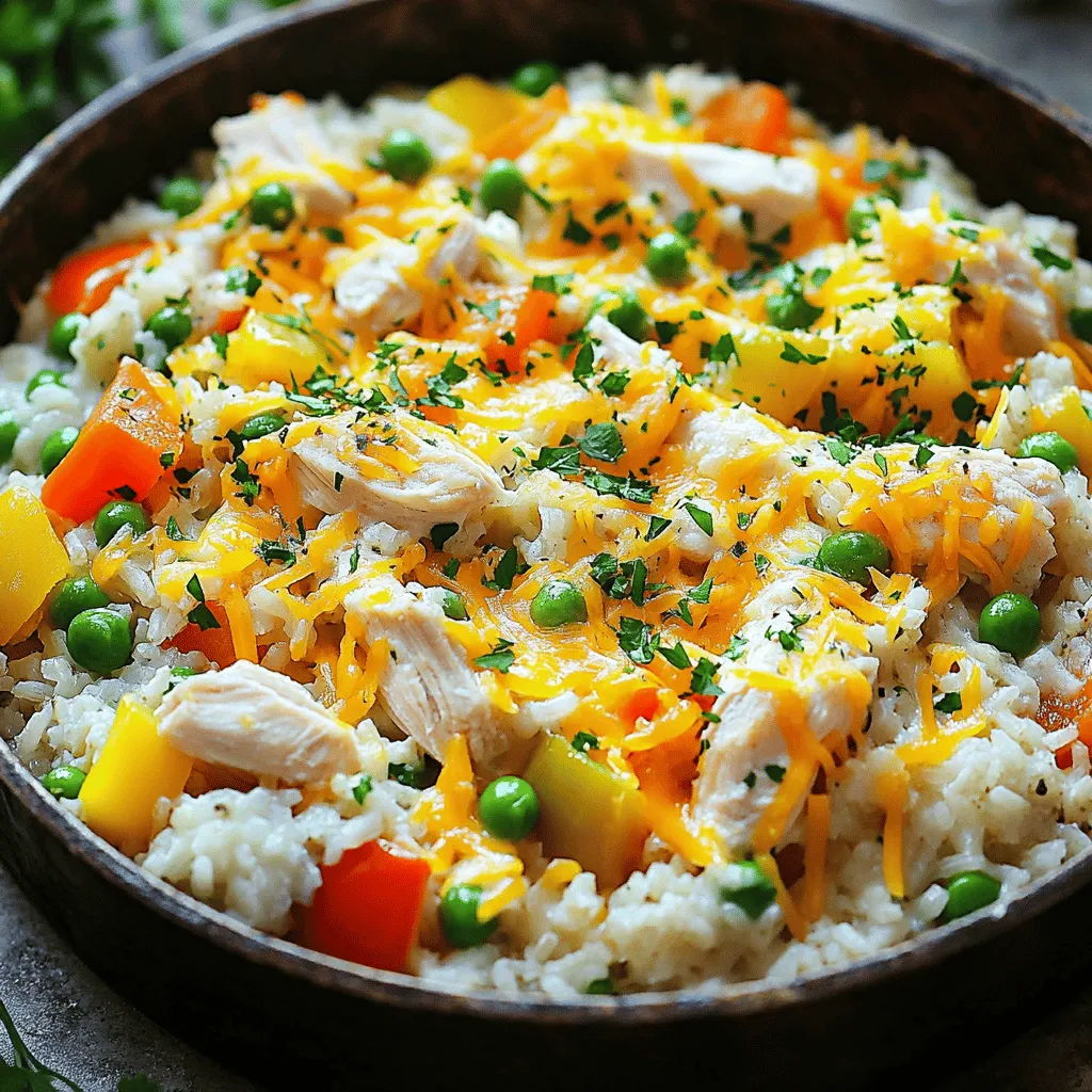 - 1 pound boneless, skinless chicken breasts, diced - 1 cup long-grain rice - 2 cups chicken broth - 1 cup diced bell peppers (red and green) - 1 small onion, chopped - 3 cloves garlic, minced - Salt and pepper, to taste - 1 cup frozen peas - 1 cup shredded cheddar cheese - 2 tablespoons olive oil - Fresh parsley, for garnish (optional) I love this dish because it is easy to make and so tasty! Each ingredient plays a key role in the flavor. The chicken adds protein and heartiness. The rice absorbs all the delicious broth, making it comforting. Bell peppers and onions give a nice crunch and sweetness. Garlic adds depth, while peas bring a pop of color and texture. Don't forget about the cheese! It melts on top and makes the dish creamy and rich. You can even mix in some spices like smoked paprika, dried thyme, and oregano to add warmth and complexity. You can find the full recipe for this Chicken and Rice Skillet Casserole at the end of the article. This meal is perfect for busy weeknights or cozy weekends. - Heat 2 tablespoons of olive oil over medium heat in a large skillet. - Cut 1 pound of boneless, skinless chicken breasts into small pieces. - Season the chicken with salt, pepper, smoked paprika, dried thyme, and oregano. - Sauté the chicken in the hot oil until it turns golden brown, about 5-7 minutes. - Once cooked, remove the chicken from the skillet and set it aside. - In the same skillet, add 1 small chopped onion and 1 cup of diced bell peppers. - Cook the veggies until they soften, about 3-4 minutes. - Stir in 3 cloves of minced garlic and cook for one more minute until fragrant. - Mix in 1 cup of uncooked long-grain rice with the cooked vegetables. - Pour in 2 cups of chicken broth and bring everything to a gentle simmer. - Taste the broth and adjust seasoning with salt and pepper, if needed. - Return the cooked chicken to the skillet, stirring to mix well. - Cover the skillet and reduce the heat to low. - Cook for about 18-20 minutes or until the rice is tender and absorbs most of the liquid. - In the last 5 minutes, stir in 1 cup of frozen peas and sprinkle 1 cup of shredded cheddar cheese on top. - Cover again to let the cheese melt before serving. For the full recipe, check the [Full Recipe]. To ensure the rice cooks evenly, rinse it well before use. Rinsing removes excess starch, leading to fluffier rice. Use a medium heat when cooking. This helps the rice absorb the broth without burning. Adjusting seasonings can make a big difference. Taste the broth after adding chicken. You might want to add a little more salt or pepper. If you like it spicy, add a pinch of cayenne. For side dishes, a fresh green salad pairs great. You can also serve crusty bread for dipping. To garnish, sprinkle fresh parsley on top. This adds a pop of color and freshness. Consider adding more cheese on top for a cheesy finish. You can also serve it with sliced avocado or a dollop of sour cream. Use medium heat to start cooking your casserole. After adding the broth, reduce the heat to low. This slow cooking helps the rice fluff up nicely. If you have an electric stove, cook for about 20 minutes. For gas stoves, keep an eye on the time, as they can cook faster. Adjust your cooking time based on the heat you use and your stove type. {{image_2}} You can switch the chicken for other proteins. Turkey works great for a leaner option. Tofu is a wonderful choice for a plant-based meal. Both taste good and cook well in this dish. You can also try different rice types. For gluten-free options, use brown rice or cauliflower rice. These will change the texture but still taste amazing. Want to spice up your casserole? Add fresh herbs like basil or parsley. Dried herbs such as rosemary or sage also work well. If you love heat, throw in some red pepper flakes. You can even use jalapeños for a bigger kick. Experiment with spices to find your perfect blend. You can easily adapt this dish for the oven. Preheat your oven to 375°F. After cooking the chicken and veggies, transfer everything to a baking dish. Pour in the broth and cover with foil. Bake for 30-35 minutes or until the rice is soft. Another way is to use a slow cooker. Just layer all the ingredients in the cooker. Set on low for 4-6 hours and let it do the work. Enjoy a hands-off cooking day! To keep your Chicken and Rice Skillet Casserole fresh, follow these tips: - Refrigeration: Allow the casserole to cool to room temperature before placing it in an airtight container. Store in the fridge for up to three days. - Freezing: If you want to save it longer, freeze individual portions. Use freezer-safe containers or bags. Wrap them well to avoid freezer burn. You can freeze it for up to three months. When it's time to enjoy your leftovers, you have two great options: - Oven: Preheat your oven to 350°F (175°C). Place the casserole in an oven-safe dish. Cover it with foil to keep it moist. Heat for about 20-25 minutes, or until it's hot all the way through. - Microwave: If you're in a hurry, use the microwave. Place your portion in a microwave-safe bowl. Heat on high for about 2-3 minutes. Stir halfway to heat evenly. To keep the texture and flavor, the oven is the best choice. It helps the dish stay creamy and delicious. Enjoy your reheated Chicken and Rice Skillet Casserole just like it was fresh! For the full recipe, check out the Full Recipe section. Yes, you can make this dish ahead. Just cook it fully and cool it down. Store it in an airtight container in the fridge. When you're ready to eat, reheat it on low heat or in the oven. This keeps the flavors fresh and the dish ready to serve. If you need a substitute for chicken broth, try vegetable broth or water. You can also use bouillon cubes mixed with water. These options add flavor and keep your dish tasty and moist. Absolutely! This casserole is perfect for meal prep. You can portion it into single servings. Use small containers for easy grab-and-go meals. It warms up well in the microwave or oven, making it a great choice for busy days. This casserole can last about 3-4 days in the fridge. Make sure to keep it in a sealed container. If you want to keep it longer, you can freeze it for up to 3 months. You can serve this casserole with a simple side salad or some crusty bread. These sides balance the meal and add freshness. You might also enjoy it with steamed veggies or a light soup for a complete dinner. For the [Full Recipe], check out the main article. This chicken and rice skillet casserole is simple to make and delicious. You mix chicken, rice, and veggies, then let it all simmer together. Add cheese on top for a tasty finish. Remember, you can change ingredients or cooking methods to fit your needs. Store leftovers safely for future meals. Overall, this dish is perfect for any weeknight dinner. Enjoy creating your own version, and serve it with your favorite sides.