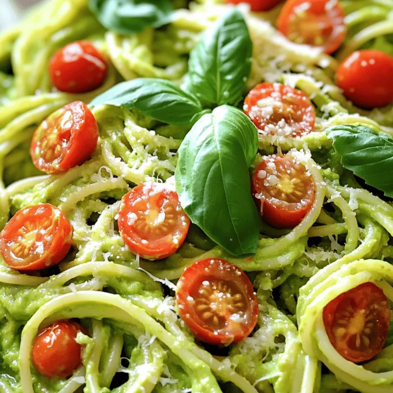 - 2 ripe avocados, pitted and peeled - 2 cups fresh basil leaves - 2 cloves garlic, minced - 2 tablespoons lemon juice - 1/4 cup olive oil - Salt and pepper to taste - 12 oz spaghetti or your choice of pasta - 1/4 cup grated Parmesan cheese (optional) - Cherry tomatoes, halved (for garnish) When I make Easy Avocado Pasta, I always start with fresh, ripe avocados. They should feel soft but firm. Next, I grab a bunch of bright green basil leaves, which add a lovely aroma. I also use garlic for a little kick. For the extra ingredients, I squeeze fresh lemon juice. This adds a bright flavor that balances the creaminess. I use high-quality olive oil for richness and depth. Simple salt and pepper bring everything together. I usually choose spaghetti, but you can use any pasta that you love. If I want to make it extra special, I sprinkle in some grated Parmesan cheese. And for a pop of color, I love adding halved cherry tomatoes on top. This dish is a perfect blend of creamy and tangy flavors. You can find the Full Recipe to get all the steps needed to make it delicious! Start by boiling a pot of salted water. Once it boils, add your pasta. Follow the package instructions for the cooking time. Remember to reserve 1 cup of pasta water before you drain the pasta. This water is key for your sauce later. Next, grab a food processor. Add in your ripe avocados, fresh basil leaves, minced garlic, lemon juice, and olive oil. Blend everything until it’s smooth and creamy. If the sauce is too thick, slowly add some of the reserved pasta water. This will help you reach a nice, creamy texture. Now, it’s time to season the avocado sauce. Add salt and pepper to taste. In a large bowl, combine the cooked pasta with the avocado sauce. Toss well to coat the pasta evenly. If the sauce needs more moisture, add a bit more reserved pasta water. For a tasty touch, mix in some grated Parmesan cheese if you like. Enjoy your creamy avocado pasta! For the full recipe, check out the details above. To make your avocado pasta even better, consider these simple tips: - Adding more lemon juice for tanginess: Lemon juice brightens the dish. If you like a zesty kick, squeeze in more lemon juice. Start with one tablespoon and taste. You can always add more if you want. - Using fresh herbs for extra flavor: Fresh herbs can change the game. Try adding parsley, cilantro, or chives. Chop them finely and mix them in. This will give your dish a fresh and vibrant taste. Getting the right consistency is key for a creamy sauce. Here’s how to do it: - How to adjust sauce thickness with pasta water: Pasta water is your secret weapon. If your sauce is thick, add a little pasta water. Mix well until you reach the creaminess you want. This makes all the difference. - Avoiding browning of avocados: Avocados can brown quickly. To prevent this, use them right away. If you have leftovers, cover the dish tightly. You can also sprinkle lemon juice on top to help keep the color fresh. These tips will help you create a creamy and flavorful avocado pasta that everyone will love. For the complete steps, check the Full Recipe. {{image_2}} To make this dish vegan, you can easily swap out the Parmesan cheese. Use nutritional yeast instead. This ingredient gives a cheesy flavor without any dairy. It works great and keeps the dish creamy. You might also want to add nuts, like cashews or pine nuts. They add richness and a nice texture. Just blend them in with the avocado for a creamy sauce that everyone will enjoy. If you need a gluten-free meal, choose gluten-free pasta like brown rice or quinoa pasta. These options cook well and taste great. They keep the dish light and tasty. To maintain the texture of the dish, make sure not to overcook the gluten-free pasta. Check it a minute or two before the package says it’s done. This way, it stays firm and delicious. Feel free to explore these variations to suit your diet. They keep the essence of the dish while offering new tastes. For the full recipe, check the link above. To keep your avocado pasta fresh, place it in an airtight container. This helps prevent the dish from absorbing odors in the fridge. I recommend storing it in the fridge within two hours of making it. This will help keep it safe to eat. Avocado pasta stays fresh for up to three days. However, the color may darken over time due to the avocados. To slow this down, add a bit of lemon juice to the top before sealing the container. When you are ready to eat the leftovers, use gentle heat to warm the pasta. A skillet works well for this. Add a splash of olive oil or pasta water. This keeps the sauce creamy and prevents it from drying out. You can also use a microwave. Place the pasta in a safe dish and cover it. Heat it for 30 seconds at a time, stirring in between. If the dish seems dry, add a bit of water. For a tasty twist, toss in fresh herbs or extra cherry tomatoes after reheating. This adds a pop of freshness back into your meal. Enjoy your creamy avocado pasta as if it were fresh! Avocado pasta stays fresh for about three days in the fridge. To store it, place the pasta in an airtight container. Cover the top with plastic wrap to limit air exposure. This helps slow down browning. If you notice any browning, you can mix in a little lemon juice before serving. This will brighten the color and taste. Yes, you can prepare this dish ahead of time. Cook the pasta and make the avocado sauce separately. Store them in the fridge in airtight containers. When you are ready to eat, mix them together. If the sauce thickens, add a bit of reserved pasta water to loosen it. This keeps the dish fresh and tasty without losing flavor. You can add many protein options to make this dish heartier. Chicken is a great choice; just grill or sauté it before adding. Chickpeas add a nice texture and flavor. Simply rinse and toss them in. Tofu is another option; pan-fry it for a crispy bite. All these additions make the avocado pasta more filling and nutritious. This blog post covered a simple and tasty avocado pasta recipe. You learned about the main ingredients and step-by-step cooking instructions. There are also tips for enhancing flavor and keeping your sauce perfect. I shared options for vegan and gluten-free versions. Finally, we discussed how to store leftovers and reheat them well. Enjoy making this healthy dish. It is easy and full of flavor. You can customize it to fit your taste. Happy cooking!