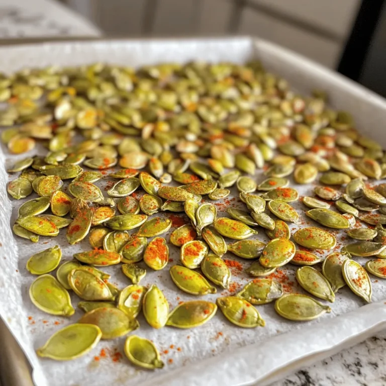 Here’s what you need to make spicy roasted pumpkin seeds: - 1 cup raw pumpkin seeds (pepitas) - 2 tablespoons olive oil - 1 teaspoon chili powder - 1/2 teaspoon paprika - 1/2 teaspoon cayenne pepper (adjust to taste) - 1/2 teaspoon garlic powder - 1/2 teaspoon salt - 1/4 teaspoon black pepper - 1 tablespoon honey (optional, for sweetness) These ingredients create a delicious snack that packs a punch. The pumpkin seeds offer a nice crunch while the spices add heat and flavor. If you like it spicy, feel free to add more cayenne pepper. If you prefer a hint of sweetness, the honey is a great choice. This recipe is easy, fun, and perfect for sharing! You can find the full recipe on the website. - Preheat the oven to 350°F (175°C). - Rinse and pat dry the pumpkin seeds. Start by preheating the oven. This helps the seeds roast evenly. Rinse the fresh pumpkin seeds under cold water to clean them. You want to remove any bits of pumpkin. After rinsing, lay the seeds on a clean towel. Gently pat them dry. This step is key for crispiness. - Combine ingredients in a mixing bowl. - Toss until well-coated. In a large mixing bowl, add the dried pumpkin seeds. Pour in olive oil, chili powder, paprika, cayenne pepper, garlic powder, salt, and black pepper. If you like a touch of sweetness, add honey now. Toss everything together. Make sure each seed gets coated well with the spices. This mixture gives the seeds their spicy kick. - Spread on a lined baking sheet. - Roast and stir periodically for even cooking. Line a baking sheet with parchment paper. This makes cleanup easy. Spread the seasoned pumpkin seeds in a single layer. Avoid overcrowding for even roasting. Place the baking sheet in the oven. Roast the seeds for 15-20 minutes. Stir every 5-7 minutes to ensure they cook evenly. Watch closely to prevent burning. When they turn golden brown and smell amazing, they are done. Remove from the oven and let them cool. Once cool, they will be crispy and ready to enjoy as a snack or topping. You can find the full recipe for this tasty treat above. To get the best crispy pumpkin seeds, check them often while roasting. The seeds can burn quickly, so I usually set a timer for every 5 minutes. Stirring helps them cook evenly. If you like more spice, add more cayenne. You can also cut back if you prefer it milder. Adjusting the seasoning is key to finding your perfect taste. If you want a hint of sweetness, try adding honey. It gives a nice contrast to the heat. You can drizzle it over the seeds before roasting. For other flavors, think about adding spices like cumin or cinnamon. These can change the whole vibe of your snack. Mixing flavors keeps things fun and interesting. For more ideas, check out the Full Recipe. {{image_2}} You can change the taste of your spicy roasted pumpkin seeds by using different spices. Try cumin for a warm, earthy flavor. Turmeric adds a bright color and a hint of bitterness. If you prefer something sweet, mix in cinnamon and sugar. It creates a lovely twist on the classic recipe. These variations keep your snack exciting and fun. To make your snack even better, mix in other nuts or seeds. Almonds or sunflower seeds add a nice crunch. You can also create a crunchy trail mix by adding dried fruits like cranberries or raisins. This mix of textures and flavors will make your snack more interesting. Plus, it’s a great way to enjoy a variety of tastes in one bowl. After you make your spicy roasted pumpkin seeds, store them in an airtight container. This keeps them fresh and crunchy. Use a glass jar or a plastic container with a tight lid. Make sure to keep them in a cool, dry place. Avoid areas with high heat or humidity, as these can make the seeds soggy. When stored properly, the spicy roasted pumpkin seeds last about two weeks. You can enjoy them as a quick snack or add them to meals. If you want to keep them longer, consider freezing them. Place the seeds in a freezer-safe bag or container. They can last for up to three months in the freezer. Just remember to let them thaw before snacking! For the full recipe, check back to the ingredients section. Yes, you can use raw pumpkin seeds for roasting. Raw seeds, also known as pepitas, work very well. They have a great texture and flavor when roasted. Just make sure to rinse them if they are fresh from the pumpkin. This removes any leftover pulp. Dry them well before seasoning. You can easily adjust the spice level to fit your taste. If you like things mild, use less cayenne pepper or skip it entirely. For more heat, add extra cayenne or even some hot sauce. You can also try spices like cumin or smoked paprika. These will add depth without making it too hot. Pumpkin seeds are packed with nutrients. They are rich in magnesium, zinc, and healthy fats. These seeds also provide a good amount of protein. Eating pumpkin seeds may help improve heart health and support your immune system. Plus, they are full of antioxidants, which are great for your body. This blog outlined a simple way to roast pumpkin seeds. We covered ingredients, cooking steps, and storage tips. You now know how to season and customize your seeds for any taste. Remember, you can mix in nuts or try different spices for a fun twist. Store them well, and they’ll last longer. Enjoy your roasted seeds as a healthy snack or topping!