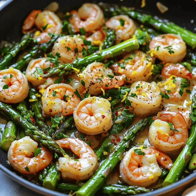 To make Garlic Butter Shrimp and Asparagus, you need just a few simple ingredients. Each one adds flavor and texture to the dish. Here’s what you’ll need: - 1 pound large shrimp, peeled and deveined - 1 bunch asparagus, trimmed and cut into 2-inch pieces - 4 tablespoons unsalted butter - 4 cloves garlic, minced - 1 teaspoon red pepper flakes (optional) - Zest of 1 lemon - 2 tablespoons fresh lemon juice - Salt and pepper, to taste - Fresh parsley, chopped (for garnish) These ingredients come together to create a tasty weeknight meal. The shrimp provides protein, and asparagus adds crunch. The garlic and butter give it a rich flavor. Lemon zest and juice brighten the dish, while parsley adds a fresh touch. When you gather these ingredients, think about the freshness. Fresh shrimp and asparagus make a big difference. Use good quality butter for the best taste. You can find the full recipe in the section above. - Melt butter and sauté garlic. - Cook shrimp until pink. - Add asparagus and remaining butter. To start, I melt two tablespoons of butter in a large skillet over medium heat. Once the butter is hot, I add minced garlic. I sauté it for about one minute until it smells great. Next, I add the shrimp to the skillet in a single layer. I season them with salt, pepper, and red pepper flakes if I want some heat. I cook the shrimp for 2-3 minutes, flipping them halfway, until they turn pink. After the shrimp nearly cooks through, I push them to one side of the skillet. I then add asparagus to the other side. I add the last two tablespoons of butter to the asparagus. I stir it to coat the pieces in butter. I let it cook for 4-5 minutes until the asparagus is tender but still crisp. I stir occasionally to make sure everything cooks evenly. - Mix shrimp with asparagus. - Incorporate lemon zest and juice. - Adjust seasoning to taste. Once the shrimp and asparagus are both cooked, I mix them together in the skillet. I then add lemon zest and lemon juice for brightness. This step makes the dish pop with flavor. I toss everything to combine well and cook for another minute until heated through. Finally, I taste the dish and adjust the seasoning with more salt and pepper if needed. - Recommended heat levels. - Cooking times for optimal texture. For best results, I keep the heat at medium to cook the shrimp and asparagus evenly. Cooking shrimp takes about 2-3 minutes until it turns pink. For asparagus, I recommend around 4-5 minutes. This timing keeps the vegetables crisp-tender. If you follow these steps, your Garlic Butter Shrimp and Asparagus will be a tasty weeknight dish that everyone loves. You can find the Full Recipe for more details. To know when shrimp is done, look for a pink color. The shrimp should curl into a C shape. If it’s straight, it is overcooked. Aim for 2-3 minutes on each side. This keeps shrimp juicy and tender. Use a timer to avoid guesswork. For crisp-tender asparagus, cook for about 4-5 minutes. It should be bright green and still firm. Start with fresh asparagus. Trim the ends for better texture. You can snap them off using your hands. This method removes the tough part easily. Try adding fresh herbs like basil or thyme for extra taste. You can also sprinkle some lemon zest on top for brightness. Serve the dish on a colorful plate. Garnish with parsley for a pop of color. This makes your meal more appealing and fun to eat. For the full recipe, check the link above. {{image_2}} You can switch shrimp for chicken or tofu. Chicken gives a hearty feel. Tofu is great for a meatless meal. If using chicken, cut it into bite-sized pieces. Cook it for about 6-8 minutes until fully cooked. If using tofu, use firm tofu and cook it for about 5-7 minutes. This keeps it crispy and delicious. Feel free to add other veggies to your dish. Bell peppers and snap peas work well. They add color and crunch. You can also use mushrooms or zucchini. Just remember to adjust cooking times. For bell peppers, add them with the shrimp. Cook for about 3-4 minutes. For snap peas, toss them in with the asparagus. Cook for 2-3 minutes for a nice bite. Try adding different herbs or spices for a new flavor. Basil or thyme can give a nice twist. You can also add some lemon pepper for extra zing. Using flavored oils or butters can change the taste too. Garlic-infused oil adds depth, while lemon butter gives a fresh touch. Experimenting can make this dish exciting every time you cook it! For the complete recipe, check out the [Full Recipe]. To keep Garlic Butter Shrimp and Asparagus fresh, place leftovers in an airtight container. This helps lock in moisture and flavor. Store the dish in the fridge, where it will last for 2-3 days. If you want to enjoy it later, make sure to refrigerate it as soon as possible after cooking. You can freeze this dish, but keep in mind that shrimp can change texture. To freeze, place the cooled dish in a freezer-safe container. Be sure to remove as much air as possible. It will keep well for about 2-3 months. When you are ready to eat it, thaw it overnight in the fridge. When reheating your Garlic Butter Shrimp and Asparagus, I recommend these methods: - Microwave: Place it in a microwave-safe dish. Heat in short bursts, stirring in between, to avoid uneven cooking. - Stovetop: Heat in a skillet over low heat. Stir gently until warmed through. - Oven: Preheat the oven to 350°F. Place the dish in an oven-safe pan and cover with foil. Heat for about 15-20 minutes. These methods help keep your shrimp and asparagus tasty and enjoyable! Yes, you can use frozen shrimp. In fact, frozen shrimp can be just as good as fresh! To use frozen shrimp, you’ll want to thaw them first. Place them in the fridge overnight or run them under cold water for a quick thaw. After thawing, pat them dry. This helps the shrimp cook evenly and avoids excess water in your dish. Fresh shrimp should look moist and glossy. Look for a slight sheen on the shells. The flesh should be firm and not slimy. If you notice a strong fishy smell, it’s best to avoid that shrimp. Fresh shrimp should smell mild and sweet, like the ocean. You have many tasty options! Garlic Butter Shrimp and Asparagus pairs well with: - Rice - Quinoa - Pasta - Crusty bread You can also serve it with a fresh salad or steamed vegetables for a healthy side. Yes, this dish is perfect for meal prep. You can cook a big batch and store it in the fridge. Just keep the shrimp and asparagus in an airtight container. They will stay fresh for about three days. When you're ready to eat, reheat it in the microwave or on the stove. This dish also tastes great warm or at room temperature. For the full recipe, check out the details above! This blog post covered the essentials for making Garlic Butter Shrimp and Asparagus. You learned about the ingredients, step-by-step prep, and cooking tips. I provided variations to customize your dish and storage guidelines for leftovers. Remember, cooking shrimp is all about timing, and fresh ingredients make a big difference. I hope these tips help you create a meal that's tasty and memorable. Enjoy your cooking adventure!