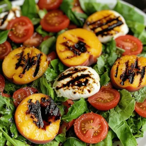 For this fresh and tasty grilled peach caprese salad, gather these ingredients: - 2 ripe peaches, halved and pitted - 8 ounces fresh mozzarella, sliced - 2 cups mixed greens (like arugula, spinach, or baby kale) - 1 cup cherry tomatoes, halved - 1/4 cup fresh basil leaves, torn To enhance the flavors, use these seasonings and dressings: - 2 tablespoons balsamic glaze - 1 tablespoon olive oil - Salt and pepper to taste You will need some key tools: - A grill or grill pan - A brush for oiling the peaches - A sharp knife for slicing - A large serving platter to arrange the salad This simple list will help you create a vibrant dish. The mix of sweet peaches and creamy mozzarella makes this salad shine. You can find the full recipe in our guide. Start by preheating your grill to medium-high heat. This step is key for good grill marks. Cut the peaches in half and remove the pits. Brush the cut sides with olive oil. This helps the peaches not stick to the grill. Place the peach halves cut side down on the grill. Grill them for about 3-4 minutes. You'll know they are ready when you see nice grill marks and they feel a bit soft. Once done, take them off the grill and let them cool for a minute. Take a large serving platter. Arrange the mixed greens as a nice bed for your salad. Next, place the grilled peach halves on top. Spread them out evenly for a lovely look. Add the fresh mozzarella slices next. Scatter the cherry tomato halves around the peaches. Finally, sprinkle the torn basil leaves over the top. This adds a fresh touch. Drizzle the balsamic glaze over the whole salad. Finish with a sprinkle of salt and pepper to taste. Serve the salad right away for the best flavor. You can also chill it slightly if you prefer. Pair it with grilled chicken or fish for a complete meal. This salad makes a great side dish too. For a fun twist, add some nuts or seeds for extra crunch. Enjoy the balance of sweet peaches and creamy mozzarella! For the full recipe, check out the [Full Recipe]. To get those beautiful grill marks, start with ripe peaches. Choose peaches that are firm but yield slightly to pressure. Brush the cut sides with olive oil. This keeps them from sticking to the grill. Preheat your grill to medium-high heat. Place the peaches cut side down. Grill them for 3-4 minutes. You’ll see lovely marks form, and they will soften just right. Flip them only if needed. Fresh mozzarella is key for this dish. Look for mozzarella packed in water or brine. This keeps it moist and flavorful. The texture should be soft and slightly springy. You can tear it into pieces for a rustic look. Aim for a good balance between peach sweetness and mozzarella creaminess. It enhances the overall taste of the salad. Add depth to your salad with a few simple extras. A sprinkle of salt brings out the peach flavor. Fresh basil adds a nice aroma and taste. For a bit of heat, consider adding sliced jalapeños. Drizzle with balsamic glaze to balance the sweetness. If you want more crunch, toss in some nuts like walnuts or pistachios. These pair well with the soft mozzarella and juicy peaches. For the full recipe, check out the details above. {{image_2}} You can change this salad based on what’s fresh and in season. Try using nectarines instead of peaches for a different taste. In fall, add sliced apples or pears for sweetness. In winter, you might want to use roasted butternut squash. This gives a warm touch to the dish. Each swap brings new flavors and fun to your table. If you want a vegan version, swap the mozzarella with vegan cheese or avocado slices. Both options add creaminess. You can also use a nut-based cheese for a rich flavor. Make sure the balsamic glaze is vegan too, as some contain honey. This way, everyone can enjoy the salad without missing out. Want to add more zest? Try adding prosciutto or crispy bacon for a savory bite. Nuts, like sliced almonds or walnuts, give a nice crunch and healthy fats. A sprinkle of chili flakes can add a kick if you like spice. You can mix and match these options to create your own unique twist on the grilled peach Caprese salad. For the full recipe, check out the entire process above! If you have leftover Grilled Peach Caprese Salad, store it right. First, let the salad cool to room temperature. Then, place it in a container. Keep the dressing separate if possible. This helps keep the greens crisp. You can use this salad within two days for the best taste. Choose an airtight container for storage. Glass containers work well and do not retain odors. Plastic containers are also fine, but make sure they seal tightly. Avoid storing in a bowl covered with plastic wrap. This can let air in and spoil your salad faster. The shelf life of your salad depends on the ingredients. Grilled peaches can last up to three days in the fridge. Fresh mozzarella should be used within two days. Mixed greens are best consumed within one day. Always check for any signs of spoilage before eating. Enjoy your delicious salad while it’s fresh! Yes, you can make the salad ahead of time. I suggest grilling the peaches just before serving. If you grill them too early, they may lose some of their charm. You can prepare the salad base, like mixed greens and tomatoes, and store them in the fridge. Just add the peaches and drizzle the glaze when you are ready to eat. If you do not have balsamic glaze, you can use balsamic vinegar instead. Just drizzle a bit more to get that sweet flavor. Honey or maple syrup can also work in a pinch. Mix them with some olive oil for a tasty dressing. This will add a new twist to your salad. To find ripe peaches, look for a sweet smell and a slight softness. If the peach gives a bit when you press it gently, it is ready. Avoid hard peaches, as they will not grill well. Choose peaches with a golden hue and a bit of redness for the best flavor. In this article, we explored how to make a delicious peach salad. We covered the best fresh ingredients, seasonings, and tools you need for success. You learned step-by-step how to prepare and serve your salad. We also shared tips for perfect grill marks and flavor pairings. Don’t forget to try the variations for a unique touch. Finally, proper storage keeps leftovers fresh and tasty. Enjoy creating this bright dish that anyone can love!