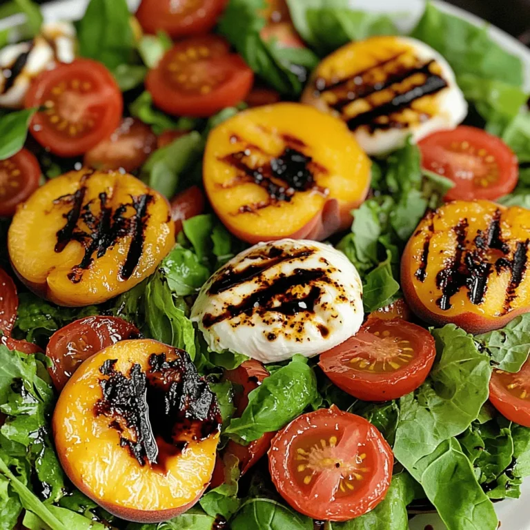 For this fresh and tasty grilled peach caprese salad, gather these ingredients: - 2 ripe peaches, halved and pitted - 8 ounces fresh mozzarella, sliced - 2 cups mixed greens (like arugula, spinach, or baby kale) - 1 cup cherry tomatoes, halved - 1/4 cup fresh basil leaves, torn To enhance the flavors, use these seasonings and dressings: - 2 tablespoons balsamic glaze - 1 tablespoon olive oil - Salt and pepper to taste You will need some key tools: - A grill or grill pan - A brush for oiling the peaches - A sharp knife for slicing - A large serving platter to arrange the salad This simple list will help you create a vibrant dish. The mix of sweet peaches and creamy mozzarella makes this salad shine. You can find the full recipe in our guide. Start by preheating your grill to medium-high heat. This step is key for good grill marks. Cut the peaches in half and remove the pits. Brush the cut sides with olive oil. This helps the peaches not stick to the grill. Place the peach halves cut side down on the grill. Grill them for about 3-4 minutes. You'll know they are ready when you see nice grill marks and they feel a bit soft. Once done, take them off the grill and let them cool for a minute. Take a large serving platter. Arrange the mixed greens as a nice bed for your salad. Next, place the grilled peach halves on top. Spread them out evenly for a lovely look. Add the fresh mozzarella slices next. Scatter the cherry tomato halves around the peaches. Finally, sprinkle the torn basil leaves over the top. This adds a fresh touch. Drizzle the balsamic glaze over the whole salad. Finish with a sprinkle of salt and pepper to taste. Serve the salad right away for the best flavor. You can also chill it slightly if you prefer. Pair it with grilled chicken or fish for a complete meal. This salad makes a great side dish too. For a fun twist, add some nuts or seeds for extra crunch. Enjoy the balance of sweet peaches and creamy mozzarella! For the full recipe, check out the [Full Recipe]. To get those beautiful grill marks, start with ripe peaches. Choose peaches that are firm but yield slightly to pressure. Brush the cut sides with olive oil. This keeps them from sticking to the grill. Preheat your grill to medium-high heat. Place the peaches cut side down. Grill them for 3-4 minutes. You’ll see lovely marks form, and they will soften just right. Flip them only if needed. Fresh mozzarella is key for this dish. Look for mozzarella packed in water or brine. This keeps it moist and flavorful. The texture should be soft and slightly springy. You can tear it into pieces for a rustic look. Aim for a good balance between peach sweetness and mozzarella creaminess. It enhances the overall taste of the salad. Add depth to your salad with a few simple extras. A sprinkle of salt brings out the peach flavor. Fresh basil adds a nice aroma and taste. For a bit of heat, consider adding sliced jalapeños. Drizzle with balsamic glaze to balance the sweetness. If you want more crunch, toss in some nuts like walnuts or pistachios. These pair well with the soft mozzarella and juicy peaches. For the full recipe, check out the details above. {{image_2}} You can change this salad based on what’s fresh and in season. Try using nectarines instead of peaches for a different taste. In fall, add sliced apples or pears for sweetness. In winter, you might want to use roasted butternut squash. This gives a warm touch to the dish. Each swap brings new flavors and fun to your table. If you want a vegan version, swap the mozzarella with vegan cheese or avocado slices. Both options add creaminess. You can also use a nut-based cheese for a rich flavor. Make sure the balsamic glaze is vegan too, as some contain honey. This way, everyone can enjoy the salad without missing out. Want to add more zest? Try adding prosciutto or crispy bacon for a savory bite. Nuts, like sliced almonds or walnuts, give a nice crunch and healthy fats. A sprinkle of chili flakes can add a kick if you like spice. You can mix and match these options to create your own unique twist on the grilled peach Caprese salad. For the full recipe, check out the entire process above! If you have leftover Grilled Peach Caprese Salad, store it right. First, let the salad cool to room temperature. Then, place it in a container. Keep the dressing separate if possible. This helps keep the greens crisp. You can use this salad within two days for the best taste. Choose an airtight container for storage. Glass containers work well and do not retain odors. Plastic containers are also fine, but make sure they seal tightly. Avoid storing in a bowl covered with plastic wrap. This can let air in and spoil your salad faster. The shelf life of your salad depends on the ingredients. Grilled peaches can last up to three days in the fridge. Fresh mozzarella should be used within two days. Mixed greens are best consumed within one day. Always check for any signs of spoilage before eating. Enjoy your delicious salad while it’s fresh! Yes, you can make the salad ahead of time. I suggest grilling the peaches just before serving. If you grill them too early, they may lose some of their charm. You can prepare the salad base, like mixed greens and tomatoes, and store them in the fridge. Just add the peaches and drizzle the glaze when you are ready to eat. If you do not have balsamic glaze, you can use balsamic vinegar instead. Just drizzle a bit more to get that sweet flavor. Honey or maple syrup can also work in a pinch. Mix them with some olive oil for a tasty dressing. This will add a new twist to your salad. To find ripe peaches, look for a sweet smell and a slight softness. If the peach gives a bit when you press it gently, it is ready. Avoid hard peaches, as they will not grill well. Choose peaches with a golden hue and a bit of redness for the best flavor. In this article, we explored how to make a delicious peach salad. We covered the best fresh ingredients, seasonings, and tools you need for success. You learned step-by-step how to prepare and serve your salad. We also shared tips for perfect grill marks and flavor pairings. Don’t forget to try the variations for a unique touch. Finally, proper storage keeps leftovers fresh and tasty. Enjoy creating this bright dish that anyone can love!