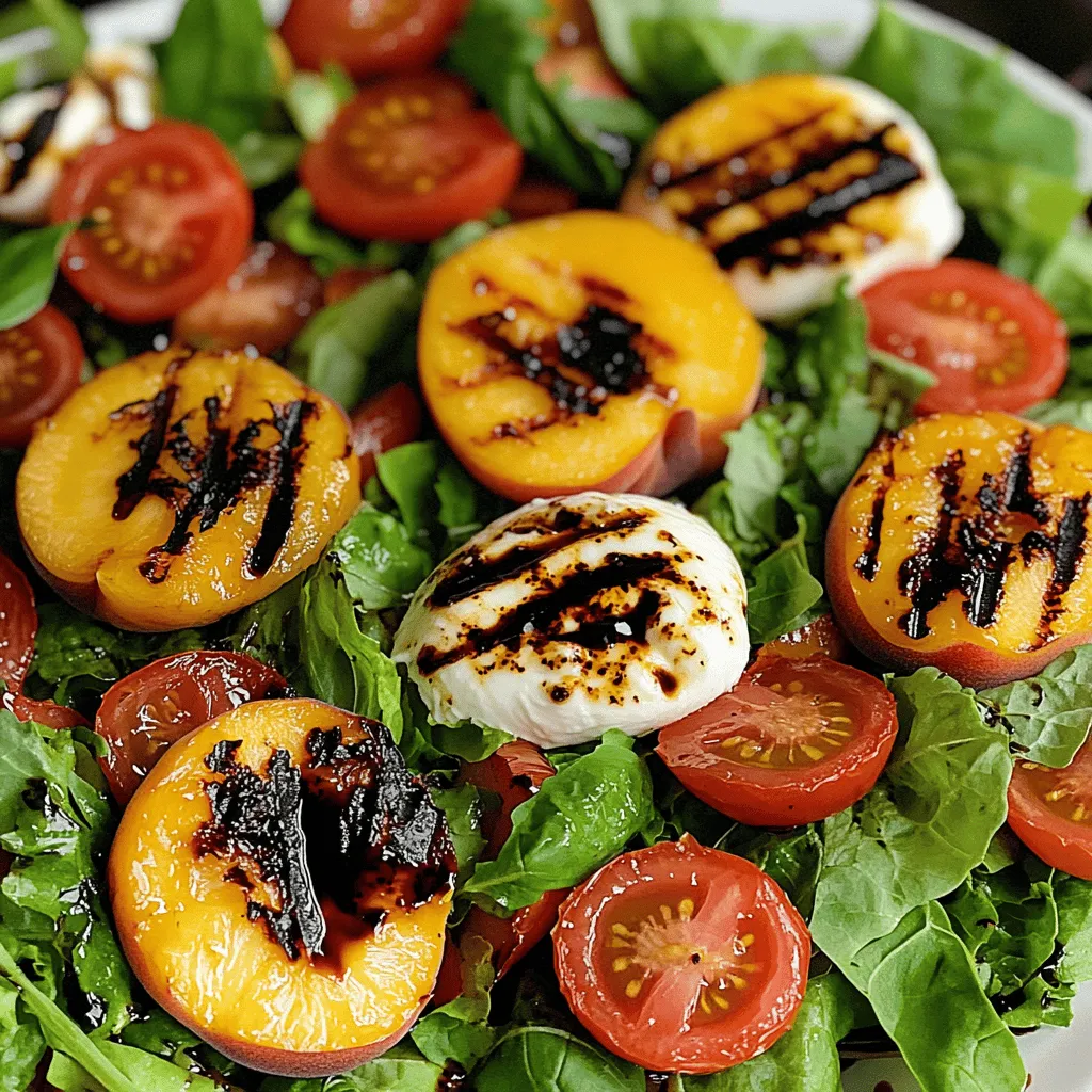 For this fresh and tasty grilled peach caprese salad, gather these ingredients: - 2 ripe peaches, halved and pitted - 8 ounces fresh mozzarella, sliced - 2 cups mixed greens (like arugula, spinach, or baby kale) - 1 cup cherry tomatoes, halved - 1/4 cup fresh basil leaves, torn To enhance the flavors, use these seasonings and dressings: - 2 tablespoons balsamic glaze - 1 tablespoon olive oil - Salt and pepper to taste You will need some key tools: - A grill or grill pan - A brush for oiling the peaches - A sharp knife for slicing - A large serving platter to arrange the salad This simple list will help you create a vibrant dish. The mix of sweet peaches and creamy mozzarella makes this salad shine. You can find the full recipe in our guide. Start by preheating your grill to medium-high heat. This step is key for good grill marks. Cut the peaches in half and remove the pits. Brush the cut sides with olive oil. This helps the peaches not stick to the grill. Place the peach halves cut side down on the grill. Grill them for about 3-4 minutes. You'll know they are ready when you see nice grill marks and they feel a bit soft. Once done, take them off the grill and let them cool for a minute. Take a large serving platter. Arrange the mixed greens as a nice bed for your salad. Next, place the grilled peach halves on top. Spread them out evenly for a lovely look. Add the fresh mozzarella slices next. Scatter the cherry tomato halves around the peaches. Finally, sprinkle the torn basil leaves over the top. This adds a fresh touch. Drizzle the balsamic glaze over the whole salad. Finish with a sprinkle of salt and pepper to taste. Serve the salad right away for the best flavor. You can also chill it slightly if you prefer. Pair it with grilled chicken or fish for a complete meal. This salad makes a great side dish too. For a fun twist, add some nuts or seeds for extra crunch. Enjoy the balance of sweet peaches and creamy mozzarella! For the full recipe, check out the [Full Recipe]. To get those beautiful grill marks, start with ripe peaches. Choose peaches that are firm but yield slightly to pressure. Brush the cut sides with olive oil. This keeps them from sticking to the grill. Preheat your grill to medium-high heat. Place the peaches cut side down. Grill them for 3-4 minutes. You’ll see lovely marks form, and they will soften just right. Flip them only if needed. Fresh mozzarella is key for this dish. Look for mozzarella packed in water or brine. This keeps it moist and flavorful. The texture should be soft and slightly springy. You can tear it into pieces for a rustic look. Aim for a good balance between peach sweetness and mozzarella creaminess. It enhances the overall taste of the salad. Add depth to your salad with a few simple extras. A sprinkle of salt brings out the peach flavor. Fresh basil adds a nice aroma and taste. For a bit of heat, consider adding sliced jalapeños. Drizzle with balsamic glaze to balance the sweetness. If you want more crunch, toss in some nuts like walnuts or pistachios. These pair well with the soft mozzarella and juicy peaches. For the full recipe, check out the details above. {{image_2}} You can change this salad based on what’s fresh and in season. Try using nectarines instead of peaches for a different taste. In fall, add sliced apples or pears for sweetness. In winter, you might want to use roasted butternut squash. This gives a warm touch to the dish. Each swap brings new flavors and fun to your table. If you want a vegan version, swap the mozzarella with vegan cheese or avocado slices. Both options add creaminess. You can also use a nut-based cheese for a rich flavor. Make sure the balsamic glaze is vegan too, as some contain honey. This way, everyone can enjoy the salad without missing out. Want to add more zest? Try adding prosciutto or crispy bacon for a savory bite. Nuts, like sliced almonds or walnuts, give a nice crunch and healthy fats. A sprinkle of chili flakes can add a kick if you like spice. You can mix and match these options to create your own unique twist on the grilled peach Caprese salad. For the full recipe, check out the entire process above! If you have leftover Grilled Peach Caprese Salad, store it right. First, let the salad cool to room temperature. Then, place it in a container. Keep the dressing separate if possible. This helps keep the greens crisp. You can use this salad within two days for the best taste. Choose an airtight container for storage. Glass containers work well and do not retain odors. Plastic containers are also fine, but make sure they seal tightly. Avoid storing in a bowl covered with plastic wrap. This can let air in and spoil your salad faster. The shelf life of your salad depends on the ingredients. Grilled peaches can last up to three days in the fridge. Fresh mozzarella should be used within two days. Mixed greens are best consumed within one day. Always check for any signs of spoilage before eating. Enjoy your delicious salad while it’s fresh! Yes, you can make the salad ahead of time. I suggest grilling the peaches just before serving. If you grill them too early, they may lose some of their charm. You can prepare the salad base, like mixed greens and tomatoes, and store them in the fridge. Just add the peaches and drizzle the glaze when you are ready to eat. If you do not have balsamic glaze, you can use balsamic vinegar instead. Just drizzle a bit more to get that sweet flavor. Honey or maple syrup can also work in a pinch. Mix them with some olive oil for a tasty dressing. This will add a new twist to your salad. To find ripe peaches, look for a sweet smell and a slight softness. If the peach gives a bit when you press it gently, it is ready. Avoid hard peaches, as they will not grill well. Choose peaches with a golden hue and a bit of redness for the best flavor. In this article, we explored how to make a delicious peach salad. We covered the best fresh ingredients, seasonings, and tools you need for success. You learned step-by-step how to prepare and serve your salad. We also shared tips for perfect grill marks and flavor pairings. Don’t forget to try the variations for a unique touch. Finally, proper storage keeps leftovers fresh and tasty. Enjoy creating this bright dish that anyone can love!
