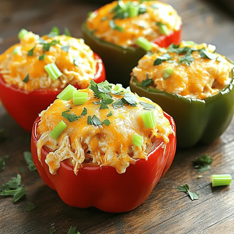 - 4 large bell peppers - 2 cups cooked chicken, shredded - 1/2 cup buffalo sauce - 1/2 cup cream cheese - 1 cup shredded cheddar cheese - 1/2 cup celery, finely chopped - 1/4 cup green onions, sliced - Fresh parsley for garnish - Salt and pepper to taste The ingredients for Buffalo Chicken Stuffed Peppers are simple and fun to work with. Start with four large bell peppers. These can be any color you like. Next, use two cups of cooked chicken, shredded well. This can be leftover chicken or even rotisserie chicken for ease. Now, for the star of the show: the buffalo sauce. You need half a cup, but feel free to adjust it based on how spicy you want your dish. Then, add half a cup of cream cheese. This makes the filling creamy and rich. Next, grab a cup of shredded cheddar cheese. This cheese will melt beautifully and top off your stuffed peppers. For optional crunch and flavor, consider adding half a cup of finely chopped celery and a quarter cup of sliced green onions. These add freshness and texture to the filling. Finally, don't forget salt and pepper to taste. This enhances all the flavors. If you want to make your dish pop, garnish with fresh parsley before serving. For the full recipe, check out the [Full Recipe]. - Preheat the oven to 375°F (190°C). - Cut the tops off the bell peppers and remove the seeds and membranes. Set them aside. - In a large bowl, combine the shredded chicken with the buffalo sauce. - Add the softened cream cheese and 1 cup of shredded cheddar cheese. - Toss in the finely chopped celery and sliced green onions. - Mix until everything is well combined. Season with salt and pepper to taste. - Spoon the buffalo chicken mixture into each prepared bell pepper. Pack it in generously. - Place the stuffed peppers upright in a baking dish. Cover them with foil. - Bake in the preheated oven for 25 minutes. - After 25 minutes, remove the foil. Sprinkle the remaining cheddar cheese on top. - Bake for an additional 10-15 minutes until the cheese is bubbly and golden. - Let them cool for a few minutes before serving. - If you like, garnish with fresh parsley before serving. For the full recipe, check out the details above. Enjoy your meal! To make the perfect spicy filling, adjust the buffalo sauce. If you want more heat, add more sauce. For milder flavors, use less sauce. The right amount can make or break your dish! Also, think about cheese. You can use different types like mozzarella or pepper jack. They can change the flavor and spice level. Check the doneness of your peppers while cooking. They should be tender but not mushy. A fork can help test them. Covering the peppers with foil keeps them moist and helps cook evenly. After some time, you can remove the foil to let the cheese get bubbly and golden. Garnishing with fresh parsley adds color and a fresh taste. It makes your dish look appealing. You can serve the stuffed peppers on a nice plate or in a bowl for a cozy meal. Pair them with a side salad or some crunchy veggies to round out your dinner. For more details, check the Full Recipe. {{image_2}} You can switch up the protein in your stuffed peppers. Ground turkey works well. It has a mild flavor that blends nicely with buffalo sauce. Use a 1:1 ratio when swapping it in. Rotisserie chicken is another great option. It saves time and adds flavor. Shred the chicken and mix it with the buffalo sauce, just like in the full recipe. This gives your dish a tasty and easy twist. Adding veggies can boost nutrition and flavor. Black beans are a good choice. They add protein and fiber. Just rinse and drain them before mixing. Quinoa can add a nice texture. Cook it according to package instructions and fold it into the filling. This makes your peppers heartier and more satisfying. You can mix and match these options to fit your tastes. Switching sauces can change the whole dish. Try BBQ sauce instead of buffalo sauce for a sweet twist. Just use the same amount so the filling stays creamy. You can also experiment with other hot sauces. If you like it spicy, go for a habanero sauce. For a milder touch, try a sriracha or even a chipotle sauce. Each sauce brings its own flavor, making your stuffed peppers unique every time. To keep your buffalo chicken stuffed peppers fresh, use airtight containers. Glass containers work best, as they do not absorb smells. Plastic containers are good too, but ensure they are BPA-free. Store your leftovers in the fridge. They last for about three days. You can reheat your stuffed peppers in the oven or microwave. The oven gives the best taste. Preheat your oven to 350°F (175°C). Place the peppers in an oven-safe dish and cover with foil. Heat for about 15-20 minutes. If using a microwave, place the stuffed pepper on a microwave-safe plate. Heat for two to three minutes, checking every minute. To freeze stuffed peppers, cool them first. Wrap each pepper in plastic wrap and then in foil. This helps prevent freezer burn. Store them in a freezer bag for extra protection. They can last up to three months. To thaw, place them in the fridge overnight. Reheat as mentioned above. Enjoy your buffalo chicken stuffed peppers fresh out of the oven! For the full recipe, check the earlier section. To make Buffalo Chicken Stuffed Peppers vegan, you can use several substitutes. Instead of chicken, try shredded jackfruit or tofu. For cheese, use vegan cream cheese and shredded vegan cheese. These swaps keep the dish creamy and flavorful while fitting a vegan diet. You can still use buffalo sauce because many brands are vegan-friendly. This way, you enjoy the same spicy kick without animal products. Yes, you can prepare these stuffed peppers ahead of time. Mix the filling and stuff the peppers a day before. Cover them well and store them in the fridge. When ready to cook, take them out and bake as directed. You may need to adjust the baking time if they are cold from the fridge. This makes meal prep easy and quick for busy days. Buffalo Chicken Stuffed Peppers taste great with fresh sides. Here are some ideas: - Simple Green Salad: A mix of greens, tomatoes, and cucumbers. - Veggie Sticks: Carrots and celery with ranch or blue cheese dip. - Rice or Quinoa: A flavorful grain to balance the spice. - Corn on the Cob: Sweet corn adds a nice touch. These sides make your meal complete and delicious! For the full recipe, check out the detailed instructions above. You now know how to make Buffalo Chicken Stuffed Peppers, plus some great tips. Remember to use the right mix of flavors and adjust spices to your taste. Don't forget the fun in trying new ingredients and variations. Enjoy your meal and share it with others! This dish is simple to make, and leftovers can be stored well. Get creative and have fun in the kitchen!