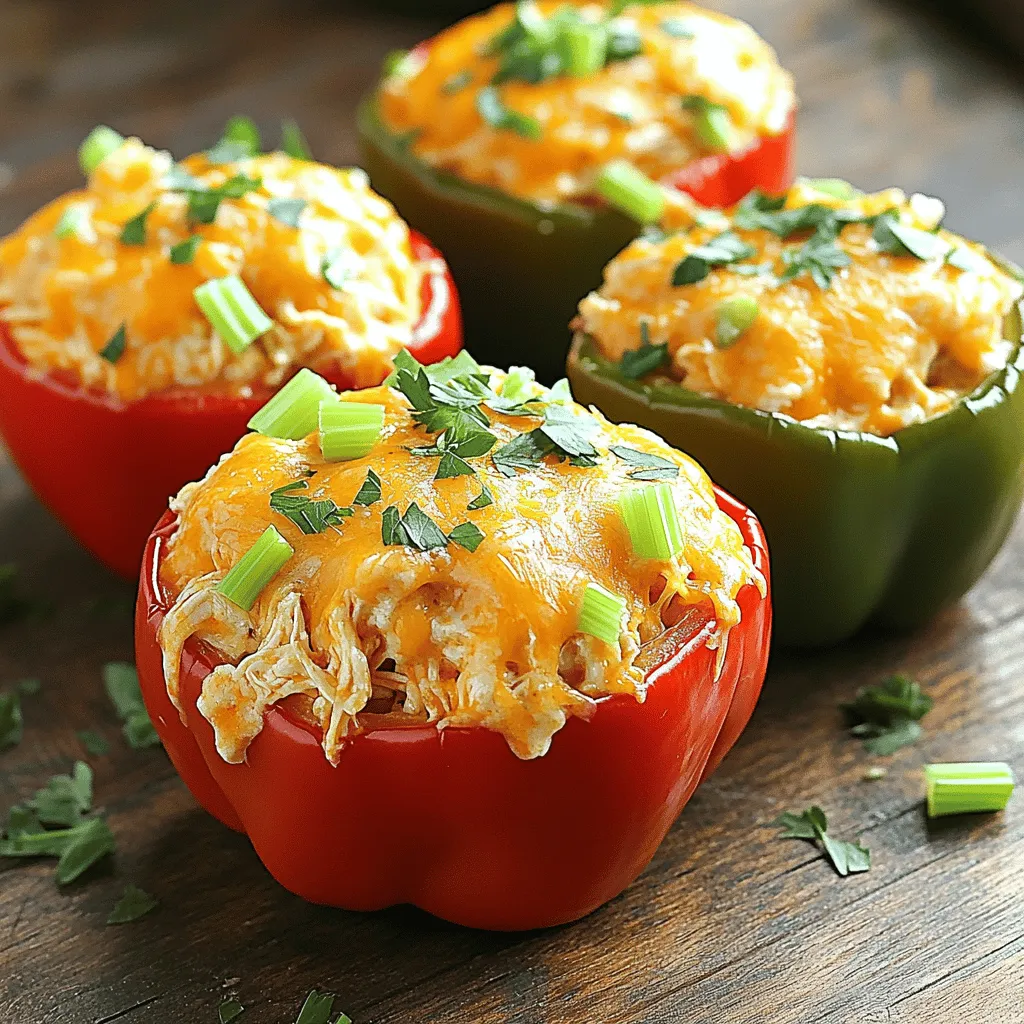 - 4 large bell peppers - 2 cups cooked chicken, shredded - 1/2 cup buffalo sauce - 1/2 cup cream cheese - 1 cup shredded cheddar cheese - 1/2 cup celery, finely chopped - 1/4 cup green onions, sliced - Fresh parsley for garnish - Salt and pepper to taste The ingredients for Buffalo Chicken Stuffed Peppers are simple and fun to work with. Start with four large bell peppers. These can be any color you like. Next, use two cups of cooked chicken, shredded well. This can be leftover chicken or even rotisserie chicken for ease. Now, for the star of the show: the buffalo sauce. You need half a cup, but feel free to adjust it based on how spicy you want your dish. Then, add half a cup of cream cheese. This makes the filling creamy and rich. Next, grab a cup of shredded cheddar cheese. This cheese will melt beautifully and top off your stuffed peppers. For optional crunch and flavor, consider adding half a cup of finely chopped celery and a quarter cup of sliced green onions. These add freshness and texture to the filling. Finally, don't forget salt and pepper to taste. This enhances all the flavors. If you want to make your dish pop, garnish with fresh parsley before serving. For the full recipe, check out the [Full Recipe]. - Preheat the oven to 375°F (190°C). - Cut the tops off the bell peppers and remove the seeds and membranes. Set them aside. - In a large bowl, combine the shredded chicken with the buffalo sauce. - Add the softened cream cheese and 1 cup of shredded cheddar cheese. - Toss in the finely chopped celery and sliced green onions. - Mix until everything is well combined. Season with salt and pepper to taste. - Spoon the buffalo chicken mixture into each prepared bell pepper. Pack it in generously. - Place the stuffed peppers upright in a baking dish. Cover them with foil. - Bake in the preheated oven for 25 minutes. - After 25 minutes, remove the foil. Sprinkle the remaining cheddar cheese on top. - Bake for an additional 10-15 minutes until the cheese is bubbly and golden. - Let them cool for a few minutes before serving. - If you like, garnish with fresh parsley before serving. For the full recipe, check out the details above. Enjoy your meal! To make the perfect spicy filling, adjust the buffalo sauce. If you want more heat, add more sauce. For milder flavors, use less sauce. The right amount can make or break your dish! Also, think about cheese. You can use different types like mozzarella or pepper jack. They can change the flavor and spice level. Check the doneness of your peppers while cooking. They should be tender but not mushy. A fork can help test them. Covering the peppers with foil keeps them moist and helps cook evenly. After some time, you can remove the foil to let the cheese get bubbly and golden. Garnishing with fresh parsley adds color and a fresh taste. It makes your dish look appealing. You can serve the stuffed peppers on a nice plate or in a bowl for a cozy meal. Pair them with a side salad or some crunchy veggies to round out your dinner. For more details, check the Full Recipe. {{image_2}} You can switch up the protein in your stuffed peppers. Ground turkey works well. It has a mild flavor that blends nicely with buffalo sauce. Use a 1:1 ratio when swapping it in. Rotisserie chicken is another great option. It saves time and adds flavor. Shred the chicken and mix it with the buffalo sauce, just like in the full recipe. This gives your dish a tasty and easy twist. Adding veggies can boost nutrition and flavor. Black beans are a good choice. They add protein and fiber. Just rinse and drain them before mixing. Quinoa can add a nice texture. Cook it according to package instructions and fold it into the filling. This makes your peppers heartier and more satisfying. You can mix and match these options to fit your tastes. Switching sauces can change the whole dish. Try BBQ sauce instead of buffalo sauce for a sweet twist. Just use the same amount so the filling stays creamy. You can also experiment with other hot sauces. If you like it spicy, go for a habanero sauce. For a milder touch, try a sriracha or even a chipotle sauce. Each sauce brings its own flavor, making your stuffed peppers unique every time. To keep your buffalo chicken stuffed peppers fresh, use airtight containers. Glass containers work best, as they do not absorb smells. Plastic containers are good too, but ensure they are BPA-free. Store your leftovers in the fridge. They last for about three days. You can reheat your stuffed peppers in the oven or microwave. The oven gives the best taste. Preheat your oven to 350°F (175°C). Place the peppers in an oven-safe dish and cover with foil. Heat for about 15-20 minutes. If using a microwave, place the stuffed pepper on a microwave-safe plate. Heat for two to three minutes, checking every minute. To freeze stuffed peppers, cool them first. Wrap each pepper in plastic wrap and then in foil. This helps prevent freezer burn. Store them in a freezer bag for extra protection. They can last up to three months. To thaw, place them in the fridge overnight. Reheat as mentioned above. Enjoy your buffalo chicken stuffed peppers fresh out of the oven! For the full recipe, check the earlier section. To make Buffalo Chicken Stuffed Peppers vegan, you can use several substitutes. Instead of chicken, try shredded jackfruit or tofu. For cheese, use vegan cream cheese and shredded vegan cheese. These swaps keep the dish creamy and flavorful while fitting a vegan diet. You can still use buffalo sauce because many brands are vegan-friendly. This way, you enjoy the same spicy kick without animal products. Yes, you can prepare these stuffed peppers ahead of time. Mix the filling and stuff the peppers a day before. Cover them well and store them in the fridge. When ready to cook, take them out and bake as directed. You may need to adjust the baking time if they are cold from the fridge. This makes meal prep easy and quick for busy days. Buffalo Chicken Stuffed Peppers taste great with fresh sides. Here are some ideas: - Simple Green Salad: A mix of greens, tomatoes, and cucumbers. - Veggie Sticks: Carrots and celery with ranch or blue cheese dip. - Rice or Quinoa: A flavorful grain to balance the spice. - Corn on the Cob: Sweet corn adds a nice touch. These sides make your meal complete and delicious! For the full recipe, check out the detailed instructions above. You now know how to make Buffalo Chicken Stuffed Peppers, plus some great tips. Remember to use the right mix of flavors and adjust spices to your taste. Don't forget the fun in trying new ingredients and variations. Enjoy your meal and share it with others! This dish is simple to make, and leftovers can be stored well. Get creative and have fun in the kitchen!