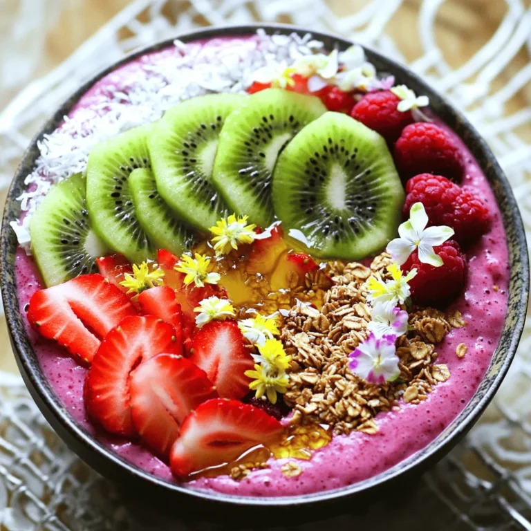 - 1 cup frozen mixed berries: strawberries, blueberries, raspberries - 1 ripe banana - 1/2 cup unsweetened almond milk or milk of your choice - 1 tablespoon chia seeds - 1 tablespoon honey or maple syrup (optional) - Toppings: sliced fresh fruits (kiwi, strawberries), granola, shredded coconut, edible flowers To start, you need frozen mixed berries. They give the bowl a sweet, tangy flavor. You can use strawberries, blueberries, and raspberries. Next, add a ripe banana. It makes the smoothie creamy and rich. Choose almond milk or your favorite milk for smooth blending. This choice affects the taste and texture. Chia seeds are a superfood packed with fiber and nutrients. They help thicken the smoothie. You may want to add honey or maple syrup for sweetness. This step is optional; adjust it based on your taste. For the toppings, get fresh fruits like kiwi and strawberries. They add color and extra flavor. Granola gives a nice crunch. Shredded coconut adds a tropical touch, while edible flowers make it look special. This recipe is simple and flexible. You can mix and match based on what you have. Explore the full recipe for more! - Step 1: Blend the ingredients until smooth. Start by adding the frozen mixed berries, banana, almond milk, and chia seeds to your blender. Turn it on high and blend until it is creamy. Make sure there are no lumps. If you need more liquid, add a little extra almond milk. - Step 2: Adjust the consistency with almond milk. If the mixture is too thick, just pour in more almond milk. Keep blending until you reach your desired smoothness. This step is key for a perfect texture. - Step 3: Pour into a bowl and prepare for toppings. Once blended, pour your smoothie into a bowl. Spread it out evenly so you have a nice base for your toppings. - Step 4: Layer the toppings creatively. Now comes the fun part! Arrange your fresh fruits, granola, and coconut on top of the smoothie. You can make it look pretty by placing each item in sections or creating patterns. Let your creativity shine! - Step 5: Optional drizzle for added flavor. If you like it sweeter, drizzle some honey or maple syrup over the top. This adds a nice touch to the flavors and makes it look even more appealing. - Step 6: Tips for presentation. For a great look, use colorful fruits like kiwi or strawberries. Adding edible flowers can make your bowl pop. Remember, we eat with our eyes first! Enjoy your berry bliss smoothie bowl right away for the best taste. For a great berry smoothie bowl, start with the best berries. Frozen mixed berries work best. Look for strawberries, blueberries, and raspberries. These fruits add flavor and color. They also pack vitamins. When picking a ripe banana, look for a yellow peel. Small brown spots show it is sweet and ready. Avoid bananas that are too green or too brown. They won’t blend well in the smoothie. If you want an alternative to nut milk, try oat milk or coconut milk. Both options give a creamy texture. You can also use regular cow's milk if you prefer. Adjusting sweeteners can change your smoothie bowl. Use honey or maple syrup if you like it sweeter. Start with one tablespoon, then taste. Add more if needed. For a creamy consistency, blend the fruits long enough. Stop to scrape down the sides of the blender. If it’s too thick, add a splash of almond milk. You can add flavoring options like vanilla extract or yogurt. A splash of vanilla gives a nice touch. Yogurt adds creaminess and protein. Both choices make your bowl tastier. {{image_2}} You can change up the berry mix for a new flavor. Try using 2 cups of mixed berries. Add strawberries, blueberries, or raspberries for a tasty blend. You can also use tropical fruits like mango or pineapple. These fruits give a sweet twist and bright color. Seasonal fruits are a fun option too. In summer, use fresh peaches or cherries. In fall, try apples or pears. Mixing different fruits keeps your smoothie bowl exciting and fresh. Nut butters add a rich flavor and creaminess. Almond butter or peanut butter works well. You can also choose nut-based toppings like chopped nuts or granola. They give a nice crunch and extra nutrition. Seeds like pumpkin or sunflower seeds provide more vitamins. You can also add oats for fiber. They make your bowl filling and hearty. If you want healthier options, try using yogurt or cottage cheese. They boost protein without extra sugar. You can also add sliced fresh fruits or shredded coconut for a tropical touch. Get creative with your toppings for a bowl that looks as good as it tastes! To store any leftover smoothie bowl, place it in an airtight container. This keeps it fresh and prevents spills. If you have extra toppings, store them separately. This keeps them crisp. For toppings like granola, a sealed bag works well. You can also freeze any unused smoothie blend. Pour it into ice cube trays. Once frozen, transfer the cubes to a bag. This way, you can enjoy it later. If you made your smoothie bowl in advance, serve it chilled. You can also blend it again if it thickens too much. Add a splash of almond milk for a smoother texture. When ready to eat, layer fresh toppings on top. You can also sprinkle a bit of granola for crunch. Adjust sweetness with honey or maple syrup if needed. Enjoy your berry bliss smoothie bowl from the [Full Recipe] whenever you like! - Can I use fresh berries instead of frozen? Yes, you can use fresh berries. Fresh berries make a lighter smoothie. Just add ice to keep it cold. Frozen berries give a thicker texture. Both are good options! - How can I make my berry smoothie bowl healthier? To boost health, add spinach or kale. You can also swap honey for a ripe banana. Reducing sweeteners helps too. Don't forget to add nuts or seeds for healthy fats! - What are some recommended toppings for a smoothie bowl? Great toppings include sliced kiwi, strawberries, or blueberries. Try granola for crunch and shredded coconut for sweetness. Edible flowers add beauty and fun! - How long can I store a smoothie bowl? Smoothie bowls taste best fresh. If you need to store it, keep it in the fridge. Use it within 24 hours for the best flavor and texture. - Why are chia seeds beneficial in a smoothie bowl? Chia seeds are tiny powerhouses! They add fiber and omega-3 fatty acids. They also help thicken the smoothie. Plus, they keep you full longer! In this blog post, we explored how to make a delicious berry smoothie bowl. We covered the main ingredients, from frozen berries to superfoods, and outlined each preparation step for a creamy, vibrant bowl. I shared tips for choosing the best fruits and how to enhance flavor. You can even mix and match fruits and toppings to suit your taste. Remember, the secret to a great smoothie bowl is creativity and fresh ingredients. Enjoy making your bowl unique!