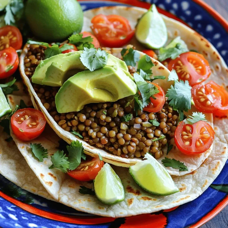 - 1 cup dried green or brown lentils - 3 cups vegetable broth - 1 tablespoon olive oil - 1 small onion, finely chopped - 2 cloves garlic, minced - 1 teaspoon ground cumin - 1 teaspoon smoked paprika - ½ teaspoon chili powder - Salt and pepper to taste - 8 corn or flour tortillas - 1 avocado, sliced - 1 cup cherry tomatoes, halved - Fresh cilantro, for garnish - Lime wedges, for serving For these easy vegan lentil tacos, you need simple and fresh ingredients. Lentils are the main star of this dish. They are healthy, filling, and packed with protein. I like to use either green or brown lentils. They give a nice texture and hold up well in tacos. You will also need vegetable broth. It adds depth and flavor to your lentils. Olive oil is essential for sautéing the onion and garlic. It adds richness and helps bring out their flavors. For more flavor, you need spices. Ground cumin, smoked paprika, and chili powder work perfectly together. They create a warm and smoky taste. Don't forget to add salt and pepper to enhance all the flavors. Now, let’s talk about toppings. You can use corn or flour tortillas for your tacos. I prefer corn for their sweet taste. An avocado adds creaminess, while cherry tomatoes add freshness. Fresh cilantro is a must for garnish. Finally, lime wedges bring a zesty kick when squeezed over the tacos. For the full recipe, check out the Easy Vegan Lentil Tacos section above. Enjoy your cooking! - Combine 1 cup dried lentils and 3 cups vegetable broth in a saucepan. - Bring to a boil, then lower the heat to a gentle simmer. Cooking lentils is simple. You only need to watch the pot. Lentils cook fast and turn soft in about 25-30 minutes. Make sure they don’t get mushy. If needed, drain extra liquid after cooking. - Sauté 1 small chopped onion in 1 tablespoon olive oil. - Add 2 minced garlic cloves and spices, cooking until fragrant. For the flavor base, I love using olive oil. It adds richness. Sauté the onion until it is soft. Then, add garlic and spices. This step fills your kitchen with a lovely aroma. - Mix the cooked lentils with the onion and spice mixture. - Heat the mixture for 2-3 minutes to combine flavors. Combining the lentils with the flavors is key. I stir them well, coating every lentil. Letting them heat through brings all the tastes together. You’ll love the warm, savory blend. - Warm 8 corn or flour tortillas in a skillet or microwave. Warming the tortillas makes them soft and easy to fold. I prefer to heat them in a dry skillet. This way, they get a slight toast. A few seconds in the microwave also works. - Place a scoop of the lentil mixture on each tortilla. - Top with sliced avocado, halved cherry tomatoes, and fresh cilantro. Now comes the fun part: assembling the tacos! I like to add a generous scoop of the lentil mix. Then, I pile on the avocado, tomatoes, and cilantro. This creates a colorful and tasty meal. Serve with lime wedges from the Full Recipe to squeeze over the tacos. To make your vegan lentil tacos shine, try adding more spices. Experiment with cayenne pepper for heat or oregano for earthiness. These spices can elevate the taste. Fresh herbs like cilantro or parsley also add a burst of flavor. Sprinkle them on top just before serving. They bring freshness and color to your dish. Cooking lentils can be tricky. To avoid mushiness, watch the cooking time closely. Lentils should be tender but still hold their shape. Drain any excess liquid after cooking if needed. This step helps keep your tacos from becoming soggy. Toppings can make or break your meal. Try adding diced red onion, shredded lettuce, or vegan cheese. Each topping brings its own unique flavor. For side dishes, consider serving with corn salad or guacamole. These pair well with the tacos and make your meal feel complete. For the full recipe, check out the detailed steps above. {{image_2}} You can switch lentils for black beans or chickpeas. Both options offer great taste and texture. Black beans add a slightly sweet flavor. Chickpeas bring a nutty note. You can also add textured vegetable protein (TVP) for more heartiness. TVP mimics the texture of meat and soaks up flavors well. Not in the mood for tortillas? Try using lettuce wraps instead. They offer a fresh crunch and keep it light. You can also explore different types of wraps like whole wheat or spinach. These options add nutrients and flavor. To kick up the flavor, add hot sauce or your favorite salsa. This brings heat and zest to your tacos. Grilled veggies or sweet corn can also enhance the dish. They add color and a smokey taste that complements the lentils perfectly. Check the full recipe for tips on how to prepare these variations. To keep your lentil mixture fresh, store it in an airtight container. This helps prevent it from drying out. Place it in the fridge. Use it within 3 to 5 days for the best taste. For tortillas, wrap them in a clean, dry cloth. This will help keep them soft. You can also use a resealable plastic bag. Just make sure to squeeze out the air. For warming up lentils, use a pot over low heat. Stir occasionally to avoid sticking. You can add a splash of vegetable broth to keep them moist. For tortillas, a dry skillet works best. Heat each tortilla for about 30 seconds on each side. This keeps them soft and pliable. You can also use the microwave, but cover them with a damp paper towel. This helps prevent them from drying out. You can freeze any leftover lentil mixture. Let it cool completely before storing. Use a freezer-safe container or bag. It can last for up to 3 months in the freezer. When you’re ready to eat, thaw it overnight in the fridge. Reheat it on the stove or in the microwave, adding a bit of broth if needed. This keeps the texture and flavor just right. Cooking lentils is quick and easy. It usually takes about 25 to 30 minutes. Green or brown lentils work best for tacos. Lentils should be tender but not mushy. Yes, you can make these tacos gluten-free. Use corn tortillas instead of flour ones. Many brands offer tasty gluten-free options. Check labels to be sure they suit your needs. Lentils are packed with nutrition. They are high in protein and fiber. One cup of cooked lentils has about 18 grams of protein. They also provide iron, folate, and potassium. This makes your tacos both healthy and filling. Meal prepping is simple. Cook a big batch of lentils and spices. Store them in the fridge for up to five days. You can also prepare toppings in advance. Sliced avocado and chopped tomatoes save time when you're ready to eat. Absolutely! You can boost nutrition by adding veggies. Consider bell peppers, spinach, or zucchini. These additions enhance flavor and color. It's a great way to use up leftover vegetables too. These lentil tacos are simple, tasty, and packed with nutrients. We covered the key ingredients, from lentils to tasty toppings. I shared detailed steps for cooking and assembling your tacos. Don't forget the toppings; they make each bite fresh and bold. Experiment with flavors and try different ingredients. These tacos are easy to make in big batches and store well for later. Enjoy this quick meal that’s healthy and satisfying. The kitchen can be fun, so get cooking!