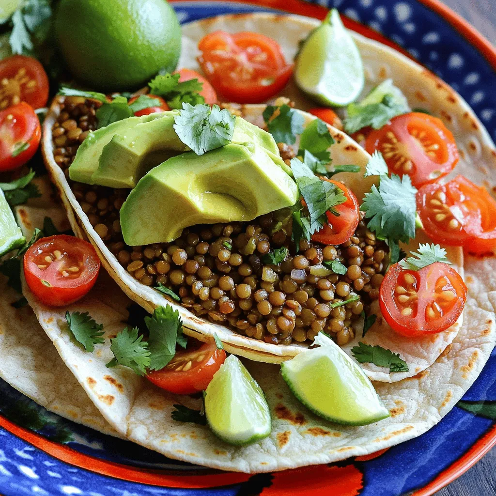 - 1 cup dried green or brown lentils - 3 cups vegetable broth - 1 tablespoon olive oil - 1 small onion, finely chopped - 2 cloves garlic, minced - 1 teaspoon ground cumin - 1 teaspoon smoked paprika - ½ teaspoon chili powder - Salt and pepper to taste - 8 corn or flour tortillas - 1 avocado, sliced - 1 cup cherry tomatoes, halved - Fresh cilantro, for garnish - Lime wedges, for serving For these easy vegan lentil tacos, you need simple and fresh ingredients. Lentils are the main star of this dish. They are healthy, filling, and packed with protein. I like to use either green or brown lentils. They give a nice texture and hold up well in tacos. You will also need vegetable broth. It adds depth and flavor to your lentils. Olive oil is essential for sautéing the onion and garlic. It adds richness and helps bring out their flavors. For more flavor, you need spices. Ground cumin, smoked paprika, and chili powder work perfectly together. They create a warm and smoky taste. Don't forget to add salt and pepper to enhance all the flavors. Now, let’s talk about toppings. You can use corn or flour tortillas for your tacos. I prefer corn for their sweet taste. An avocado adds creaminess, while cherry tomatoes add freshness. Fresh cilantro is a must for garnish. Finally, lime wedges bring a zesty kick when squeezed over the tacos. For the full recipe, check out the Easy Vegan Lentil Tacos section above. Enjoy your cooking! - Combine 1 cup dried lentils and 3 cups vegetable broth in a saucepan. - Bring to a boil, then lower the heat to a gentle simmer. Cooking lentils is simple. You only need to watch the pot. Lentils cook fast and turn soft in about 25-30 minutes. Make sure they don’t get mushy. If needed, drain extra liquid after cooking. - Sauté 1 small chopped onion in 1 tablespoon olive oil. - Add 2 minced garlic cloves and spices, cooking until fragrant. For the flavor base, I love using olive oil. It adds richness. Sauté the onion until it is soft. Then, add garlic and spices. This step fills your kitchen with a lovely aroma. - Mix the cooked lentils with the onion and spice mixture. - Heat the mixture for 2-3 minutes to combine flavors. Combining the lentils with the flavors is key. I stir them well, coating every lentil. Letting them heat through brings all the tastes together. You’ll love the warm, savory blend. - Warm 8 corn or flour tortillas in a skillet or microwave. Warming the tortillas makes them soft and easy to fold. I prefer to heat them in a dry skillet. This way, they get a slight toast. A few seconds in the microwave also works. - Place a scoop of the lentil mixture on each tortilla. - Top with sliced avocado, halved cherry tomatoes, and fresh cilantro. Now comes the fun part: assembling the tacos! I like to add a generous scoop of the lentil mix. Then, I pile on the avocado, tomatoes, and cilantro. This creates a colorful and tasty meal. Serve with lime wedges from the Full Recipe to squeeze over the tacos. To make your vegan lentil tacos shine, try adding more spices. Experiment with cayenne pepper for heat or oregano for earthiness. These spices can elevate the taste. Fresh herbs like cilantro or parsley also add a burst of flavor. Sprinkle them on top just before serving. They bring freshness and color to your dish. Cooking lentils can be tricky. To avoid mushiness, watch the cooking time closely. Lentils should be tender but still hold their shape. Drain any excess liquid after cooking if needed. This step helps keep your tacos from becoming soggy. Toppings can make or break your meal. Try adding diced red onion, shredded lettuce, or vegan cheese. Each topping brings its own unique flavor. For side dishes, consider serving with corn salad or guacamole. These pair well with the tacos and make your meal feel complete. For the full recipe, check out the detailed steps above. {{image_2}} You can switch lentils for black beans or chickpeas. Both options offer great taste and texture. Black beans add a slightly sweet flavor. Chickpeas bring a nutty note. You can also add textured vegetable protein (TVP) for more heartiness. TVP mimics the texture of meat and soaks up flavors well. Not in the mood for tortillas? Try using lettuce wraps instead. They offer a fresh crunch and keep it light. You can also explore different types of wraps like whole wheat or spinach. These options add nutrients and flavor. To kick up the flavor, add hot sauce or your favorite salsa. This brings heat and zest to your tacos. Grilled veggies or sweet corn can also enhance the dish. They add color and a smokey taste that complements the lentils perfectly. Check the full recipe for tips on how to prepare these variations. To keep your lentil mixture fresh, store it in an airtight container. This helps prevent it from drying out. Place it in the fridge. Use it within 3 to 5 days for the best taste. For tortillas, wrap them in a clean, dry cloth. This will help keep them soft. You can also use a resealable plastic bag. Just make sure to squeeze out the air. For warming up lentils, use a pot over low heat. Stir occasionally to avoid sticking. You can add a splash of vegetable broth to keep them moist. For tortillas, a dry skillet works best. Heat each tortilla for about 30 seconds on each side. This keeps them soft and pliable. You can also use the microwave, but cover them with a damp paper towel. This helps prevent them from drying out. You can freeze any leftover lentil mixture. Let it cool completely before storing. Use a freezer-safe container or bag. It can last for up to 3 months in the freezer. When you’re ready to eat, thaw it overnight in the fridge. Reheat it on the stove or in the microwave, adding a bit of broth if needed. This keeps the texture and flavor just right. Cooking lentils is quick and easy. It usually takes about 25 to 30 minutes. Green or brown lentils work best for tacos. Lentils should be tender but not mushy. Yes, you can make these tacos gluten-free. Use corn tortillas instead of flour ones. Many brands offer tasty gluten-free options. Check labels to be sure they suit your needs. Lentils are packed with nutrition. They are high in protein and fiber. One cup of cooked lentils has about 18 grams of protein. They also provide iron, folate, and potassium. This makes your tacos both healthy and filling. Meal prepping is simple. Cook a big batch of lentils and spices. Store them in the fridge for up to five days. You can also prepare toppings in advance. Sliced avocado and chopped tomatoes save time when you're ready to eat. Absolutely! You can boost nutrition by adding veggies. Consider bell peppers, spinach, or zucchini. These additions enhance flavor and color. It's a great way to use up leftover vegetables too. These lentil tacos are simple, tasty, and packed with nutrients. We covered the key ingredients, from lentils to tasty toppings. I shared detailed steps for cooking and assembling your tacos. Don't forget the toppings; they make each bite fresh and bold. Experiment with flavors and try different ingredients. These tacos are easy to make in big batches and store well for later. Enjoy this quick meal that’s healthy and satisfying. The kitchen can be fun, so get cooking!