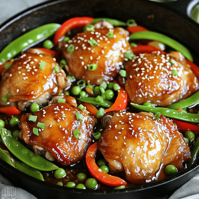 One Pan Honey Garlic Chicken is a simple dish that packs a big flavor punch. It combines juicy chicken thighs with sweet honey and rich garlic. The colorful veggies add crunch and nutrition. This dish is quick to make and perfect for busy nights. You can find the Full Recipe at the end. - 4 boneless, skinless chicken thighs - 3 tablespoons honey - 3 tablespoons soy sauce - 4 cloves garlic, minced - 1 tablespoon fresh ginger, grated - 2 tablespoons olive oil - 1 teaspoon sesame oil - 1 red bell pepper, sliced - 1 green bell pepper, sliced - 1 cup snap peas - Salt and pepper to taste - Sesame seeds for garnish - Chopped green onions for garnish To make this recipe, you need a few basic tools: - A large skillet for cooking - A mixing bowl for marinating - A cutting board and knife for chopping - A measuring spoon for accuracy - A meat thermometer to check chicken doneness With these ingredients and tools, you can create a meal that delights your taste buds and impresses your friends and family! To start, you need to marinate the chicken. In a bowl, mix honey, soy sauce, minced garlic, and grated ginger. This mix gives the chicken a sweet and savory taste. Take your chicken thighs and add them to the bowl. Make sure they are well coated. Let the chicken marinate for at least 20 minutes. This step helps the flavors soak in. Next, it’s time to prepare the pan. Heat olive oil and sesame oil in a large skillet. Set the heat to medium-high. The oils will help the chicken cook nicely and add flavor. Once the pan is hot, take the chicken out of the marinade. Reserve the marinade for later. Add the chicken thighs to the pan. Sear each side for about 5-6 minutes. You want them to be golden brown. After that, add the sliced red and green bell peppers and snap peas. Sauté the vegetables for 3-4 minutes. They should be tender but still crisp. Pour the reserved marinade over the chicken and vegetables in the skillet. Lower the heat to medium. Let it simmer for about 5 minutes. This will thicken the sauce a bit. Check the chicken’s internal temperature. It should reach 165°F (74°C). Don’t forget to season with salt and pepper to taste. Once done, remove from heat and let it rest for a couple of minutes. Finally, sprinkle sesame seeds and chopped green onions on top before serving. Enjoy your One Pan Honey Garlic Chicken! To make the best marinade, use fresh ingredients. Combine honey, soy sauce, garlic, and ginger. This mix gives a sweet and savory taste. Let the chicken soak in the marinade for at least 20 minutes. If you have more time, an hour is even better. This helps the chicken absorb all the flavors. For juicy chicken, avoid overcooking. Use a meat thermometer to check the temperature. Aim for 165°F (74°C) for safe eating. Searing the chicken first locks in the juices. Cook each side for about 5-6 minutes until golden brown. Let the chicken rest after cooking to keep it moist. Cook vegetables until they are tender-crisp. You want them to stay bright and colorful. Add them to the pan after the chicken has browned. This keeps them from getting too soft. Sauté the sliced bell peppers and snap peas for 3-4 minutes. This way, they retain their crunch and freshness. Remember, for the full recipe, check out the [Full Recipe]. Enjoy creating this quick and yummy meal! {{image_2}} You can switch up the protein in this recipe for quick meals. Chicken thighs are great, but you can use chicken breasts, shrimp, or tofu. Each choice adds a unique taste. If you use shrimp, cook them just until they turn pink. For tofu, press it to remove extra water and cube it. Marinate as you would the chicken for the same sweet and savory flavor. Feel free to swap vegetables based on your taste or what you have. Broccoli, carrots, and zucchini work well. Use any crunchy vegetable you like. Just cut them into similar sizes so they cook evenly. Remember to sauté until they are tender yet crisp. This keeps them vibrant and full of flavor! For those who enjoy heat, add crushed red pepper flakes or sliced jalapeños. This gives your dish a nice kick. You can also mix in lime juice or rice vinegar for a tangy twist. Both will enhance the honey garlic sauce. Experiment with these ideas to find your favorite taste! Check out the Full Recipe for more details! After enjoying your One Pan Honey Garlic Chicken, let the leftovers cool. Place the chicken and vegetables in an airtight container. This keeps them fresh and tasty. Store in the fridge for up to three days. Always label your container with the date. To reheat, use a microwave or a skillet. If using the microwave, warm on medium for about 2-3 minutes. Stir halfway through for even heating. If you prefer a skillet, heat a small amount of oil over medium heat. Add the chicken and vegetables, stirring for about 5 minutes until warm. If you want to save some for later, freezing works great. First, let the dish cool completely. Then, transfer it to a freezer-safe container. Make sure to remove as much air as possible. You can freeze it for up to three months. When ready to eat, thaw it overnight in the fridge before reheating. For the best taste, marinate the chicken for at least 20 minutes. This allows the flavors to soak in. If you have more time, marinating for up to 2 hours gives even better results. Just remember, don’t marinate too long, as it can make the chicken mushy. Yes, you can use chicken breasts. They will work fine in this recipe. However, chicken thighs have more fat, which keeps them juicy and tasty. If you use breasts, be sure to watch the cooking time. They cook faster than thighs. You can serve this dish with rice or quinoa. Both soak up the sweet sauce well. Steamed veggies or a fresh salad also make great sides. They add color and balance to your meal. You can even serve it with noodles for a fun twist. Yes, this dish is perfect for meal prep. It stores well in the fridge for up to four days. Just keep the chicken and veggies in an airtight container. You can heat it up easily for quick lunches or dinners. Enjoy your yummy meal without the fuss! For the full recipe, check out the details above. We covered the key steps for making One Pan Honey Garlic Chicken. You learned about the ingredients, kitchen tools, and the cooking process. I shared tips to perfect your dish, including marination and vegetable cooking. You also saw fun variations to try and how to store your leftovers. This dish is simple and tasty for any meal. Enjoy making it your own!
