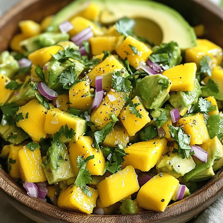 - Ripe avocados - Ripe mango - Red onion - Jalapeño pepper - Fresh cilantro - Lime juice - Salt and pepper - 2 ripe avocados, diced - 1 ripe mango, diced - 1/2 red onion, finely chopped - 1 jalapeño pepper, seeded and minced - 1/4 cup fresh cilantro, chopped - Juice of 1 lime - Salt and pepper to taste To make the best avocado mango salsa, you need fresh ingredients. Here are my tips: - Selecting ripe avocados and mangoes: Look for avocados that yield slightly when you press them. For mangoes, choose ones that are slightly soft and have a fruity smell. - Storage suggestions for fresh ingredients: Keep avocados at room temperature until ripe. Once ripe, store them in the fridge. For mangoes, you can refrigerate them after they ripen, but consume them within a few days for best taste. By using fresh ingredients, your salsa will shine! For the full recipe, you can check out the detailed instructions. To make Avocado Mango Salsa, start by gathering your ingredients. Use ripe avocados and mangoes for the best flavor. Here’s how to prepare your salsa: 1. In a mixing bowl, combine the diced avocados and mango. This mix creates a creamy and sweet base. 2. Next, add the finely chopped red onion and minced jalapeño. They add a nice crunch and heat. 3. Toss in the freshly chopped cilantro. This herb brings a bright flavor to the salsa. 4. Squeeze the juice of one lime over the mix. The lime juice not only adds tang but also helps keep the avocados from browning. 5. Season with salt and pepper to taste. Mix everything gently to coat the ingredients without mashing them. To prevent browning, use lime juice as soon as you cut the avocados. You can also cover the salsa tightly with plastic wrap, ensuring it touches the surface to limit air exposure. This recipe is quick! The prep time is just 10 minutes, and you won’t need to cook. It’s perfect for a fast snack or a side dish. Just gather your ingredients and chop them up, and you will have fresh salsa in no time. After mixing your salsa, let it sit for about 10 minutes. This resting time lets the flavors meld together beautifully. Serve it fresh with chips or on tacos for a vibrant touch. Enjoying it right after you make it gives the best taste. Avocado mango salsa is fresh and bright. It pairs well with many dishes. Here are some ideas: - Grilled chicken or fish: The salsa adds a fruity touch. - Tacos: Use it as a topping for fish or shrimp tacos. - Chips: Enjoy it with tortilla chips for a tasty snack. - Salads: Add it to your salad for extra flavor and color. You can mix in more flavors to make it your own. Here are some tasty options: - Garlic: Mince a clove and add it for a savory boost. - Tomatoes: Diced tomatoes give extra freshness and texture. - Bell peppers: Chopped bell peppers add crunch and sweetness. - Pineapple: Diced pineapple brings a tropical twist. If you make salsa in advance, keep it fresh. Follow these tips: - Refrigerate it: Store in an airtight container to slow browning. - Cover tightly: Use plastic wrap on the surface to keep air out. - Use lime juice: It helps prevent the avocados from turning brown. - Serve within two days: For the best taste and freshness, eat it quickly. For the full recipe, check out my avocado mango salsa recipe for more details! {{image_2}} To add heat to your avocado mango salsa, use different peppers. Jalapeño brings a mild spice. If you want more heat, try serrano peppers. For a bold kick, use habanero peppers. Adjust the amount based on your taste. Just remember, you can always add more heat, but you can't take it away. Start with a small amount, then taste and adjust. You can mix in other fruits for a twist. Pineapple adds a sweet and tangy element. Peaches bring a juicy, fragrant flavor that balances the salsa nicely. You might also try diced bell peppers for crunch. Don't be afraid to experiment! Each fruit gives a new layer of flavor and makes your salsa unique. Making the salsa vegan is easy since it’s already plant-based. To make it gluten-free, just ensure all your ingredients are certified gluten-free. You can also swap lime juice with lemon juice if that's what you have. These changes keep the salsa delicious while meeting dietary needs. Enjoy creating your perfect blend! For the full recipe, check out the detailed instructions above! To keep your Avocado Mango Salsa fresh, store it in an airtight container. This will help keep out air and moisture. Place a piece of plastic wrap directly on the surface of the salsa before sealing the lid. This extra step can help prevent browning. Always use a clean spoon when serving to avoid introducing bacteria. In the refrigerator, Avocado Mango Salsa lasts about 1 to 2 days. The avocados may start to brown, but the salsa will still taste good. If you notice browning, you can mix it gently to blend the colors. The flavors will still be fresh and bright. You can freeze Avocado Mango Salsa, but the texture will change. The avocados may become mushy when thawed. If you want to freeze it, use a freezer-safe bag. Remove as much air as possible and seal it tightly. It is best to use frozen salsa within 1 month for the best taste. When you are ready to eat it, thaw it in the fridge overnight. Can I make this salsa ahead of time? Yes, you can. Make it a few hours early. Just keep it in the fridge. This salsa tastes great when flavors blend. How do I prevent the avocado from turning brown? To stop browning, add lime juice right away. Lime juice slows oxidation. You can also cover the salsa tightly with plastic wrap. What can I use instead of lime juice? If you don’t have lime juice, try lemon juice. It adds a similar tangy taste. You can also use vinegar, but it will change the flavor. Can I adjust the spice level for kids? Yes, you can make it milder. Skip the jalapeño or use less. You can also remove the seeds for less heat. What are the health benefits of this salsa? This salsa is full of healthy fats from avocados. It also has vitamins from mangoes and fiber. Plus, it’s low in calories and fresh! Avocado Mango Salsa is a fresh and tasty dish. We covered key ingredients, measurements, and tips for selecting ripe fruit. You learned about preparation steps, cooking times, and how to let flavors meld. We added serving suggestions and variations to enhance taste. Finally, storage info helps keep your salsa fresh. This simple recipe is fun to make and enjoy. Experiment with flavors and share it with friends. You will love this vibrant dish at your next gathering!