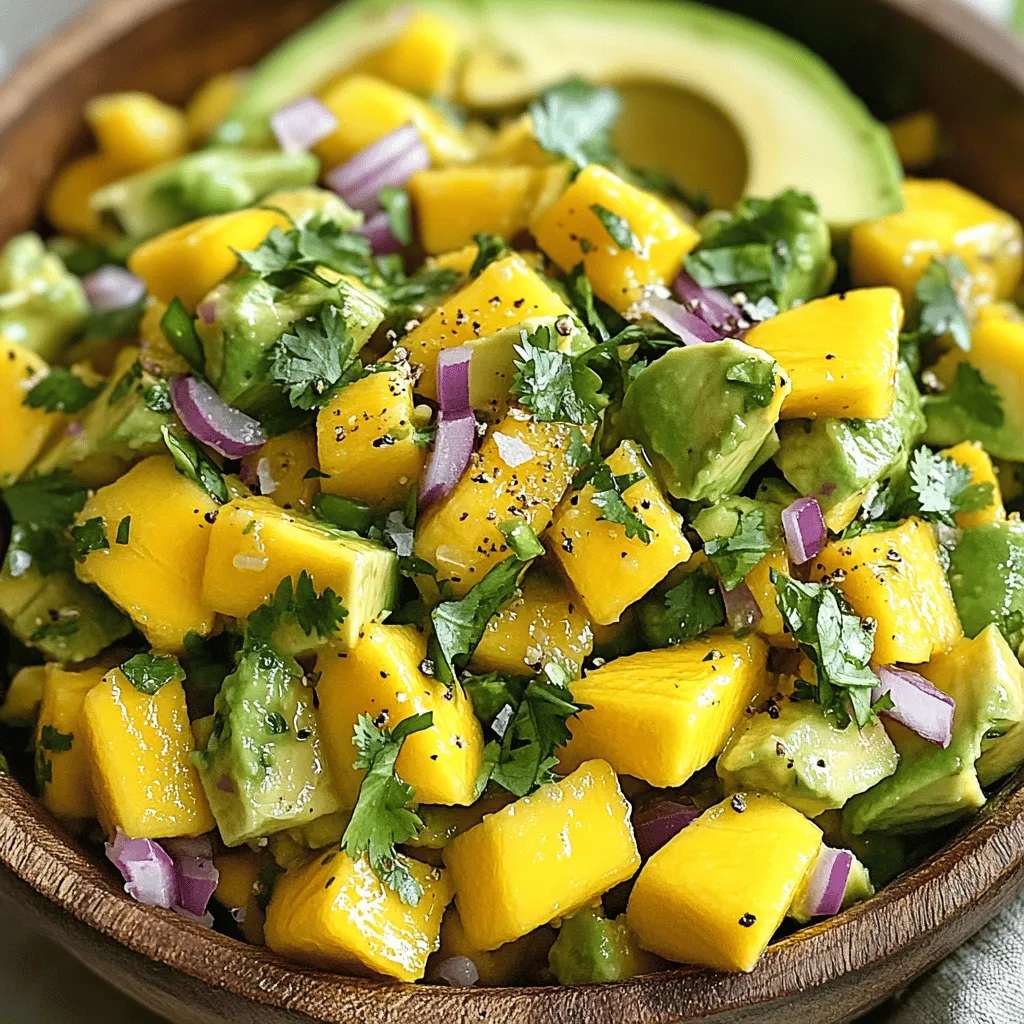 - Ripe avocados - Ripe mango - Red onion - Jalapeño pepper - Fresh cilantro - Lime juice - Salt and pepper - 2 ripe avocados, diced - 1 ripe mango, diced - 1/2 red onion, finely chopped - 1 jalapeño pepper, seeded and minced - 1/4 cup fresh cilantro, chopped - Juice of 1 lime - Salt and pepper to taste To make the best avocado mango salsa, you need fresh ingredients. Here are my tips: - Selecting ripe avocados and mangoes: Look for avocados that yield slightly when you press them. For mangoes, choose ones that are slightly soft and have a fruity smell. - Storage suggestions for fresh ingredients: Keep avocados at room temperature until ripe. Once ripe, store them in the fridge. For mangoes, you can refrigerate them after they ripen, but consume them within a few days for best taste. By using fresh ingredients, your salsa will shine! For the full recipe, you can check out the detailed instructions. To make Avocado Mango Salsa, start by gathering your ingredients. Use ripe avocados and mangoes for the best flavor. Here’s how to prepare your salsa: 1. In a mixing bowl, combine the diced avocados and mango. This mix creates a creamy and sweet base. 2. Next, add the finely chopped red onion and minced jalapeño. They add a nice crunch and heat. 3. Toss in the freshly chopped cilantro. This herb brings a bright flavor to the salsa. 4. Squeeze the juice of one lime over the mix. The lime juice not only adds tang but also helps keep the avocados from browning. 5. Season with salt and pepper to taste. Mix everything gently to coat the ingredients without mashing them. To prevent browning, use lime juice as soon as you cut the avocados. You can also cover the salsa tightly with plastic wrap, ensuring it touches the surface to limit air exposure. This recipe is quick! The prep time is just 10 minutes, and you won’t need to cook. It’s perfect for a fast snack or a side dish. Just gather your ingredients and chop them up, and you will have fresh salsa in no time. After mixing your salsa, let it sit for about 10 minutes. This resting time lets the flavors meld together beautifully. Serve it fresh with chips or on tacos for a vibrant touch. Enjoying it right after you make it gives the best taste. Avocado mango salsa is fresh and bright. It pairs well with many dishes. Here are some ideas: - Grilled chicken or fish: The salsa adds a fruity touch. - Tacos: Use it as a topping for fish or shrimp tacos. - Chips: Enjoy it with tortilla chips for a tasty snack. - Salads: Add it to your salad for extra flavor and color. You can mix in more flavors to make it your own. Here are some tasty options: - Garlic: Mince a clove and add it for a savory boost. - Tomatoes: Diced tomatoes give extra freshness and texture. - Bell peppers: Chopped bell peppers add crunch and sweetness. - Pineapple: Diced pineapple brings a tropical twist. If you make salsa in advance, keep it fresh. Follow these tips: - Refrigerate it: Store in an airtight container to slow browning. - Cover tightly: Use plastic wrap on the surface to keep air out. - Use lime juice: It helps prevent the avocados from turning brown. - Serve within two days: For the best taste and freshness, eat it quickly. For the full recipe, check out my avocado mango salsa recipe for more details! {{image_2}} To add heat to your avocado mango salsa, use different peppers. Jalapeño brings a mild spice. If you want more heat, try serrano peppers. For a bold kick, use habanero peppers. Adjust the amount based on your taste. Just remember, you can always add more heat, but you can't take it away. Start with a small amount, then taste and adjust. You can mix in other fruits for a twist. Pineapple adds a sweet and tangy element. Peaches bring a juicy, fragrant flavor that balances the salsa nicely. You might also try diced bell peppers for crunch. Don't be afraid to experiment! Each fruit gives a new layer of flavor and makes your salsa unique. Making the salsa vegan is easy since it’s already plant-based. To make it gluten-free, just ensure all your ingredients are certified gluten-free. You can also swap lime juice with lemon juice if that's what you have. These changes keep the salsa delicious while meeting dietary needs. Enjoy creating your perfect blend! For the full recipe, check out the detailed instructions above! To keep your Avocado Mango Salsa fresh, store it in an airtight container. This will help keep out air and moisture. Place a piece of plastic wrap directly on the surface of the salsa before sealing the lid. This extra step can help prevent browning. Always use a clean spoon when serving to avoid introducing bacteria. In the refrigerator, Avocado Mango Salsa lasts about 1 to 2 days. The avocados may start to brown, but the salsa will still taste good. If you notice browning, you can mix it gently to blend the colors. The flavors will still be fresh and bright. You can freeze Avocado Mango Salsa, but the texture will change. The avocados may become mushy when thawed. If you want to freeze it, use a freezer-safe bag. Remove as much air as possible and seal it tightly. It is best to use frozen salsa within 1 month for the best taste. When you are ready to eat it, thaw it in the fridge overnight. Can I make this salsa ahead of time? Yes, you can. Make it a few hours early. Just keep it in the fridge. This salsa tastes great when flavors blend. How do I prevent the avocado from turning brown? To stop browning, add lime juice right away. Lime juice slows oxidation. You can also cover the salsa tightly with plastic wrap. What can I use instead of lime juice? If you don’t have lime juice, try lemon juice. It adds a similar tangy taste. You can also use vinegar, but it will change the flavor. Can I adjust the spice level for kids? Yes, you can make it milder. Skip the jalapeño or use less. You can also remove the seeds for less heat. What are the health benefits of this salsa? This salsa is full of healthy fats from avocados. It also has vitamins from mangoes and fiber. Plus, it’s low in calories and fresh! Avocado Mango Salsa is a fresh and tasty dish. We covered key ingredients, measurements, and tips for selecting ripe fruit. You learned about preparation steps, cooking times, and how to let flavors meld. We added serving suggestions and variations to enhance taste. Finally, storage info helps keep your salsa fresh. This simple recipe is fun to make and enjoy. Experiment with flavors and share it with friends. You will love this vibrant dish at your next gathering!