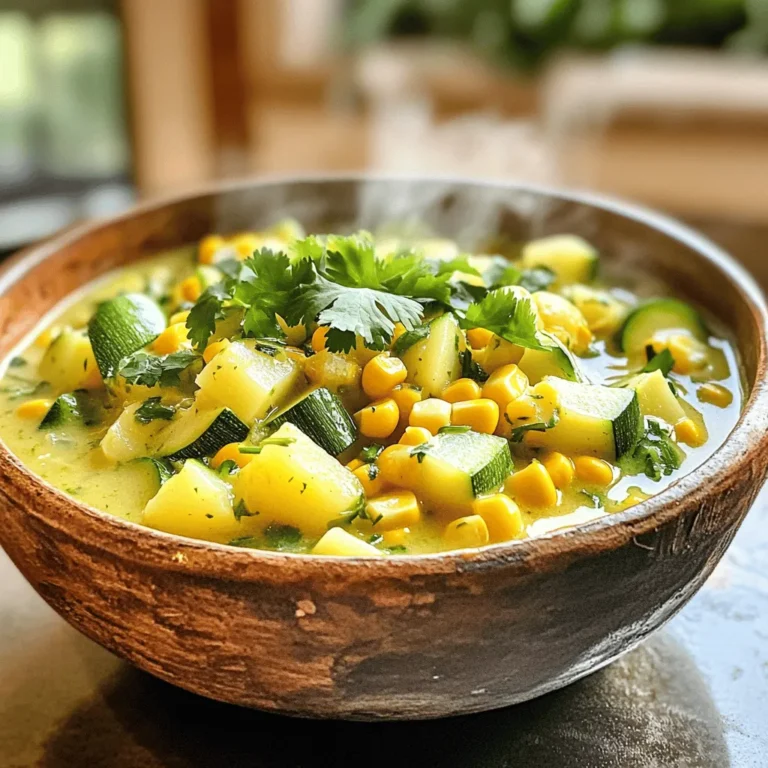 To make this tasty zucchini corn chowder, you need: - 2 medium zucchinis, diced - 2 cups sweet corn kernels (fresh or frozen) - 1 medium onion, chopped - 2 cloves garlic, minced - 3 medium potatoes, peeled and diced - 4 cups vegetable broth - 1 cup coconut milk (or cream) - 2 tablespoons olive oil - 1 teaspoon smoked paprika - 1 teaspoon ground cumin - Salt and pepper to taste - Fresh cilantro or parsley for garnish These ingredients blend well, giving you a creamy and delicious chowder. Each bite bursts with flavor! You can swap some ingredients if needed. For coconut milk, use almond milk or cream. If you want a different broth, chicken broth works too. For spices, feel free to add your favorites. Try chili powder or Italian herbs for a twist. Fresh corn tastes sweet and bright. It adds a nice crunch to the chowder. However, frozen corn is just as good. It is picked at its peak and frozen right away. Both options work well in this recipe. Choose what you have on hand! 1. Heat olive oil in a large pot over medium heat. 2. Add chopped onion and sauté for about 5 minutes. Wait until the onion turns clear. 3. Add minced garlic and cook for 1 more minute. The smell will be great! 4. Toss in diced zucchini and potatoes. Stir well and cook for 5 minutes. 5. Sprinkle in smoked paprika and cumin. Mix to coat the veggies with spices. 6. Pour in the vegetable broth and bring it to a boil. 7. Lower the heat and let it simmer for 15-20 minutes. Check if the potatoes are tender. 8. Mix in corn kernels and coconut milk. Stir well and simmer for another 5 minutes. 9. Use an immersion blender. Blend until you like the texture. 10. Taste and add salt and pepper as needed. 11. Serve hot and add cilantro or parsley on top. - Prep Time: 15 minutes - Cook Time: 30 minutes - Total Time: 45 minutes - Serve the chowder hot in bowls. - Add fresh cilantro or parsley for color and taste. - Pair it with crusty bread or a fresh salad for a complete meal. - Enjoy this dish with friends and family for a cozy meal. For the Full Recipe, check the main article. To adjust the thickness of your chowder, you have a few options. If you want it thicker, blend more of the soup. You can also add a bit of cornstarch mixed with water. For creaminess, use more coconut milk or cream. Just remember, the more you blend, the smoother it gets. I like to keep some chunks for a nice bite. Try adding fresh herbs like basil or dill for extra taste. A pinch of thyme can also boost the flavor. If you want a kick, add some red pepper flakes or a dash of hot sauce. These small changes can really elevate your chowder and make it unique. Serve the chowder hot for the best taste. If you have leftovers, cool them down quickly and store them in the fridge. When you reheat, do it slowly on low heat. This keeps all the flavors intact. If you need a quick meal, you can also freeze the chowder. Just make sure it’s in a safe container. {{image_2}} To make this chowder vegan and dairy-free, simply swap out the coconut milk for a plant-based milk. Almond or oat milk works well too. You can also skip any cream or dairy-based toppings. This keeps the chowder light and fresh while still being creamy. The flavor stays rich with the right spices and broth. You can add protein to your chowder for a heartier dish. Beans are a great option. Black beans or chickpeas blend well and add fiber. If you prefer meat, shredded chicken is tasty. For seafood lovers, shrimp or crab adds a nice twist. Just add these ingredients when you mix in the corn. Do you love heat? You can spice up your chowder easily. Add diced jalapeños or crushed red pepper for a kick. You can also use spicy sausage for an extra punch. Just sauté them with the onions for the best flavor. Adjust the spice level to fit your taste. To keep your chowder fresh, store it in an airtight container. Place it in the fridge if you plan to eat it within three days. If you want it to last longer, freezing is the best option. Pour the chowder into freezer-safe containers, leaving some space at the top. This space helps prevent the container from breaking when the chowder expands while freezing. When you're ready to enjoy your chowder again, reheat it gently. Pour the chowder into a pot over low heat. Stir it often to keep it from sticking and burning. If the chowder is too thick, add a splash of vegetable broth or coconut milk to loosen it. You can also use the microwave. Heat it in a microwave-safe bowl, stirring every minute until it’s hot. Zucchini corn chowder can last up to three days in the fridge. If frozen, it can stay good for up to three months. Make sure to label the containers with the date so you know when to use them. Enjoying the chowder within these time frames ensures it tastes fresh and delicious! Yes, you can make this chowder ahead of time. It tastes even better after resting. Just cool it down after cooking, then store it in an airtight container in the fridge. It will stay fresh for about three days. When you are ready to eat, just heat it up on the stove. If you want to serve it later, you can follow the [Full Recipe] and prepare it in advance. Absolutely! This chowder freezes well. To freeze it, let it cool completely. Then, pour it into a freezer-safe container, leaving some space at the top for expansion. It can last up to three months in the freezer. When ready to enjoy, thaw it in the fridge overnight. Then heat it gently on the stove until warm. This chowder pairs nicely with crusty bread or a fresh salad. You can serve it with garlic bread for a tasty twist. A simple green salad with a light dressing also complements the chowder well. For a heartier meal, consider grilled cheese sandwiches or quesadillas. These sides make a lovely balance with the chowder's creamy texture. This blog post covered making Zucchini Corn Chowder. We looked at key ingredients and substitutions. I shared tips for texture and flavor, plus variations for dietary needs. You learned about storage and reheating for the best taste. In conclusion, this chowder is easy, tasty, and customizable. With the right ingredients and techniques, you can enjoy it anytime. Take these tips and make your own delicious chowder!