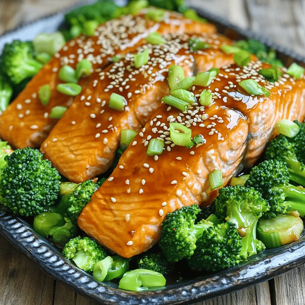 - 2 salmon fillets, skin-on - 1 cup broccoli florets - 1/4 cup low-sodium soy sauce - 2 tablespoons honey - 1 tablespoon rice vinegar - 1 teaspoon fresh ginger, grated - 2 cloves garlic, minced - 1 tablespoon olive oil - Salt and pepper to taste - Sesame seeds for garnish - 2 green onions, sliced Gather these ingredients before you start cooking. The salmon fillets will be the star of the dish. Their rich flavor pairs well with the sweet and savory teriyaki sauce. Broccoli adds a nice crunch and bright color. The marinade is simple but brings great taste. Low-sodium soy sauce gives a salty kick, while honey adds sweetness. Rice vinegar brings tanginess, and ginger plus garlic add depth. Don’t forget the olive oil for cooking. It helps to get a nice sear on the salmon. Salt and pepper are key for seasoning. Sesame seeds and green onions will make your dish look pretty and taste even better. For the full recipe, check out the details provided. Enjoy cooking! To start, grab a bowl and whisk together these ingredients: - 1/4 cup low-sodium soy sauce - 2 tablespoons honey - 1 tablespoon rice vinegar - 1 teaspoon fresh ginger, grated - 2 cloves garlic, minced Mix until all the flavors blend well. This marinade gives the salmon its sweet and savory taste. Next, take your salmon fillets and place them in the marinade, skin side down. Let them soak for at least 30 minutes. This step is key for great flavor. If you have time, longer marinating will make it even better. While the salmon is marinating, bring a pot of salted water to a boil. Add 1 cup of broccoli florets and blanch for 2-3 minutes. You want them bright green and tender-crisp. Once done, drain and cool them under cold water. This stops the cooking. Now, preheat your oven to 400°F (200°C). In an oven-safe skillet, heat 1 tablespoon of olive oil over medium-high heat. Take the salmon out of the marinade. Reserve the marinade for later. Season the salmon with salt and pepper. Place it in the skillet, skin side down, and sear for about 4 minutes. This step creates a crispy skin. After searing, brush the reserved marinade over the salmon. Carefully transfer the skillet to the oven. Bake for 8-10 minutes. The salmon should flake easily with a fork when done. While the salmon bakes, sauté the blanched broccoli in a separate pan with a splash of olive oil. Cook for 2-3 minutes, seasoning lightly with salt and pepper. Once the salmon is done, remove it from the oven and let it rest for a minute. Plate the broccoli first, then place the teriyaki salmon on top. Sprinkle with sesame seeds and sliced green onions for a nice garnish. Enjoy your tasty meal! For the complete recipe, check the Full Recipe section. To get the best salmon, cook it for the right time. I suggest baking for 8 to 10 minutes. The salmon is done when it flakes easily with a fork. This means it is moist and tender inside. For skin that is crispy, start by searing it in a hot pan. Cook skin side down for about 4 minutes. This will make the skin nice and crunchy. You can add more herbs or spices to boost the taste. Fresh herbs like cilantro or basil work well. If you want to change the sweetness, add a bit more honey. For saltiness, try a dash more soy sauce. Balance is key. Taste as you go to find your perfect mix. Pair your teriyaki salmon with fluffy rice or quinoa. These sides soak up the tasty sauce. You can also serve it with a simple salad for freshness. For extra flavor, try drizzling with sriracha or a splash of lime. This adds a zesty kick to the dish. For a complete meal, serve with the full recipe for a delightful dinner experience. {{image_2}} You can cook salmon in different ways. Grilling gives it a nice smoky flavor. The grill makes the skin crispy and adds a charred taste. Baking is easier and keeps the salmon moist. It allows for even cooking. Both methods work well, so pick your favorite! For broccoli, you can steam it. Steaming makes it tender while keeping its bright color. You could also roast it. Roasting gives broccoli a sweet, caramelized flavor. Just toss it with olive oil and a pinch of salt, then pop it in the oven. If you're gluten-free, try coconut aminos or tamari instead of soy sauce. They add a nice flavor without gluten. For a kick, add chili flakes or a splash of sriracha. This will spice things up and give your dish some heat. You can also mix in fresh herbs. Basil or cilantro can brighten up the dish. They add freshness that pairs well with teriyaki sauce. If you want to switch fish, try using trout or halibut. Both have a similar texture and flavor. You can even use chicken if you prefer. Just adjust cooking times to ensure it’s safe to eat. For vegetables, feel free to swap broccoli for green beans or snap peas. Carrots or bell peppers work great, too. Use what you love or what’s in season. It will keep your meals exciting! For the full recipe, check out the detailed instructions and enjoy cooking! To keep your teriyaki salmon and broccoli fresh, use airtight containers. Glass containers work best, as they do not absorb odors. Allow the dish to cool down before sealing. Store leftovers in the fridge for up to three days. This way, you can enjoy the meal again without losing flavor. When reheating salmon, do it gently. Place it in the oven at 275°F (135°C) for about 15 minutes. This helps keep the salmon moist. You can cover it with foil to trap moisture. For broccoli, reheat in a pan with a splash of water. Steam it on low heat for just a few minutes. This keeps it from getting soggy. Enjoy your tasty meal again with these simple steps! You should marinate the salmon for at least 30 minutes. This time helps the fish soak up the flavors. If you have more time, marinating for up to 2 hours gives even deeper taste. Just keep it in the fridge while marinating to stay safe. Yes, you can prepare parts of this recipe ahead of time. Marinate the salmon and store it in the fridge. You can also blanch the broccoli a day before. Just remember to cool and keep it in an airtight container. When ready to cook, you can quickly sauté the broccoli and bake the salmon. For a balanced meal, serve your teriyaki salmon with rice or quinoa. You can also add a simple salad for freshness. Try a cucumber salad for a nice crunch. This combination will create a colorful and tasty plate. This blog post covered how to prepare a delicious teriyaki salmon with broccoli. We talked about the key ingredients and step-by-step instructions for a tasty meal. I shared tips for cooking salmon just right and offered ideas for variations. Enjoy this dish as-is or customize it to suit your taste. Remember, cooking should be fun and easy, so try new methods and flavors. Enjoy your flavorful creation!