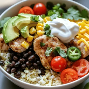 - 1 lb boneless, skinless chicken thighs, diced - 1 cup brown rice (or cauliflower rice) - 2 cups chicken broth (or vegetable broth) - 1 avocado, diced - 1 cup cherry tomatoes, halved - 1 cup shredded cheese (cheddar or Mexican blend) - ½ cup sour cream (or Greek yogurt) - 1 tablespoon olive oil - 1 teaspoon chili powder - 1 teaspoon cumin - 1 teaspoon smoked paprika - Salt and pepper to taste The ingredients for Loaded Chicken Burrito Bowls are simple yet full of flavor. You start with chicken thighs. They are tender and juicy. I recommend using boneless and skinless thighs. They cook well and soak up all the spices. Next, you have rice. Brown rice gives a nice nutty taste. If you want a lighter meal, use cauliflower rice. It’s low in carbs but still filling. For the broth, chicken or vegetable broth adds depth. I prefer chicken broth for more flavor. But vegetable broth works just as well. Now, let's talk toppings. Avocado adds creaminess. Cherry tomatoes bring freshness. Shredded cheese? It melts beautifully on top. Sour cream rounds out the dish, adding a cool contrast. You can season the chicken with olive oil, chili powder, cumin, and smoked paprika. Each spice adds its own unique kick. Adjust salt and pepper to fit your taste. This dish is versatile. You can customize it with your favorite toppings. Check out the Full Recipe for more details on how to prepare these delicious bowls. - Bring chicken broth to a boil. - If using brown rice, simmer it for about 30-35 minutes. - For cauliflower rice, sauté it in a pan for about 5 minutes. - Heat olive oil in a large skillet over medium heat. - Add diced chicken thighs and season with chili powder, cumin, smoked paprika, salt, and pepper. - Cook the chicken for about 8-10 minutes, stirring often, until it is browned and fully cooked. - Once the chicken is ready, add black beans and corn to the skillet. - Stir everything together and cook for an additional 3-4 minutes until heated through. Now you are ready to build your loaded chicken burrito bowls! For the full recipe, you can refer to the instructions provided earlier. Enjoy! To achieve perfectly cooked rice, start by rinsing it. This removes excess starch. Next, bring your chicken broth to a boil. Add the rice and cover. Reduce the heat and let it simmer for 30-35 minutes. Check it for doneness, and fluff with a fork. If you choose cauliflower rice, sauté it in a pan with a splash of water until tender. This takes about 5 minutes. When timing for cooking chicken, use a large skillet. Heat olive oil over medium heat. Add the diced chicken thighs and season them well. Cook the chicken for 8-10 minutes, stirring often. Ensure it's browned and fully cooked before moving to the next step. For extra flavor, try adding spices like smoked paprika or garlic powder. A pinch of oregano also works well. You can mix in some lime zest for a fresh kick. If you like heat, add sliced jalapeños or a few dashes of hot sauce. These can spice things up nicely. When arranging your bowls, start with a base of rice or cauliflower rice. Layer the chicken mixture on top in the center. This creates a beautiful focal point. Next, arrange the diced avocado and halved cherry tomatoes around the edges. For garnishing, sprinkle shredded cheese on top. A dollop of sour cream adds creaminess. Finish with chopped cilantro for color and freshness. You can even add lime wedges for a pop of color and flavor. {{image_2}} You can easily change the Loaded Chicken Burrito Bowls to fit your needs. For a low-carb option, use cauliflower rice instead of brown rice. Cauliflower rice cooks quickly and adds a nice texture. It’s a great way to cut carbs while keeping the meal filling. If you prefer a vegetarian option, substitute the chicken with tofu. Tofu absorbs flavors well and adds protein. Use firm tofu for the best texture. Just season it like the chicken and cook it until golden brown. You can mix up the flavor profiles with different seasonings. Try using a taco seasoning blend for a zesty twist. You can also experiment with marinades. A citrus or garlic marinade will add bright notes. For a South American flair, use spices like oregano and paprika. For a Mexican-style variation, add more cumin and chili powder. Each blend will give your meal a unique flavor. Feel free to add extra vegetables for more nutrition. Bell peppers, zucchini, or spinach can enhance the dish. They add color and crunch, making the bowls more exciting. You can also switch up the beans or grains. Use pinto beans instead of black beans for a creamier taste. Quinoa is another great grain option that adds protein. The possibilities are endless, so have fun with it! For the full recipe, check out the detailed instructions on how to create these delicious bowls. To keep your loaded chicken burrito bowls fresh, refrigerate leftovers. Place them in airtight containers. This helps prevent moisture loss and keeps the flavors intact. If you do not have containers, you can use wraps. However, this method may not keep the dish as fresh. Always label the containers with the date for easy tracking. When it’s time to enjoy your leftovers, use the oven or microwave. For the oven, preheat it to 350°F. Place the bowl covered with foil to avoid drying out. Heat for about 15-20 minutes. In the microwave, use a microwave-safe dish. Cover it loosely and heat in short bursts. Stir occasionally to warm evenly. This method helps keep the chicken tender and the rice fluffy. You can freeze components separately for longer storage. The chicken, rice, and beans freeze well. Use freezer bags or airtight containers for this. Label them with dates. When you want to eat, thaw them in the fridge overnight. Reheat as mentioned before. This keeps the flavors and textures from the original dish. Enjoy your loaded chicken burrito bowls anytime! For the full recipe, check out the section above. You can make your Loaded Chicken Burrito Bowls unique. Here are some topping ideas: - Fresh salsa for a zesty kick - Guacamole for creaminess - Black olives for saltiness - Shredded lettuce for crunch - Pickled onions for tang - Hot sauce for extra heat You can mix and match these toppings. Feel free to use your favorites. This way, everyone can enjoy a bowl just how they like it. Yes, you can easily make Loaded Chicken Burrito Bowls in bulk. Here’s how: - Double the chicken and rice to serve more. - Use larger pots and pans for cooking. - Prepare extra toppings to keep it fun. This method works well for parties or meal prep. Just store any leftovers in the fridge for later. Loaded Chicken Burrito Bowls are not just tasty but also nutritious. Here are some key nutrients: - Protein from chicken and black beans helps build muscles. - Fiber from brown rice and beans supports digestion. - Healthy fats from avocado promote heart health. - Vitamins from veggies boost your immune system. This dish offers a balanced meal that fuels your body. Enjoy it knowing it’s good for you! This blog post explored the key ingredients and steps for making Loaded Chicken Burrito Bowls. We discussed using chicken thighs, rice, and flavorful spices. Toppings like avocado and cheese add a fresh touch, while tips help you cook everything perfectly. You can customize the dish to fit your diet or taste. Remember, leftovers can be stored and reheated easily. Enjoy making this dish that is both fun and satisfying to eat. It’s a meal your family will love!