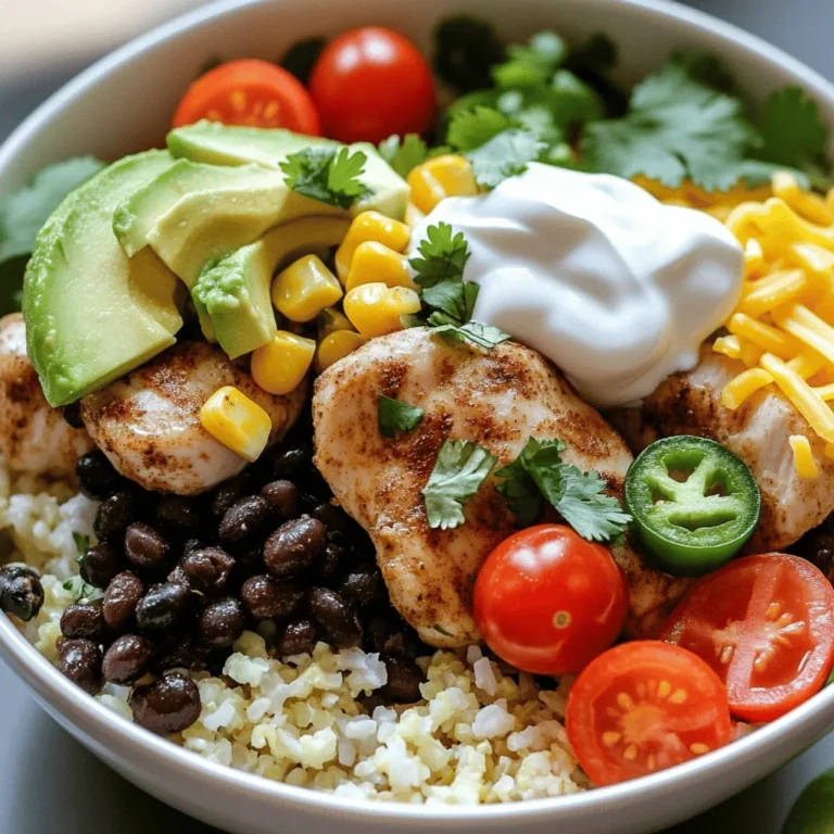 - 1 lb boneless, skinless chicken thighs, diced - 1 cup brown rice (or cauliflower rice) - 2 cups chicken broth (or vegetable broth) - 1 avocado, diced - 1 cup cherry tomatoes, halved - 1 cup shredded cheese (cheddar or Mexican blend) - ½ cup sour cream (or Greek yogurt) - 1 tablespoon olive oil - 1 teaspoon chili powder - 1 teaspoon cumin - 1 teaspoon smoked paprika - Salt and pepper to taste The ingredients for Loaded Chicken Burrito Bowls are simple yet full of flavor. You start with chicken thighs. They are tender and juicy. I recommend using boneless and skinless thighs. They cook well and soak up all the spices. Next, you have rice. Brown rice gives a nice nutty taste. If you want a lighter meal, use cauliflower rice. It’s low in carbs but still filling. For the broth, chicken or vegetable broth adds depth. I prefer chicken broth for more flavor. But vegetable broth works just as well. Now, let's talk toppings. Avocado adds creaminess. Cherry tomatoes bring freshness. Shredded cheese? It melts beautifully on top. Sour cream rounds out the dish, adding a cool contrast. You can season the chicken with olive oil, chili powder, cumin, and smoked paprika. Each spice adds its own unique kick. Adjust salt and pepper to fit your taste. This dish is versatile. You can customize it with your favorite toppings. Check out the Full Recipe for more details on how to prepare these delicious bowls. - Bring chicken broth to a boil. - If using brown rice, simmer it for about 30-35 minutes. - For cauliflower rice, sauté it in a pan for about 5 minutes. - Heat olive oil in a large skillet over medium heat. - Add diced chicken thighs and season with chili powder, cumin, smoked paprika, salt, and pepper. - Cook the chicken for about 8-10 minutes, stirring often, until it is browned and fully cooked. - Once the chicken is ready, add black beans and corn to the skillet. - Stir everything together and cook for an additional 3-4 minutes until heated through. Now you are ready to build your loaded chicken burrito bowls! For the full recipe, you can refer to the instructions provided earlier. Enjoy! To achieve perfectly cooked rice, start by rinsing it. This removes excess starch. Next, bring your chicken broth to a boil. Add the rice and cover. Reduce the heat and let it simmer for 30-35 minutes. Check it for doneness, and fluff with a fork. If you choose cauliflower rice, sauté it in a pan with a splash of water until tender. This takes about 5 minutes. When timing for cooking chicken, use a large skillet. Heat olive oil over medium heat. Add the diced chicken thighs and season them well. Cook the chicken for 8-10 minutes, stirring often. Ensure it's browned and fully cooked before moving to the next step. For extra flavor, try adding spices like smoked paprika or garlic powder. A pinch of oregano also works well. You can mix in some lime zest for a fresh kick. If you like heat, add sliced jalapeños or a few dashes of hot sauce. These can spice things up nicely. When arranging your bowls, start with a base of rice or cauliflower rice. Layer the chicken mixture on top in the center. This creates a beautiful focal point. Next, arrange the diced avocado and halved cherry tomatoes around the edges. For garnishing, sprinkle shredded cheese on top. A dollop of sour cream adds creaminess. Finish with chopped cilantro for color and freshness. You can even add lime wedges for a pop of color and flavor. {{image_2}} You can easily change the Loaded Chicken Burrito Bowls to fit your needs. For a low-carb option, use cauliflower rice instead of brown rice. Cauliflower rice cooks quickly and adds a nice texture. It’s a great way to cut carbs while keeping the meal filling. If you prefer a vegetarian option, substitute the chicken with tofu. Tofu absorbs flavors well and adds protein. Use firm tofu for the best texture. Just season it like the chicken and cook it until golden brown. You can mix up the flavor profiles with different seasonings. Try using a taco seasoning blend for a zesty twist. You can also experiment with marinades. A citrus or garlic marinade will add bright notes. For a South American flair, use spices like oregano and paprika. For a Mexican-style variation, add more cumin and chili powder. Each blend will give your meal a unique flavor. Feel free to add extra vegetables for more nutrition. Bell peppers, zucchini, or spinach can enhance the dish. They add color and crunch, making the bowls more exciting. You can also switch up the beans or grains. Use pinto beans instead of black beans for a creamier taste. Quinoa is another great grain option that adds protein. The possibilities are endless, so have fun with it! For the full recipe, check out the detailed instructions on how to create these delicious bowls. To keep your loaded chicken burrito bowls fresh, refrigerate leftovers. Place them in airtight containers. This helps prevent moisture loss and keeps the flavors intact. If you do not have containers, you can use wraps. However, this method may not keep the dish as fresh. Always label the containers with the date for easy tracking. When it’s time to enjoy your leftovers, use the oven or microwave. For the oven, preheat it to 350°F. Place the bowl covered with foil to avoid drying out. Heat for about 15-20 minutes. In the microwave, use a microwave-safe dish. Cover it loosely and heat in short bursts. Stir occasionally to warm evenly. This method helps keep the chicken tender and the rice fluffy. You can freeze components separately for longer storage. The chicken, rice, and beans freeze well. Use freezer bags or airtight containers for this. Label them with dates. When you want to eat, thaw them in the fridge overnight. Reheat as mentioned before. This keeps the flavors and textures from the original dish. Enjoy your loaded chicken burrito bowls anytime! For the full recipe, check out the section above. You can make your Loaded Chicken Burrito Bowls unique. Here are some topping ideas: - Fresh salsa for a zesty kick - Guacamole for creaminess - Black olives for saltiness - Shredded lettuce for crunch - Pickled onions for tang - Hot sauce for extra heat You can mix and match these toppings. Feel free to use your favorites. This way, everyone can enjoy a bowl just how they like it. Yes, you can easily make Loaded Chicken Burrito Bowls in bulk. Here’s how: - Double the chicken and rice to serve more. - Use larger pots and pans for cooking. - Prepare extra toppings to keep it fun. This method works well for parties or meal prep. Just store any leftovers in the fridge for later. Loaded Chicken Burrito Bowls are not just tasty but also nutritious. Here are some key nutrients: - Protein from chicken and black beans helps build muscles. - Fiber from brown rice and beans supports digestion. - Healthy fats from avocado promote heart health. - Vitamins from veggies boost your immune system. This dish offers a balanced meal that fuels your body. Enjoy it knowing it’s good for you! This blog post explored the key ingredients and steps for making Loaded Chicken Burrito Bowls. We discussed using chicken thighs, rice, and flavorful spices. Toppings like avocado and cheese add a fresh touch, while tips help you cook everything perfectly. You can customize the dish to fit your diet or taste. Remember, leftovers can be stored and reheated easily. Enjoy making this dish that is both fun and satisfying to eat. It’s a meal your family will love!