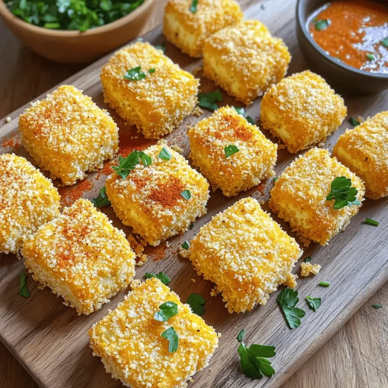 - 14 oz firm tofu, pressed and cubed - 1 cup breadcrumbs (panko preferred for extra crunch) - 1/2 cup cornstarch - 1/4 cup nutritional yeast (for a cheesy flavor) - 1 teaspoon garlic powder - 1 teaspoon onion powder - 1 teaspoon smoked paprika - 1/2 teaspoon salt - 1/4 teaspoon black pepper - 1/2 cup unsweetened plant-based milk - 2 tablespoons soy sauce - 2 tablespoons olive oil When making crispy baked tofu nuggets, the ingredients are simple yet powerful. The firm tofu gives the nuggets a nice texture. Pressing the tofu helps remove moisture. This step is key for crispiness! Using panko breadcrumbs adds extra crunch. They help the nuggets turn golden brown. Nutritional yeast gives a cheesy taste. It’s a great way to boost flavor without dairy. The seasonings play an important role too. Garlic powder and onion powder add depth. Smoked paprika offers a hint of smokiness. Salt and black pepper balance the flavors. Liquid ingredients like plant-based milk and soy sauce help the breading stick. Olive oil is essential, too. It helps the nuggets brown and crisp up nicely. Together, these ingredients make a delicious and simple treat, which you can find in the full recipe. - Preheat oven to 400°F (200°C). - Line a baking sheet with parchment paper. Start by heating your oven. A hot oven helps make the nuggets crispy. Then, get your baking sheet ready. The parchment paper will prevent sticking and make cleanup easy. - Combine plant-based milk and soy sauce. - Mix breadcrumbs, cornstarch, nutritional yeast, and seasonings. Next, grab two bowls. In the first bowl, whisk the plant-based milk and soy sauce together. This mix adds flavor and moisture. In your second bowl, mix the breadcrumbs, cornstarch, nutritional yeast, garlic powder, onion powder, smoked paprika, salt, and black pepper. This mixture gives the nuggets their tasty crust. - Dip tofu cubes in milk mixture. - Roll tofu in breadcrumb mixture. Now it’s time to coat the tofu. First, take each tofu cube and dip it into the milk mixture. Let any extra drip off. Then, roll the tofu in the breadcrumb mix until it is fully covered. This step is key for achieving that crunchy exterior. - Place coated tofu on the baking sheet. - Drizzle olive oil over nuggets. - Bake for 25-30 minutes, flipping halfway through. Place the coated tofu on your prepared baking sheet. Drizzle a little olive oil on top. This helps the nuggets crisp up nicely. Bake in the oven for 25 to 30 minutes. Flip them halfway through for even cooking. When they turn golden brown, they are ready to enjoy. For the full recipe, you can refer to the earlier sections of this article. To make your tofu nuggets extra crispy, use panko breadcrumbs. Panko gives a great crunch! You should also press your tofu well. This step removes moisture and helps it get crispy in the oven. These nuggets shine when served with tasty dips. Try homemade sauces like honey mustard or spicy mayo. You can also add a fresh salad or some crunchy vegetables on the side. They bring color and health to your meal. Use a good baking sheet for even cooking. I recommend using a non-stick or a heavy-duty baking sheet. Line it with parchment paper to prevent sticking. This way, your nuggets come out perfect every time. For best results, use a cooling rack on top of the baking sheet. This allows air to circulate and keeps the nuggets crispy. Check out the Full Recipe for more details! {{image_2}} You can make your crispy baked tofu nuggets even more exciting by changing the flavors. Try adding different seasonings like Italian herbs or chili powder. These spices give a nice twist to the taste. If you want to add a cheesy flavor, sprinkle some grated cheese on top. This option is great if you're not vegan. Dipping sauces can enhance your tofu nuggets. Some tasty options include honey mustard, spicy mayo, or buffalo sauce. Each sauce brings a unique taste that pairs well with the nuggets. For a healthier choice, you might try creamy tahini or a smooth avocado dip. Both dips add flavor and nutrition. You can easily adjust the recipe to fit your diet. For a gluten-free version, use gluten-free breadcrumbs and cornstarch. If you're watching your carbs, try using crushed nuts instead of breadcrumbs. These simple swaps keep the flavor while meeting your dietary needs. After you enjoy your crispy baked tofu nuggets, let them cool completely. This step helps keep them fresh. Once cooled, place the nuggets in an airtight container. Store them in the fridge for up to 3 days. They remain tasty and ready for your next meal. To freeze crispy baked tofu nuggets, first ensure they are fully cooled. Arrange the nuggets in a single layer on a baking sheet. Freeze them for about one hour until firm. Then, transfer the frozen nuggets to a freezer-safe bag or container. They can last for up to 3 months in the freezer. When reheating frozen nuggets, preheat your oven to 400°F (200°C). Place the nuggets on a baking sheet. Bake for about 15-20 minutes until they are crispy and heated through. This method helps them regain their crunch. Enjoy them just like when they were fresh! No, soft tofu won't work well here. It lacks the firm texture needed for nuggets. Firm tofu holds its shape better during cooking. If you use soft tofu, it may fall apart. Stick with firm tofu for the best results. You can add heat in several ways. Try using cayenne pepper in the breadcrumb mix. You can also add hot sauce to the plant-based milk mixture. Another option is to serve the nuggets with a spicy dipping sauce. Adjust the spice level to match your taste. There are many great alternatives to breadcrumbs. Crushed nuts like almonds or walnuts can add crunch. You can also use seeds, like sunflower or pumpkin seeds. For a gluten-free option, try crushed cornflakes or gluten-free breadcrumbs. Cooked tofu nuggets last about 3 to 5 days in the fridge. Store them in an airtight container to keep them fresh. If you want to keep them longer, consider freezing them. Just make sure they cool completely before freezing. This blog post covered how to make delicious tofu nuggets. You learned about the main ingredients, like tofu and breadcrumbs, and the seasonings to boost flavor. I walked you through each step, from preparation to baking. We also explored tips for extra crispiness and ideas for serving and storage. Now, you can enjoy crispy and tasty tofu nuggets at home. Don't hesitate to experiment with flavors, sauces, and storage methods. Enjoy your cooking!
