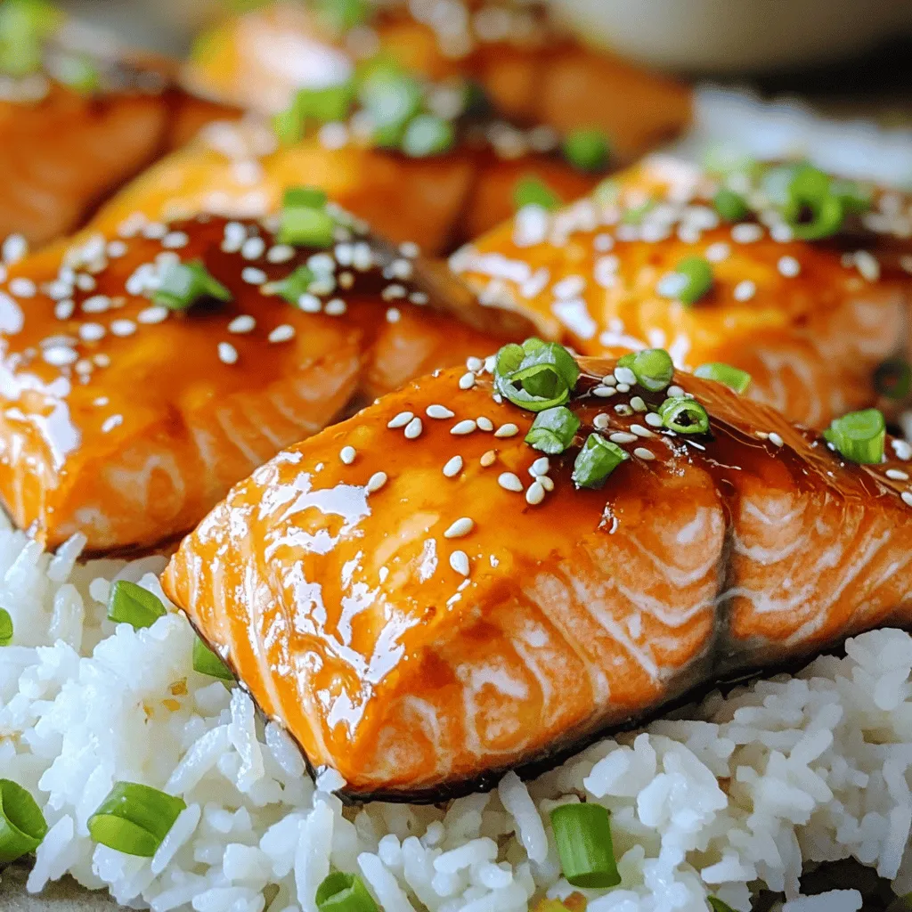 - 4 salmon fillets (6 ounces each) - 1/4 cup soy sauce (low-sodium preferred) - 1/4 cup honey - 2 tablespoons rice vinegar - 1 tablespoon grated fresh ginger - 2 cloves garlic, minced - 1 teaspoon sesame oil The heart of this dish is the salmon. I love using fresh salmon fillets for their rich flavor and texture. They cook well and stay moist. For the sauce, soy sauce adds that umami punch. Low-sodium options are great if you want to cut down on salt. Honey gives a sweet touch, balancing the salty soy. Rice vinegar adds tang and depth. Fresh ginger and garlic bring warmth and spice to the marinade. - 2 green onions, finely chopped (for garnish) - 1 tablespoon sesame seeds (for garnish) Garnishes can elevate your dish. Chopped green onions add color and a mild onion flavor. Sesame seeds give a nice crunch and nutty taste. They make the dish look beautiful too. - Cooked jasmine rice - Steamed vegetables I recommend serving the teriyaki salmon over fluffy jasmine rice. The rice soaks up the sauce perfectly. Steamed vegetables are great on the side. They add color, texture, and nutrients to your meal. This combo makes a full and balanced plate. For the complete cooking process, check the Full Recipe. To start, you need to whisk the marinade. In a medium bowl, combine: - 1/4 cup soy sauce - 1/4 cup honey - 2 tablespoons rice vinegar - 1 tablespoon grated fresh ginger - 2 cloves garlic, minced - 1 teaspoon sesame oil Whisk them until smooth. This creates a sweet and salty blend. Next, marinate the salmon. Place the salmon fillets in a shallow dish. Pour the marinade over them. Cover the dish and refrigerate for at least 30 minutes. For a stronger flavor, marinate up to 2 hours. Now, it’s time to bake. Preheat your oven to 400°F (200°C). This step is key for even cooking. Line a baking sheet with parchment paper or foil. This makes for easy cleanup. After marinating, take the salmon out. Reserve the marinade for later. Place the fillets skin-side down on the sheet. Bake the salmon for 12-15 minutes. It’s done when it flakes easily with a fork. While the salmon bakes, prepare the sauce. Pour the reserved marinade into a small saucepan. Bring it to a boil over medium heat. Let it simmer for 3-5 minutes. This thickens the sauce nicely. Be careful not to over-reduce it. Once the salmon is ready, drizzle the thickened sauce on top. Garnish with: - Chopped green onions - Sesame seeds Now, serve your teriyaki salmon over fluffy jasmine rice for a complete meal. For the full recipe, check the section above. For the best teriyaki salmon, marination is key. I recommend marinating for at least 30 minutes. If you have time, go for 2 hours. This extra time allows the flavors to soak in. Balancing the flavors is also important. The soy sauce adds saltiness, while honey brings sweetness. Adjust these to fit your taste. You can even add a splash of lime juice for a zesty kick! You can cook the salmon in the oven or on the grill. If you use the oven, preheat it to 400°F (200°C). For grilling, heat your grill to medium-high. Both methods yield tasty results. Just make sure not to overcook the salmon. Cook it until it flakes easily with a fork. This usually takes about 12 to 15 minutes in the oven. If grilling, check often to avoid dryness. When plating, keep it simple and elegant. Place the salmon on a bed of fluffy jasmine rice. Drizzle it with the thickened teriyaki sauce. Garnish with green onions and sesame seeds for a pop of color. For sides, steamed vegetables work great. Try broccoli or snap peas for a fresh crunch. This makes your meal not just tasty but also beautiful! {{image_2}} You can swap out salmon for other fish. Try using trout or tilapia. Both have great flavors and cook well. For gluten-free options, use tamari instead of soy sauce. Tamari has a similar taste and works perfectly in this recipe. You can also use coconut aminos, a great soy sauce alternative. Want to change the taste? Add spices like black pepper or red pepper flakes. These spices give the dish a nice kick. You can also add citrus juice. Lime or lemon juice brightens up the flavors. Just mix it into the marinade for a fresh twist. You can grill the salmon for a smoky flavor. Just preheat your grill and cook the salmon for about 6-8 minutes each side. If you want a caramelized finish, try broiling. Place the salmon under a broiler for 2-3 minutes after baking. This gives a nice, crisp topping. This Easy Teriyaki Salmon recipe is flexible. Feel free to mix and match these ideas! For the full recipe, check out the [Full Recipe]. To store leftovers, let the salmon cool to room temperature. Place it in an airtight container. This keeps it fresh and prevents strong smells. The shelf life in the fridge is about 3 to 4 days. If you plan to eat it later, remember to check for any signs of spoilage before enjoying. You can freeze cooked salmon for up to 3 months. Wrap each piece tightly in plastic wrap, then place it in an airtight container or freezer bag. To reheat, thaw the salmon overnight in the fridge. You can warm it in the oven at 350°F (175°C) for about 10-15 minutes. This helps keep the texture nice and flaky. Use airtight containers for storing salmon. This prevents air from getting in and keeps it fresh longer. Avoid leaving cooked salmon out at room temperature for too long. Proper storage helps retain its rich flavor and juicy texture. Enjoy your Easy Teriyaki Salmon at its best! For the full recipe, check out the [Full Recipe]. I recommend marinating teriyaki salmon for at least 30 minutes. This allows the flavors to soak in. For a stronger taste, you can marinate it for up to 2 hours. Just don’t go over two hours, or the salmon may get too salty. Yes, you can use frozen salmon! Just be sure to thaw it first. To thaw, place the salmon in the fridge overnight. If you need it faster, seal it in a bag and submerge it in cold water for about an hour. After thawing, pat it dry before marinating. I love serving teriyaki salmon with fluffy jasmine rice. It soaks up the tasty sauce well. You can also pair it with steamed vegetables like broccoli or green beans. A fresh salad with a light dressing works great, too! Check out the Full Recipe for more ideas. In this post, we explored how to make easy teriyaki salmon using simple ingredients. We discussed key items like salmon fillets, soy sauce, honey, and fresh ginger. You learned step-by-step instructions for making the marinade, baking the salmon, and adding finishing touches. We also covered tips for perfecting the dish and how to customize it. Remember, you can store leftovers for later enjoyment. With these insights, you now have all the tools to create a delicious teriyaki salmon that impresses. Enjoy your cooking journey!