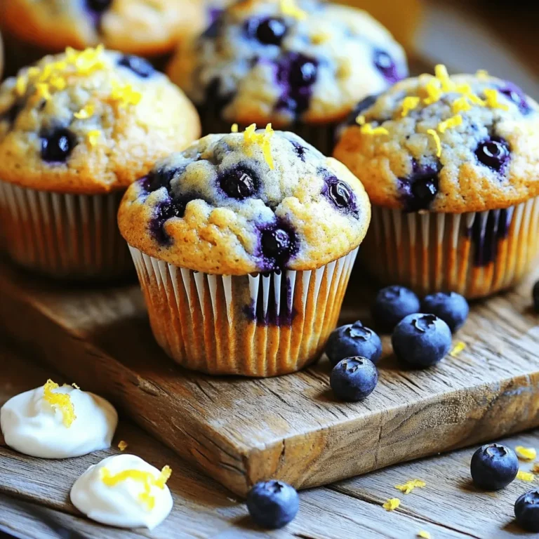 To make Blueberry Lemon Yogurt Muffins, you will need the following ingredients: - 1 cup all-purpose flour - 1 cup whole wheat flour - 1 tablespoon baking powder - 1/2 teaspoon baking soda - 1/4 teaspoon salt - 1 cup plain Greek yogurt - 1/2 cup granulated sugar - 1/4 cup honey - 2 large eggs - 1 teaspoon vanilla extract - Zest of 1 lemon - Juice of 1 lemon - 1 cup fresh blueberries (or frozen) - 2 tablespoons melted coconut oil (or butter) If you don’t have some ingredients, you can make easy swaps: - All-purpose flour can be replaced with almond flour for a nutty taste. - Whole wheat flour can switch to oat flour for a gluten-free option. - Greek yogurt can be swapped with regular yogurt or dairy-free yogurt if needed. - Honey can be replaced with maple syrup for a vegan choice. - Coconut oil can easily change to unsalted butter if you prefer. These substitutions keep the muffins tasty while fitting your needs. To bake these muffins, gather these tools: - Mixing bowls (large and medium) - Whisk or spatula - Muffin tin - Paper liners or non-stick spray - Measuring cups and spoons - Zester (for lemon zest) - Oven mitts - Toothpick (to check doneness) Having the right tools will make your baking smoother and more enjoyable. Start by preheating your oven to 375°F (190°C). Prepare a muffin tin with paper liners or grease each cup lightly. In a big bowl, whisk the all-purpose flour, whole wheat flour, baking powder, baking soda, and salt together. This mix gives the muffins a great rise. In another bowl, mix the Greek yogurt, granulated sugar, honey, eggs, vanilla extract, lemon zest, and lemon juice. Stir until the mixture is smooth and creamy. Gradually combine the wet and dry ingredients with a spatula. Be careful not to overmix; it’s okay if some lumps remain. Gently fold in the melted coconut oil and fresh blueberries. You want the blueberries to be spread evenly in the batter. Now it’s time to fill the muffin cups! Divide the batter evenly among the prepared cups, filling each about 2/3 full. This helps them rise nicely without spilling over. Place the muffin tin in the oven and bake for 18-20 minutes. You can check if they’re done by inserting a toothpick into the center. If it comes out clean, they are ready! Once baked, remove the muffins from the oven. Let them cool in the tin for about 5 minutes. Then, transfer them to a wire rack to cool completely. For a lovely presentation, serve these muffins on a rustic wooden board. Sprinkle some lemon zest on top and add a few fresh blueberries. They taste best warm or at room temperature. Enjoy them with a dollop of yogurt or a drizzle of honey for extra flavor! For the full recipe, check the section above. To make your muffins fluffy, use fresh ingredients. Make sure your baking powder is active and not expired. When mixing wet and dry ingredients, fold gently. Overmixing can lead to dense muffins. Also, let your batter sit for a few minutes before scooping it into the muffin tin. This helps create air pockets, making them rise better. One common mistake is not measuring flour correctly. Too much flour can make muffins dry. Always spoon flour into your measuring cup and level it off with a knife. Another mistake is neglecting to preheat your oven. Baking in an oven that's not hot enough can ruin texture. Lastly, avoid opening the oven door too soon. This can cause muffins to collapse. Measuring ingredients correctly is key. For dry ingredients like flour, use the spoon and level method. For liquids, use a clear measuring cup for accuracy. Always check the measurement at eye level. When measuring sticky ingredients like honey, lightly oil the measuring cup. This helps the ingredient pour out cleanly. For this recipe, follow the Full Recipe to get precise measurements. {{image_2}} You can make these muffins gluten-free. Use a gluten-free flour blend instead of all-purpose and whole wheat flour. This swap keeps the texture light and fluffy. Remember to check your baking powder; some brands may contain gluten. To make these muffins dairy-free, substitute Greek yogurt with a plant-based yogurt. Almond, coconut, or soy yogurt works well. This change keeps the muffins moist while making them dairy-free. You can also replace the eggs with flax eggs for a vegan version. Feel free to mix in different flavors. You can add spices like cinnamon or nutmeg for warmth. For a fruity twist, try using raspberries, strawberries, or blackberries instead of blueberries. Each fruit brings its own flavor and color, making your muffins unique. You could even add a splash of almond extract for a tasty twist! For the full recipe, refer back to the beginning. Enjoy experimenting with these variations! To keep your blueberry lemon yogurt muffins fresh, store them in an airtight container. This will help keep them moist. If you want them to last longer, place parchment paper between layers of muffins. This will stop them from sticking together. You can also wrap them in plastic wrap and then put them in a container. When stored correctly, these muffins can last up to five days at room temperature. If you put them in the fridge, they can last a week. For longer storage, you can freeze them. Just make sure to wrap each muffin well in plastic wrap before placing them in a freezer bag. They can last up to three months in the freezer. To reheat muffins, you can use the microwave or the oven. If using the microwave, heat for about 10-15 seconds. For the oven, set it to 350°F (175°C) and heat for about 5-10 minutes. This will bring back their fluffy texture. Enjoy your muffins warm for the best taste! You can find the full recipe above to make these tasty treats. To make these muffins richer in flavor, use high-quality ingredients. Start with fresh blueberries for the best taste. You can also add more lemon zest or juice for a zesty kick. A pinch of cinnamon or nutmeg can add warmth. If you like, swap some of the sugar for brown sugar. It gives a deeper flavor. Yes, you can use frozen blueberries. They work well in this recipe. Just add them straight from the freezer. Do not thaw them first, as this keeps your batter from turning blue. Frozen berries may make your muffins a bit wetter, so adjust baking time if needed. Blueberry Lemon Yogurt Muffins can be a healthy treat. They use Greek yogurt, which adds protein and moisture. Whole wheat flour increases fiber. Blueberries are full of vitamins and antioxidants. However, they do contain sugar and honey, so enjoy them in moderation. For a healthier twist, reduce the sugar or use a sugar substitute. For the full recipe, check the earlier section. This blog post covered everything you need to know to make delicious Blueberry Lemon Yogurt Muffins. We discussed key ingredients and possible substitutions, as well as the tools you'll need. I provided a clear step-by-step guide for mixing, baking, and serving. You learned tips to ensure your muffins are fluffy and how to avoid common mistakes. We explored variations for different diets and flavors, plus storage tips to keep your muffins fresh. Remember, you can always experiment and have fun with this recipe to make it your own. Happy baking!