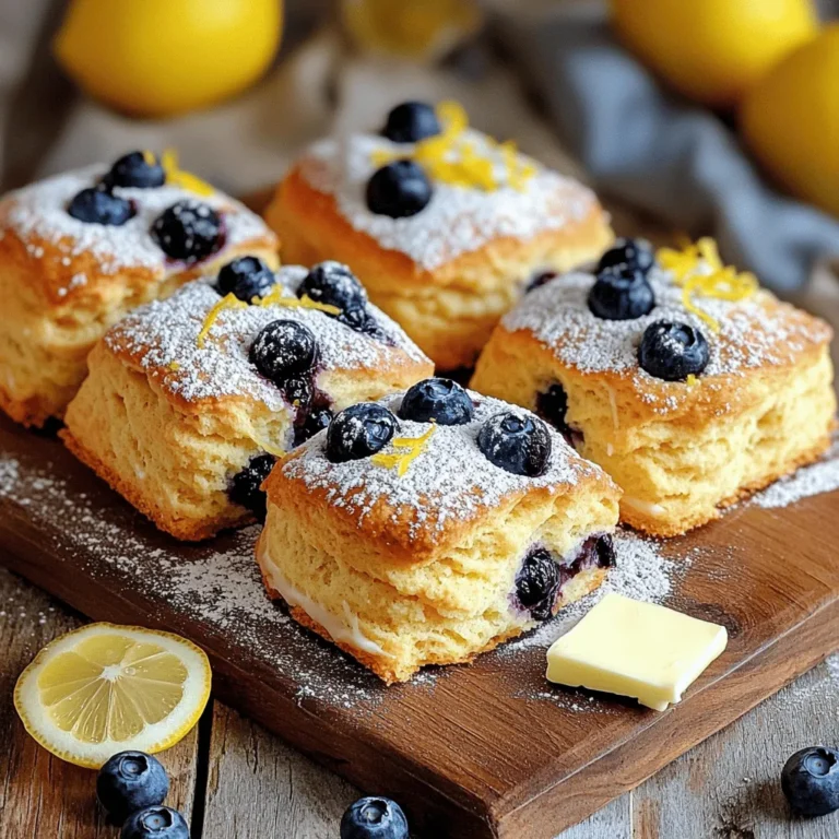 - All-Purpose Flour: 2 cups - Granulated Sugar: 1/3 cup - Baking Powder: 1 tablespoon - Salt: 1/2 teaspoon - Unsalted Butter: 1/2 cup, chilled and diced - Fresh Blueberries: 1 cup (or frozen) - Lemon Zest: From 1 lemon - Heavy Cream: 1/4 cup - Large Egg: 1 - Vanilla Extract: 1 teaspoon - Lemon Juice: 1 tablespoon When making lemon blueberry scones, the choice of ingredients matters. I use all-purpose flour for a soft texture. The granulated sugar adds a hint of sweetness. Baking powder gives the scones their lift. Salt balances the flavors. Using chilled, diced unsalted butter is key. It helps create flaky layers in the scone. I love fresh blueberries for their burst of flavor, but frozen works too. Zesting one lemon brings out that bright citrus aroma. Heavy cream keeps the dough rich and moist. The egg binds everything, while vanilla extract adds depth. Lemon juice adds a tangy note. For a sweet finish, I often make a simple glaze with powdered sugar and lemon juice. It adds shine and sweetness. - Glaze Ingredients: Powdered sugar, lemon juice - Additional Spices: Optional cinnamon or nutmeg Adding spices can enhance the flavor. A pinch of cinnamon or nutmeg brings warmth. These optional ingredients let you customize your scones. The choice is yours! For the full recipe, refer back to the earlier section. - Preheat the Oven: Set to 400°F (200°C). - Prepare the Baking Sheet: Line it with parchment paper. - Combine Dry Ingredients: In a large bowl, mix flour, sugar, baking powder, and salt. - Incorporate Butter: Add the diced butter. Use your fingers to blend until crumbly. - Fold in Blueberries and Lemon Zest: Gently add the blueberries and lemon zest, mixing softly. - Whisk Together Cream, Egg, Vanilla, and Lemon Juice: In a separate bowl, mix these until smooth. - Combine Wet and Dry Ingredients: Pour the wet mix into the dry ingredients. Stir until just combined. - Kneading the Dough: Turn the dough onto a floured surface. Knead gently 2-3 times. - Cutting into Wedges: Shape the dough into a circle, about 1 inch thick. Cut into 8 wedges. - Baking Time: Place the wedges on the sheet. Bake for 15-20 minutes until golden brown. For the full recipe, check the detailed instructions provided above. - Avoid Overmixing the Dough When making scones, mix just until combined. Overmixing makes them tough. You want a light, flaky texture. This is key for the best lemon blueberry scones. - Use Chilled Ingredients Keep your butter and cream cold. Cold ingredients help scones rise and stay tender. The cold butter creates steam while baking, leading to a fluffy scone. - Glazing with Powdered Sugar and Lemon Juice A simple glaze adds sweetness and shine. Mix powdered sugar with lemon juice. Drizzle it over the scones after they cool. This makes them look beautiful and inviting. - Serving Suggestions: With butter or clotted cream Enjoy your scones warm with butter or clotted cream. This adds richness and enhances the lemon flavor. Pairing with a cup of tea or coffee makes it a perfect treat. {{image_2}} You can switch up the berries in these scones. Raspberries, blackberries, or strawberries all work well. Each berry adds a unique twist to the flavor. I love using fresh fruit for the best taste. However, frozen berries are a great option too. They are easy to find and still taste good. Another fun option is to add nuts. Pecans and walnuts give a nice crunch. They also add a warm, nutty flavor. Just chop them up and fold them in with the blueberries. This small change can make a big difference. If you need gluten-free scones, you can easily adapt the recipe. Use gluten-free flour blends instead of all-purpose flour. These blends often contain rice flour and starches. They work well in baked goods like scones. For those avoiding dairy, there are tasty alternatives. You can use vegan butter in place of regular butter. For cream, try coconut cream or almond milk. Both options keep the scones moist and delicious. You won’t miss the dairy at all! For the full recipe, check out the Lemon Blueberry Delight Scones 🫐 section. To keep your Lemon Blueberry Scones fresh, store them properly. At room temperature, they last up to 2 days. Place them in a sealed container to keep moisture in. If you want to extend their life, refrigerate them. They can stay fresh for up to 1 week in the fridge. Just make sure to wrap them well to avoid drying out. You can freeze baked scones for later use. To freeze, let the scones cool completely. Then, place them in a freezer-safe bag or container. They can stay frozen for about 3 months. When you're ready to enjoy them, just reheat. For the best taste, heat the scones in an oven at 350°F (175°C) for about 10-15 minutes. This will bring back their warmth and softness, making them as delightful as fresh. How do I make Lemon Blueberry Scones moist? To make your scones moist, use cold butter. This keeps the scones flaky. Don't overmix the dough; mix just until combined. You can also add a bit more cream for extra moisture. Can I use frozen blueberries? Yes, you can use frozen blueberries. Just add them straight to the dough. They may bleed a bit, but they still taste great. Use them without thawing to keep the scones firm. What can I serve with Lemon Blueberry Scones? Serve your scones warm with butter or clotted cream. A drizzle of glaze adds sweetness. You can also enjoy them with a cup of tea or coffee for a cozy treat. How to make the perfect glaze? To make a simple glaze, mix powdered sugar with lemon juice. Start with one cup of powdered sugar and add lemon juice until it reaches your desired consistency. Drizzle it on scones while they are still warm for a lovely shine. Can I replace lemon juice with other flavors? Yes, you can! Try orange juice for a different taste. You could also use almond extract for a nutty flavor. Just keep the balance of wet and dry ingredients in mind. What to do if the scones are too dry? If your scones turn out dry, try adding a splash of cream or milk. You can also brush them with melted butter right after baking to add moisture. How to avoid flat scones? To prevent flat scones, use a good amount of baking powder and make sure it's fresh. Also, handle the dough gently and don't overwork it. Chilling the dough for a short while helps too. This post covered how to make delicious lemon blueberry scones. We looked at key ingredients, preparation steps, and tips for the best results. You now know how to mix, shape, and bake these tasty treats. Don’t forget to store them properly and explore fun variations. Baking is all about trying new flavors. So, dive in and enjoy these scones fresh out of the oven. They’re a delightful treat for any time of day!
