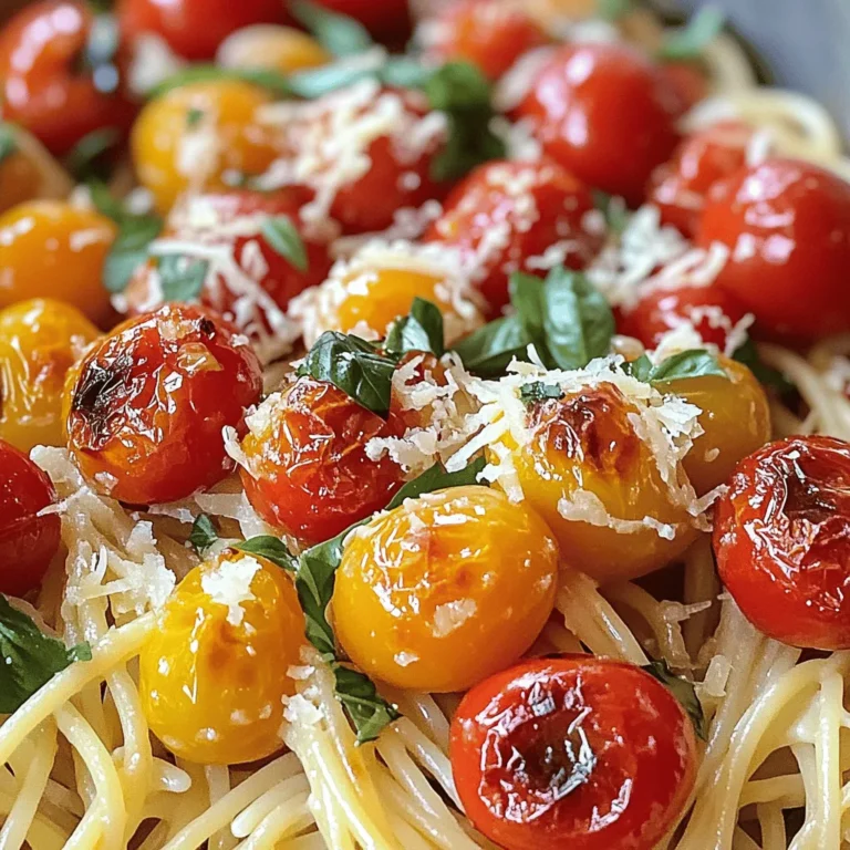 To make roasted garlic and tomato pasta, you need these simple items: - 1 pound spaghetti or your favorite pasta - 8 cloves garlic, unpeeled - 4 cups cherry tomatoes, halved - 1/4 cup extra-virgin olive oil - 1 teaspoon dried oregano - 1 teaspoon red pepper flakes (adjust for spice preference) - Salt and pepper to taste - 1/4 cup fresh basil, chopped - 1/2 cup freshly grated Parmesan cheese (optional) Fresh ingredients make a big difference in taste. When cooking, I always use ripe cherry tomatoes. They burst with flavor. Fresh garlic gives a sweet, nutty taste after roasting. Fresh basil adds a bright note to the dish. Using these ingredients helps create a dish that feels special. You can adjust this pasta to fit your needs. If you're gluten-free, choose gluten-free pasta. For a vegan option, skip the Parmesan cheese or use a plant-based alternative. You can even swap cherry tomatoes for canned diced tomatoes if fresh ones aren't available. This way, anyone can enjoy this tasty dish. For a heartier meal, add cooked chicken or shrimp. Feel free to mix in veggies like spinach or zucchini for added nutrition. For the full recipe, check out the details above. Start by gathering your ingredients. For this dish, you need: - 1 pound spaghetti or your favorite pasta - 8 cloves garlic, unpeeled - 4 cups cherry tomatoes, halved - 1/4 cup extra-virgin olive oil - 1 teaspoon dried oregano - 1 teaspoon red pepper flakes (adjust for spice preference) - Salt and pepper to taste - 1/4 cup fresh basil, chopped - 1/2 cup freshly grated Parmesan cheese (optional) Preheat your oven to 400°F (200°C). This helps the garlic and tomatoes roast perfectly. On a baking sheet, place the unpeeled garlic cloves and halved cherry tomatoes. Drizzle with half of the olive oil. Sprinkle with oregano, red pepper flakes, salt, and pepper. Toss gently to coat. Roast in the oven for 20-25 minutes. Look for blistered tomatoes and soft garlic. The smell will guide you! Meanwhile, cook your pasta. Use a large pot of salted boiling water and follow the package instructions. Cook until it’s al dente. Don’t forget to save 1 cup of pasta water before draining. Once the tomatoes and garlic are done, let them cool a bit. Squeeze the roasted garlic out of its skin into a bowl. Mash it with a fork to create a creamy base. Mix the mashed garlic with the roasted tomatoes. Add the remaining olive oil and a splash of the reserved pasta water. Stir well to make a sauce. Now, add the drained pasta to the sauce. Toss it all together until the pasta is well coated. If the sauce is too thick, add more reserved pasta water until you like the consistency. Finally, stir in fresh basil. Taste and adjust seasoning with salt and pepper if needed. Serve your roasted garlic and tomato pasta immediately. If you want, sprinkle some grated Parmesan cheese on top. Enjoy this meal! For the full recipe, check the earlier section. Roasting garlic is simple. Start by placing unpeeled garlic cloves on a baking sheet. Cook them at 400°F (200°C) for about 20 to 25 minutes. You want them soft and golden. When done, let them cool a bit. Squeeze the garlic out of the skin with your fingers. It should be creamy and sweet. This garlic adds a rich, deep flavor to your pasta. Cooking pasta seems easy, but timing is key. Follow the package directions for cooking time. Use a large pot with plenty of salted boiling water. This boosts flavor and helps keep pasta from sticking. For the best texture, aim for "al dente," which means it should be firm to the bite. Remember to reserve some pasta water before draining. This starchy water helps thicken your sauce. Want to make your roasted garlic and tomato pasta pop? Here are some ideas: - Herbs: Add fresh basil or parsley for a bright touch. - Cheese: Toss in some feta or goat cheese for creaminess. - Nuts: Pine nuts or walnuts give a nice crunch. - Spices: For heat, add more red pepper flakes or a dash of smoked paprika. - Zest: A sprinkle of lemon zest can brighten the flavors. These enhancements will take your dish to the next level. Check out the Full Recipe for a complete guide to making this tasty meal! {{image_2}} Roasted garlic and tomato pasta is great for everyone. For a vegetarian twist, skip the cheese. You can add nutritional yeast for a cheesy taste. If you want a vegan option, use a plant-based cheese. This makes it creamy without dairy. You can also toss in fresh spinach or kale. These greens add color and nutrients to your dish. You can switch up the pasta for fun! Try whole wheat pasta for more fiber. Gluten-free pasta works well if you need it. You can even use zucchini noodles for a low-carb choice. Each type will change the dish's texture, so experiment to find your favorite. Want to make it heartier? Add protein like grilled chicken or shrimp. Cook these separately and toss them in at the end. For a veggie boost, add bell peppers or mushrooms. They roast well and taste amazing with garlic and tomatoes. Broccoli or asparagus are also great choices. These keep the dish fresh and colorful. For more details, check out the full recipe. To keep your roasted garlic and tomato pasta fresh, store it in an airtight container. Make sure it cools down before sealing. This will help keep the flavors intact. The pasta can last in the fridge for about 3 to 5 days. If you notice any off smells or changes in color, it's best to toss it. When you’re ready to enjoy your leftovers, reheating properly is key. Use a pan over low heat for the best results. Add a splash of water or olive oil to help the pasta regain its moisture. Stir often to prevent sticking. You can also microwave it, but cover the dish to retain moisture. Heat in 30-second intervals, stirring in between. If you want to save some pasta for later, freezing is a great option. Portion the pasta into individual servings and place them in freezer-safe bags. Remove as much air as possible before sealing. It keeps well for about 2 to 3 months in the freezer. When you're ready to eat, thaw it in the fridge overnight, then reheat as mentioned above. For the best taste, enjoy it within a month. Yes, you can use many types of tomatoes. Roma tomatoes add a rich flavor. Beefsteak tomatoes are juicy and sweet. You can also use canned tomatoes if fresh ones are not available. Just be sure to drain them well. This will keep your pasta from getting too watery. Experiment and find what you like best! To make this recipe gluten-free, choose gluten-free pasta. Many brands offer great options that taste good. You can find pasta made from rice, corn, or lentils. These pastas cook a bit differently, so check the package for instructions. Follow the same steps in the recipe, and enjoy your meal worry-free! Roasted garlic and tomato pasta pairs well with many sides. A fresh green salad adds crunch and color. Garlic bread is a classic choice that everyone loves. You can also serve it with grilled vegetables for a healthy twist. A nice glass of red wine makes the meal even better. Enjoy exploring different pairings! For the complete recipe, check out the [Full Recipe]. This blog post covered key ingredients for roasted garlic and tomato pasta. We explored fresh ingredients and alternatives for dietary needs. I shared step-by-step cooking instructions and helpful tips, like roasting garlic perfectly. We also discussed pasta variations and storage tips to keep leftovers fresh. In summary, this dish is simple, versatile, and delicious. You can make it fit your tastes and needs. Enjoy experimenting with flavors and ingredients! Your next meal can be a hit.