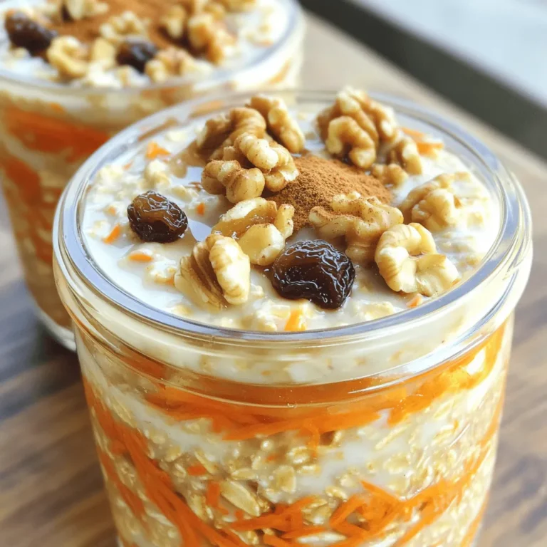 - 1 cup rolled oats - 1 cup unsweetened almond milk - 1 medium carrot, finely grated - 1/4 cup Greek yogurt (optional) - 2 tablespoons maple syrup (or honey) - 1 teaspoon vanilla extract - 1/2 teaspoon ground cinnamon - 1/4 teaspoon nutmeg - 1/4 cup raisins or sultanas - 2 tablespoons chopped walnuts or pecans - A pinch of salt Gathering these simple ingredients makes this recipe fun and easy. Each one plays a key role in creating the taste and texture of your carrot cake overnight oats. The rolled oats serve as the base. They soak up the almond milk and become soft and creamy. Carrots add a natural sweetness and a nice crunch. You can also add Greek yogurt for creaminess. Maple syrup or honey gives the oats a sweet touch. The vanilla extract adds a warm, comforting flavor, while cinnamon and nutmeg bring out the cake spices we all love. Raisins or sultanas add a chewy texture, and the nuts provide a delightful crunch. Don't forget the pinch of salt; it enhances all the flavors. This mix of ingredients provides a tasty way to start your day. The recipe is not only delicious but also packed with nutrients that fuel your morning. For a complete guide, check the Full Recipe. - In a medium-sized bowl, combine 1 cup of rolled oats and 1 cup of almond milk. Stir well to soak the oats. - Next, mix in 1 finely grated medium carrot, 1/4 cup of Greek yogurt (optional for creaminess), 2 tablespoons of maple syrup, 1 teaspoon of vanilla extract, 1/2 teaspoon of ground cinnamon, 1/4 teaspoon of nutmeg, and a pinch of salt. Make sure to stir until everything is mixed well. - Now, fold in 1/4 cup of raisins and 2 tablespoons of chopped walnuts or pecans. Save a few nuts for topping later. - Spoon the mixture into individual serving jars. Make sure to fill them evenly to avoid overflow. - For filling jars evenly, use a spoon to level the oats as you go. This helps with presentation and ensures every jar has the same amount. - Seal the jars and place them in the fridge. Let them chill for at least 4 hours, or overnight if you can wait. This allows the oats to soften and flavors to meld. - In the morning, stir the oats well. If they are too thick, add a splash of almond milk to adjust the consistency. - You can top your oats with extra chopped nuts, a sprinkle of cinnamon, or a dollop of yogurt before serving. Enjoy this delicious treat! For a full recipe, check out the Carrot Cake Overnight Oats. Using rolled oats is key for overnight oats. Rolled oats soak up liquid well and keep their shape. They give the right texture, making your oats creamy but not mushy. Quick oats may turn too soft and lose their bite. For milk, unsweetened almond milk works great. You can also use regular cow's milk or oat milk. These options add flavor without overpowering the oats. If you prefer a creamier mix, try coconut milk. To boost flavor, add spices like cinnamon and nutmeg. These spices create a warm, inviting taste. You can also explore sweeteners. Maple syrup is a favorite, but honey or agave syrup work well too. Mix-ins can take your oats to the next level. Shredded coconut adds texture and sweetness. Pineapple chunks can bring a tropical twist. Experiment with what you love! Use clear jars or bowls for serving. This shows off the beautiful layers you created. It makes the dish more appealing. For garnishing, consider adding extra grated carrot on top. A drizzle of maple syrup adds shine and sweetness. Chopped walnuts or pecans can give a nice crunch. Remember, we eat with our eyes first! For the full recipe, check the provided link. {{image_2}} You can easily make carrot cake overnight oats to fit your diet. For dairy-free and vegan options, use almond milk and skip the Greek yogurt. Instead, add a bit more almond milk for creaminess. You can also replace maple syrup with agave nectar for a vegan sweetener. If you need gluten-free adaptations, use certified gluten-free rolled oats. This way, you can enjoy your meal without any worries about gluten. Just make sure to check labels when buying other ingredients. Want to spice things up? Try tropical carrot cake overnight oats. Add diced pineapple and shredded coconut to the mix. The sweet and tangy flavors will brighten your breakfast! Another fun option is chocolate chip carrot cake oats. Mix in dark chocolate chips for a sweet treat. Both variations keep the base recipe intact but add fun twists to suit your taste. When it comes to serving, the options are endless. Pair your oats with fresh fruits like banana slices or berries. You can also add toppings like extra nuts, seeds, or a dollop of yogurt. These add flavor and texture, making each bite exciting. For a special treat, serve the oats as a dessert. Top them with whipped cream and a sprinkle of cinnamon. This way, you can enjoy your favorite cake flavors any time of day! For the full recipe, check out the detailed instructions above. You can store carrot cake overnight oats in the fridge for up to five days. To keep them fresh, use airtight containers. This helps prevent sogginess and keeps the flavors intact. If you notice the oats have thickened too much, add a splash of almond milk before eating. Yes, you can freeze overnight oats! They last well in the freezer for up to three months. To freeze, portion oats into freezer-safe containers. When you’re ready to eat, thaw them in the fridge overnight. You can also microwave them for a quick warm-up. Just stir well to ensure even heat. Yes, you can easily make carrot cake overnight oats vegan. For yogurt, use a plant-based option like coconut yogurt or almond yogurt. For sweeteners, maple syrup is a great choice. You could also swap honey with agave syrup. These swaps keep the taste yummy and the texture creamy. Overnight oats stay fresh in the fridge for up to 5 days. Store them in airtight containers to keep them safe. If you notice any changes in smell or texture, it's best to toss them. Fresh is always best for flavor and safety. You can use quick oats instead of rolled oats. Quick oats will make the mixture softer and creamier. However, they may lose some texture. Rolled oats provide a chewier bite and hold up better in the fridge. Choose based on your texture preference! Overnight oats are simple to make and healthy too. We covered great ingredients like oats, carrots, and nuts. You learned how to mix and store them properly. Remember, these oats are not just for breakfast; they can be a tasty dessert! With fun variations, you can customize your oats to match your taste. Enjoy your healthy meals, and don't hesitate to experiment with flavors. Getting creative can make your breakfast exciting and nutritious!