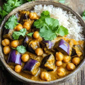 - 1 large eggplant, diced - 1 can (15 oz) chickpeas, drained and rinsed - 1 medium onion, finely chopped - 2 cloves garlic, minced - 1-inch piece of ginger, grated - 2 tablespoons curry powder - 1 teaspoon turmeric - 1 can (14 oz) coconut milk - 1 cup diced tomatoes (canned or fresh) - 2 tablespoons olive oil - Salt and pepper to taste - Fresh cilantro, chopped for garnish - Cooked basmati rice or naan bread for serving You can add a few optional items to boost the taste of your curry. Consider adding: - Red chili flakes for heat - Lemon juice for brightness - Bell peppers for sweetness - Spinach for extra greens - Peas for a pop of color Each serving of eggplant and chickpea curry provides a good balance of nutrients. Here’s a breakdown: - Calories: 350 - Protein: 12g - Fat: 18g - Carbohydrates: 36g - Fiber: 10g - Sugar: 5g This dish is not only tasty but also packed with plant-based protein and fiber. Enjoy it as a wholesome meal that fills you up! For the full recipe, check out the previous section. To start, gather your ingredients. You will need: - 1 large eggplant, diced - 1 can (15 oz) chickpeas, drained and rinsed - 1 medium onion, finely chopped - 2 cloves garlic, minced - 1-inch piece of ginger, grated - 2 tablespoons curry powder - 1 teaspoon turmeric - 1 can (14 oz) coconut milk - 1 cup diced tomatoes (canned or fresh) - 2 tablespoons olive oil - Salt and pepper to taste - Fresh cilantro, chopped for garnish - Cooked basmati rice or naan bread for serving Now, peel and dice the eggplant. The eggplant will absorb flavors and add texture. Chop the onion and mince garlic and ginger. This prep is quick but vital. Heat olive oil in a large pot over medium heat. Add the chopped onion first. Sauté for about 5 minutes or until it turns translucent. Next, add the minced garlic and grated ginger. Cook for another minute until fragrant. The smell will be amazing! Now, stir in the curry powder and turmeric. This toasting step is crucial. It brings out the spices' flavors. Add the diced eggplant next. Stir well to coat the eggplant in spices. Cook for 5 to 7 minutes until it softens. Pour in the diced tomatoes and coconut milk. Then, add the drained chickpeas. Season with salt and pepper. Bring everything to a gentle simmer. Cover the pot and let it cook for 15 to 20 minutes. Stir occasionally. The eggplant should be tender when done. Taste the curry. Adjust the seasoning if needed. Add more salt or spices based on your preference. After cooking, let it sit for a few minutes before serving. For the best flavor, choose ripe eggplants. The skin should be shiny, and the flesh should feel firm. When using spices, ensure they are fresh. Old spices may lack flavor. Serve the curry hot in bowls. Garnish with chopped cilantro for a fresh touch. Pair it with fluffy basmati rice or warm naan bread. This helps soak up the delicious sauce. For a detailed view, refer to the Full Recipe. Enjoy this flavorful dish! When making eggplant and chickpea curry, avoid undercooking the eggplant. It should be soft and tender. If you skip the salt on the eggplant before cooking, it may become bitter. Also, don't rush the cooking process. Let the spices toast properly to unlock their flavors. Lastly, avoid adding too much liquid at once. This can make the curry too runny. To adjust spice levels, start with less curry powder. You can always add more if needed. If you want it milder, skip the turmeric. For more heat, add red pepper flakes or a diced chili. Taste as you go. This way, you get the flavor you want without overwhelming heat. Eggplant and chickpea curry shines with basmati rice or warm naan. These pair well with the rich sauce. For a fresh touch, serve it with a side of cucumber salad. You can also add a dollop of yogurt on top for creaminess. This helps balance the spices and adds a cool flavor. If you want to elevate your meal, try garnishing with fresh cilantro. It adds color and a burst of flavor. Want the full recipe? Check out the Full Recipe section! {{image_2}} You can swap or add other veggies to your curry. Try zucchini for a fresh bite. Cauliflower adds a nice texture. Sweet potatoes bring a hint of sweetness. Carrots are colorful and crunchy too. Bell peppers brighten the dish with their colors. Just chop them into bite-sized pieces. Cook them along with the eggplant for even flavor. This recipe is already vegan! It uses chickpeas and coconut milk, so it’s perfect for plant lovers. If you want it gluten-free, simply ensure your spices are certified gluten-free. Check for any sauces or broths you use. Many curry powders fit this need well. You can serve this curry in many fun ways. Try it over warm basmati rice for a classic combo. Naan bread is perfect for scooping the curry up. You can also serve it in bowls with a side salad. For a twist, add it to a grain bowl with quinoa or farro. Garnish with fresh cilantro for a pop of color. Each option makes the dish feel new and exciting. For the full recipe, check the link provided. To keep your eggplant and chickpea curry fresh, let it cool first. Place it in an airtight container. Store it in the fridge for up to four days. Make sure to label the container with the date. This helps you track how long it’s been there. If you want to save the curry for later, freezing is a great option. Allow the curry to cool completely. Transfer it into freezer-safe containers or bags. You can freeze it for up to three months. When ready to eat, just thaw it in the fridge overnight. Reheating your curry is easy. You can do this on the stove or in the microwave. If using the stove, heat it in a pot over medium heat. Stir it often to ensure even warming. In the microwave, place it in a microwave-safe bowl. Heat in short bursts, stirring in between, until warmed through. Enjoy it with fresh rice or naan for a delicious meal! For the full recipe, check out the instructions above. Eggplant and chickpea curry lasts about 3 to 5 days in the fridge. Store it in an airtight container. Make sure it cools down before sealing. This helps keep the flavor fresh. Always check for any signs of spoilage before eating. Yes, you can use fresh chickpeas! If you choose fresh chickpeas, soak them overnight. Cook them until tender, which may take 1-2 hours. Canned chickpeas save time but fresh ones add a great taste and texture. Both options work well in this curry. Serve this curry with fluffy basmati rice or warm naan. The rice soaks up the rich sauce nicely. You can also pair it with a side salad for freshness. A dollop of yogurt adds creaminess too. Get creative and enjoy your meal! For the full recipe, check out the detailed instructions above. In this article, we explored how to make a tasty eggplant and chickpea curry. We covered key ingredients, step-by-step cooking instructions, and tips for success. I shared ways to tweak flavors and avoid common mistakes. You also learned how to store leftovers and answered some common questions. Enjoy this dish with friends and family. Happy cooking!