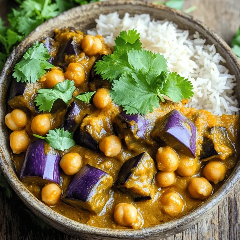 - 1 large eggplant, diced - 1 can (15 oz) chickpeas, drained and rinsed - 1 medium onion, finely chopped - 2 cloves garlic, minced - 1-inch piece of ginger, grated - 2 tablespoons curry powder - 1 teaspoon turmeric - 1 can (14 oz) coconut milk - 1 cup diced tomatoes (canned or fresh) - 2 tablespoons olive oil - Salt and pepper to taste - Fresh cilantro, chopped for garnish - Cooked basmati rice or naan bread for serving You can add a few optional items to boost the taste of your curry. Consider adding: - Red chili flakes for heat - Lemon juice for brightness - Bell peppers for sweetness - Spinach for extra greens - Peas for a pop of color Each serving of eggplant and chickpea curry provides a good balance of nutrients. Here’s a breakdown: - Calories: 350 - Protein: 12g - Fat: 18g - Carbohydrates: 36g - Fiber: 10g - Sugar: 5g This dish is not only tasty but also packed with plant-based protein and fiber. Enjoy it as a wholesome meal that fills you up! For the full recipe, check out the previous section. To start, gather your ingredients. You will need: - 1 large eggplant, diced - 1 can (15 oz) chickpeas, drained and rinsed - 1 medium onion, finely chopped - 2 cloves garlic, minced - 1-inch piece of ginger, grated - 2 tablespoons curry powder - 1 teaspoon turmeric - 1 can (14 oz) coconut milk - 1 cup diced tomatoes (canned or fresh) - 2 tablespoons olive oil - Salt and pepper to taste - Fresh cilantro, chopped for garnish - Cooked basmati rice or naan bread for serving Now, peel and dice the eggplant. The eggplant will absorb flavors and add texture. Chop the onion and mince garlic and ginger. This prep is quick but vital. Heat olive oil in a large pot over medium heat. Add the chopped onion first. Sauté for about 5 minutes or until it turns translucent. Next, add the minced garlic and grated ginger. Cook for another minute until fragrant. The smell will be amazing! Now, stir in the curry powder and turmeric. This toasting step is crucial. It brings out the spices' flavors. Add the diced eggplant next. Stir well to coat the eggplant in spices. Cook for 5 to 7 minutes until it softens. Pour in the diced tomatoes and coconut milk. Then, add the drained chickpeas. Season with salt and pepper. Bring everything to a gentle simmer. Cover the pot and let it cook for 15 to 20 minutes. Stir occasionally. The eggplant should be tender when done. Taste the curry. Adjust the seasoning if needed. Add more salt or spices based on your preference. After cooking, let it sit for a few minutes before serving. For the best flavor, choose ripe eggplants. The skin should be shiny, and the flesh should feel firm. When using spices, ensure they are fresh. Old spices may lack flavor. Serve the curry hot in bowls. Garnish with chopped cilantro for a fresh touch. Pair it with fluffy basmati rice or warm naan bread. This helps soak up the delicious sauce. For a detailed view, refer to the Full Recipe. Enjoy this flavorful dish! When making eggplant and chickpea curry, avoid undercooking the eggplant. It should be soft and tender. If you skip the salt on the eggplant before cooking, it may become bitter. Also, don't rush the cooking process. Let the spices toast properly to unlock their flavors. Lastly, avoid adding too much liquid at once. This can make the curry too runny. To adjust spice levels, start with less curry powder. You can always add more if needed. If you want it milder, skip the turmeric. For more heat, add red pepper flakes or a diced chili. Taste as you go. This way, you get the flavor you want without overwhelming heat. Eggplant and chickpea curry shines with basmati rice or warm naan. These pair well with the rich sauce. For a fresh touch, serve it with a side of cucumber salad. You can also add a dollop of yogurt on top for creaminess. This helps balance the spices and adds a cool flavor. If you want to elevate your meal, try garnishing with fresh cilantro. It adds color and a burst of flavor. Want the full recipe? Check out the Full Recipe section! {{image_2}} You can swap or add other veggies to your curry. Try zucchini for a fresh bite. Cauliflower adds a nice texture. Sweet potatoes bring a hint of sweetness. Carrots are colorful and crunchy too. Bell peppers brighten the dish with their colors. Just chop them into bite-sized pieces. Cook them along with the eggplant for even flavor. This recipe is already vegan! It uses chickpeas and coconut milk, so it’s perfect for plant lovers. If you want it gluten-free, simply ensure your spices are certified gluten-free. Check for any sauces or broths you use. Many curry powders fit this need well. You can serve this curry in many fun ways. Try it over warm basmati rice for a classic combo. Naan bread is perfect for scooping the curry up. You can also serve it in bowls with a side salad. For a twist, add it to a grain bowl with quinoa or farro. Garnish with fresh cilantro for a pop of color. Each option makes the dish feel new and exciting. For the full recipe, check the link provided. To keep your eggplant and chickpea curry fresh, let it cool first. Place it in an airtight container. Store it in the fridge for up to four days. Make sure to label the container with the date. This helps you track how long it’s been there. If you want to save the curry for later, freezing is a great option. Allow the curry to cool completely. Transfer it into freezer-safe containers or bags. You can freeze it for up to three months. When ready to eat, just thaw it in the fridge overnight. Reheating your curry is easy. You can do this on the stove or in the microwave. If using the stove, heat it in a pot over medium heat. Stir it often to ensure even warming. In the microwave, place it in a microwave-safe bowl. Heat in short bursts, stirring in between, until warmed through. Enjoy it with fresh rice or naan for a delicious meal! For the full recipe, check out the instructions above. Eggplant and chickpea curry lasts about 3 to 5 days in the fridge. Store it in an airtight container. Make sure it cools down before sealing. This helps keep the flavor fresh. Always check for any signs of spoilage before eating. Yes, you can use fresh chickpeas! If you choose fresh chickpeas, soak them overnight. Cook them until tender, which may take 1-2 hours. Canned chickpeas save time but fresh ones add a great taste and texture. Both options work well in this curry. Serve this curry with fluffy basmati rice or warm naan. The rice soaks up the rich sauce nicely. You can also pair it with a side salad for freshness. A dollop of yogurt adds creaminess too. Get creative and enjoy your meal! For the full recipe, check out the detailed instructions above. In this article, we explored how to make a tasty eggplant and chickpea curry. We covered key ingredients, step-by-step cooking instructions, and tips for success. I shared ways to tweak flavors and avoid common mistakes. You also learned how to store leftovers and answered some common questions. Enjoy this dish with friends and family. Happy cooking!