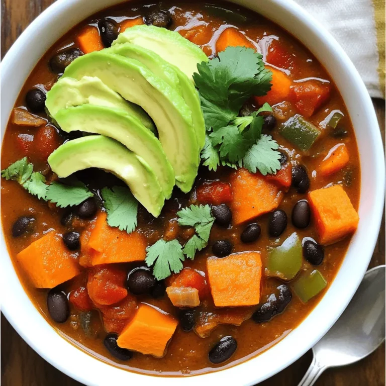 - 2 medium sweet potatoes, peeled and diced - 1 can (15 oz) black beans, drained and rinsed - 1 can (14 oz) diced tomatoes (with juice) - 1 cup vegetable broth - 1 medium onion, diced - 2 cloves garlic, minced - 1 bell pepper (red or green), diced - 1 tablespoon chili powder - 1 teaspoon cumin - 1/2 teaspoon paprika - Salt and pepper to taste - 2 tablespoons olive oil These ingredients form the base of your Sweet Potato Black Bean Chili. The sweet potatoes add a nice texture and a hint of sweetness. Black beans provide protein and fiber. Diced tomatoes give acidity and fresh flavor. The vegetable broth keeps everything moist and adds depth. The onion, garlic, and bell pepper create a hearty and flavorful base. Finally, the spices bring warmth and zest. - Fresh cilantro, for garnish - Avocado slices, for topping (optional) Toppings can elevate your chili. Fresh cilantro adds a burst of herbal freshness. Avocado slices add creaminess and richness. You can mix and match based on your taste. Both options make the dish look vibrant and inviting. For the full recipe, check out the complete cooking guide! - Heat 2 tablespoons of olive oil in a large pot over medium heat. - Add 1 medium onion, diced, and 1 bell pepper, diced. Sauté for about 5 minutes until softened. - Stir in 2 cloves of minced garlic, 1 tablespoon of chili powder, 1 teaspoon of cumin, and 1/2 teaspoon of paprika. Sauté for an additional minute until fragrant. - Add 2 medium sweet potatoes, peeled and diced, to the pot. Cook for another 5 minutes, stirring occasionally. - Pour in 1 can (14 oz) of diced tomatoes (with juice) and 1 cup of vegetable broth. Stir to combine all the ingredients well. - Bring the mixture to a boil, then reduce the heat to low. Cover and simmer for about 20 minutes, or until the sweet potatoes are tender. - Stir in 1 can (15 oz) of black beans, drained and rinsed. Simmer for an additional 5 minutes to heat through. - Taste the chili and season with salt and pepper as desired. For the full recipe, check out the complete details and measurements. Enjoy your hearty meal! To cut sweet potatoes for even cooking, start with a sharp knife. Peel the sweet potatoes first. Cut them into even cubes, about one inch wide. This size helps them cook at the same rate. Make sure to keep your cuts consistent. This way, all the pieces will be tender at the same time. To enhance flavor with spices, think about layering them. Start with chili powder and cumin for warmth. Add paprika for a mild smokiness. This mix brings out the natural sweetness of the potatoes. You can also adjust the spice levels to fit your taste. A pinch of cayenne can add heat, if you like it spicy. For ideal accompaniments, consider serving the chili with warm cornbread. A side salad adds freshness and crunch. You can also pair it with rice or quinoa for extra protein. Each option complements the chili's rich flavors well. For garnishes, fresh cilantro adds a bright touch. Avocado slices bring creaminess, balancing the chili's heat. A squeeze of lime juice can add a zesty finish too. These simple additions make the dish more appealing and tasty. {{image_2}} You can easily change up the beans or veggies in your chili. Try using kidney beans or pinto beans instead of black beans. You could also swap in corn or zucchini for a fun twist. If you want a different taste, play with spices. Add cayenne for heat or smoked paprika for depth. You can even mix in some fresh herbs like oregano or thyme to brighten the flavors. Each swap can make a new dish you’ll love. If you need gluten-free options, this chili is naturally safe. All the ingredients are gluten-free. Just check the broth label to be sure. For vegan options, feel free to add more veggies. Toss in some mushrooms or spinach for extra nutrition. You can also serve it with a dollop of dairy-free yogurt on top for creaminess. This way, everyone can enjoy a hearty meal. For the full recipe, check out the Sweet Potato Black Bean Chili. Store your Sweet Potato Black Bean Chili in an airtight container. This keeps it fresh. The chili lasts about 4 days in the fridge. If you want to keep it longer, freeze it. In the freezer, it can last up to 3 months. Just remember to label the container with the date. Reheat your chili gently to keep it flavorful. You can use a pot on the stove. Heat it over low to medium heat, stirring often. You can also use the microwave. Place it in a microwave-safe bowl, cover it, and heat in short bursts. Stir in between until it’s hot. To refresh the flavors, add a splash of vegetable broth or a squeeze of lime. This brightens the taste. Enjoy your delicious chili with warm bread or rice for a filling meal! For the full recipe, check out the Sweet Potato Black Bean Chili. Can I make Sweet Potato Black Bean Chili in a slow cooker? Yes, you can! Just add all the ingredients to your slow cooker. Cook on low for 6-8 hours or on high for 3-4 hours. This method lets the flavors meld well. The sweet potatoes will be soft and tasty. Is this chili suitable for meal prep? Absolutely! Sweet Potato Black Bean Chili stores well. You can make a big batch. Divide it into containers. It lasts up to 5 days in the fridge. You can also freeze it for up to 3 months. Just thaw and reheat when ready to eat. How can I make it spicier? To add heat, try these tips: - Add diced jalapeños. - Mix in hot sauce during cooking. - Use spicy chili powder. You can adjust the spice level to fit your taste. What are the health benefits of sweet potatoes? Sweet potatoes are nutritious. They are high in fiber, vitamins, and minerals. They help with digestion and boost your immune system. They also contain antioxidants. These can protect your body from damage. How many calories are in Sweet Potato Black Bean Chili? One serving of Sweet Potato Black Bean Chili has about 250 calories. This makes it a filling yet healthy meal. It provides protein and fiber, keeping you satisfied longer. For the full recipe, check out the ingredients listed above. In this post, we explored making a hearty Sweet Potato Black Bean Chili. We covered the essential ingredients like sweet potatoes and spices. I shared step-by-step instructions to guide you through cooking it perfectly. You learned helpful tips for enhancing flavors and serving suggestions. Variations and storage advice were also provided to customize your chili experience. Now, you can enjoy a nutritious dish that warms both body and soul. Get cooking and remember, the best chili is made with love!
