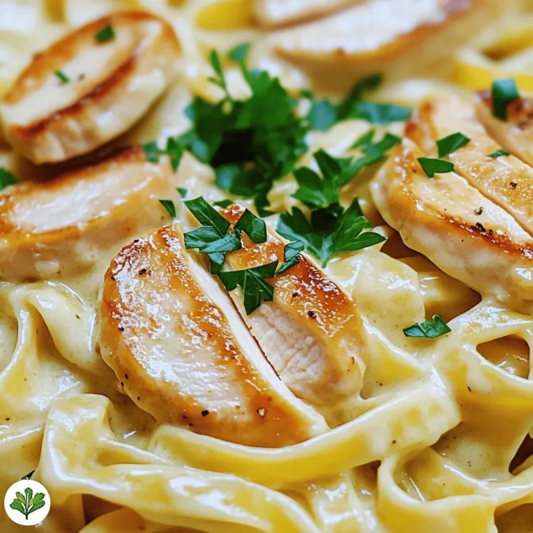 To make my Easy Chicken Fettuccine Alfredo, we need some simple and fresh ingredients. Here’s what you will need: - 8 ounces fettuccine pasta - 2 boneless, skinless chicken breasts - 1 tablespoon olive oil - Salt and pepper to taste - 3 cloves garlic, minced - 1 cup heavy cream - 1 cup grated Parmesan cheese - 1 teaspoon garlic powder - 1 teaspoon Italian seasoning - Fresh parsley, chopped (for garnish) These ingredients come together to create a creamy and dreamy dish. The fettuccine provides a great base, while the chicken adds protein. Olive oil and garlic bring a lovely flavor. Heavy cream and Parmesan make the sauce rich and smooth. Fresh parsley adds a pop of color and taste. You can find the Full Recipe in the guide to make this delightful meal. When you have these ingredients ready, you’re all set for a wonderful cooking experience! To start, you need to boil water. Fill a large pot with water and add a pinch of salt. Bring it to a rolling boil. This helps the pasta cook evenly. Once boiling, add the fettuccine pasta. Stir it gently so it doesn’t stick. For al dente pasta, cook it for about 8-10 minutes. You want it firm when you bite into it. After cooking, save 1 cup of pasta water. This water helps the sauce later. Drain the pasta and set it aside. While the pasta cooks, it's time for the chicken. First, season both chicken breasts. Use salt, pepper, garlic powder, and Italian seasoning. This adds great flavor. Next, heat a large skillet over medium heat and add olive oil. Once hot, place the chicken breasts in the skillet. Cook them for about 6-7 minutes on each side. They should be golden brown and cooked through. After cooking, take the chicken out and let it rest for a few minutes before slicing. Now, let’s make the sauce. In the same skillet, add minced garlic. Sauté the garlic for about 1 minute. It should smell great. Then, pour in the heavy cream. Stir it as it heats, bringing it to a gentle simmer. Gradually whisk in grated Parmesan cheese. Keep mixing until it melts and turns creamy. If the sauce is too thick, add some of that reserved pasta water. This will help you get the right consistency. Time to mix everything together! Add the cooked fettuccine to the skillet. Toss the pasta in the sauce until it’s well coated. Slice the chicken and lay it on top of the fettuccine. This makes the dish look nice and tasty. Finally, garnish with chopped parsley for a pop of color. Enjoy this creamy dinner delight! You can find the Full Recipe to follow along. Consistency Adjustments To get the perfect sauce, start with heavy cream. If it's too thick, slowly add reserved pasta water until you reach the right texture. A creamy sauce should coat the pasta but not drown it. Flavor Enhancements Boost the flavor by adding a pinch of nutmeg or a squeeze of lemon juice. You can also try mixing in some fresh herbs like basil or oregano. They add freshness to the dish and make it taste bright. Ensuring Proper Doneness Cook the chicken until it reaches 165°F. You can check this with a meat thermometer. This ensures the chicken is safe to eat and juicy. Avoiding Dry Chicken To prevent dry chicken, do not overcook it. Keep an eye on the time, and let it rest after cooking. This helps the juices stay inside the meat. Pairing with Sides Serve your fettuccine alfredo with a light side salad or garlic bread. These sides balance the rich flavors of the dish. You can also add cooked vegetables for extra nutrition. Ideal Garnishes Top your dish with fresh parsley for a pop of color. Grated Parmesan cheese adds flavor too. You can even sprinkle some red pepper flakes for a little heat. {{image_2}} You can change up the protein in your chicken fettuccine alfredo. If you like seafood, shrimp works great. Just sauté it until it turns pink. Tofu is a good choice if you want a meatless dish. Choose firm tofu for the best texture. You can make your sauce even better by adding veggies. Spinach or broccoli fits well in this dish. Just toss them in the sauce for a few minutes. You can also try different cheeses. Mozzarella or Gouda can give a unique flavor twist. Herbs and spices can change the taste of your meal. Try adding fresh basil or thyme for a fresh kick. You can also change the seasoning. A dash of red pepper flakes adds heat, while lemon zest brings brightness. Feel free to play around with these variations. Every change can make your meal special. For more ideas, check out the Full Recipe! After enjoying your Easy Chicken Fettuccine Alfredo, store leftovers in an airtight container. This keeps the dish fresh and tasty. Let the pasta cool before sealing. In the fridge, it lasts up to three days. If you want to keep it longer, consider freezing it. Frozen, it will stay good for up to two months. When it's time to enjoy your leftovers, you have two main options: the microwave or the stovetop. Microwave: Place the pasta in a bowl. Add a splash of milk or cream to help rehydrate the sauce. Cover it with a lid or wrap. Heat in 30-second intervals, stirring in between. Stovetop: Use a skillet over medium heat. Add a little milk or cream to the pasta. Stir often until heated through. This method keeps the sauce smooth, preventing separation. Enjoy your delicious meal again with these simple steps! For the Full Recipe, check the earlier sections. You can use half-and-half or whole milk. These options create a lighter sauce. You can also try almond milk or cashew cream for a dairy-free choice. Each substitute will alter the sauce's richness. You may need to add more cheese for flavor. Yes, you can prepare it ahead. Cook the chicken and sauce separately. Store them in the fridge for up to two days. When ready to eat, heat them on low. Add the cooked fettuccine and stir. This keeps everything fresh and tasty. Start with flour and eggs. Use 2 cups of flour and 3 large eggs. Mix them until smooth. Roll the dough into thin sheets. Cut them into fettuccine strips. Fresh pasta cooks faster than dried, so watch it closely. You can find the Full Recipe for Easy Chicken Fettuccine Alfredo here: Creamy Chicken Fettuccine Bliss . You now have all the key steps to make easy chicken fettuccine Alfredo. We covered the ingredients, cooking methods, and tips to perfect the dish. Remember, cooking is fun, so feel free to try variations. You can switch proteins or add veggies to change the flavors. Proper storage will keep leftovers fresh. I hope you enjoy this creamy meal as much as I do! Happy cooking and savor every bite!