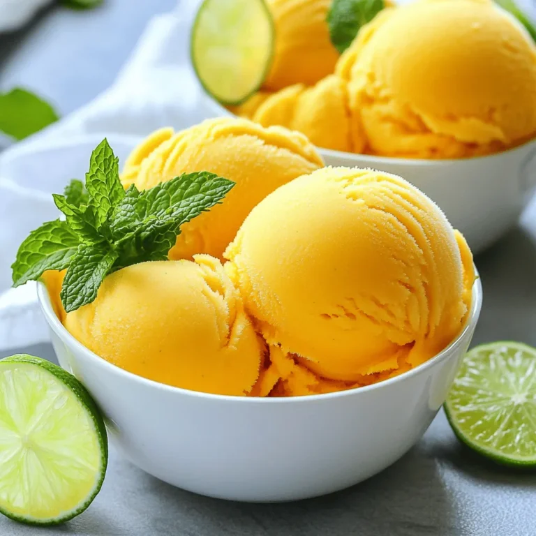 To make Mango Lime Sorbet, you will need: - 3 ripe mangoes, peeled and diced - 1/2 cup fresh lime juice (about 4-5 limes) - 1/3 cup honey or agave syrup (adjust based on sweetness) - 1 cup coconut water (or regular water for a milder taste) - Zest of 2 limes - A pinch of sea salt Using ripe mangoes is key for great flavor. Choose mangoes that yield slightly to pressure. This means they are ripe and sweet. Fresh limes should smell fragrant and feel firm. These tips ensure your sorbet has the best taste. If mangoes are not in season, use frozen mango chunks. They work well in this recipe. You can swap honey for maple syrup for a vegan option. For a different twist, use lemon juice instead of lime juice. This will give your sorbet a zesty kick. Start by gathering your ingredients. You will need: - 3 ripe mangoes, peeled and diced - 1/2 cup fresh lime juice (about 4-5 limes) - 1/3 cup honey or agave syrup - 1 cup coconut water (or regular water) - Zest of 2 limes - A pinch of sea salt Next, peel and dice the mangoes. Make sure they are ripe for the best flavor. Then, juice your limes until you have about half a cup. Use fresh limes for a bright taste. Zest two limes to add more flavor to your sorbet. In a blender, combine the diced mangoes, lime juice, honey, coconut water, lime zest, and sea salt. Blend this until it turns smooth. It should look like a bright orange puree. Taste the mixture. If you want it sweeter, add more honey or agave syrup and blend again. Now, pour the mango-lime mixture into a shallow dish or a freezer-safe container. Place it in the freezer for about 30 minutes. You will see the edges start to freeze. After 30 minutes, take it out and use a fork to stir and scrape the mixture. This helps break up the ice crystals. Return it to the freezer. Repeat this stirring every 30 minutes for 2-4 hours. Your sorbet should become light and fluffy. To get the best texture, remember to stir often. This keeps the sorbet creamy and prevents it from turning into a solid block. If your sorbet is too hard, let it sit at room temperature for a few minutes before scooping. It should scoop easily into nice, round balls. For a fun twist, serve the sorbet in chilled bowls with a mint sprig and a slice of lime on the rim. This adds a nice touch to your refreshing summer treat. Enjoy every bite! To get the sweetness just right, taste your mango-lime mix before freezing. If it’s not sweet enough, add more honey or agave syrup. Blend again to mix it well. Remember, the sweetness can change after freezing. So, taste it first. Freeze the sorbet in a shallow dish. This helps it freeze faster. After 30 minutes, stir and scrape the edges with a fork. This makes it smooth. Repeat this every 30 minutes for 2 to 4 hours. This gives you that perfect fluffy sorbet texture. Serve the sorbet in chilled bowls. Add a mint sprig and a lime slice on the rim. This makes it look pretty and fresh. You can also pair it with fruit salad or coconut flakes for extra fun. Enjoy this refreshing treat on hot summer days! {{image_2}} You can make mango lime sorbet even more fun by adding other fruits. Try using ripe peaches or juicy strawberries. Their sweet flavors blend well with mango and lime. Just chop them up and toss them in the blender with your mango mixture. You can also try tropical fruits like pineapple or passion fruit. Each fruit brings a new twist to this refreshing treat. If you want a different type of sweetness, look at your options. Maple syrup or agave syrup can replace honey. They give a unique flavor while keeping things sweet. If you want to cut sugar, try using stevia or monk fruit sweetener. Both can work well. Adjust to your taste. Always remember to blend until smooth after adding any sweetener. Want to spice things up? Consider adding fresh herbs like mint or basil. They add a fresh burst of flavor. You can also use a dash of chili powder for a kick. For a creamier texture, add a bit of coconut milk. This will enhance the tropical vibe. Feel free to experiment and find your perfect flavor mix. To keep your mango lime sorbet fresh, store it in the freezer. Use a freezer-safe container with a tight lid. This helps prevent ice crystals from forming and keeps it smooth. Make sure to scoop out any air before sealing. If you have leftovers, you can enjoy them later! The best containers for freezing sorbet are plastic or glass. Choose containers that are safe for the freezer. Look for ones that are deep and wide. This shape helps the sorbet freeze evenly. I like using shallow dishes too; they make it easy to scrape the sorbet as it freezes. Mango lime sorbet can last up to two weeks in the freezer. After that, it may lose some flavor. To check for quality, look for ice crystals. If you see many, the sorbet might be freezer-burned. You can still eat it, but it may not taste as fresh. For the best experience, eat it within the first week. Yes, you can use frozen mangoes for this sorbet. Frozen mangoes work well and save time. Just make sure they are unsweetened and thaw them slightly before blending. This helps them mix easier. The sorbet takes about 4 hours to freeze fully. After blending, freeze it for 30 minutes first. Then, stir it every 30 minutes to create a fluffy texture. This method gives you the best results. Absolutely! You do not need an ice cream maker. Just follow the blending and freezing steps. Stir it every 30 minutes for a great texture. You will enjoy a smooth and tasty treat without any special tools. For the complete process, check the Full Recipe. In this blog post, we explored how to make mango lime sorbet from scratch. We covered the best ingredients, tips for freshness, and steps for a creamy blend. I shared adjustments for sweetness and variations to enhance flavor. Remember, storing your sorbet correctly is key to keeping it fresh. Enjoy experimenting with your sorbet and personalizing it to suit your taste. With these tips, you'll have a refreshing treat ready to share!