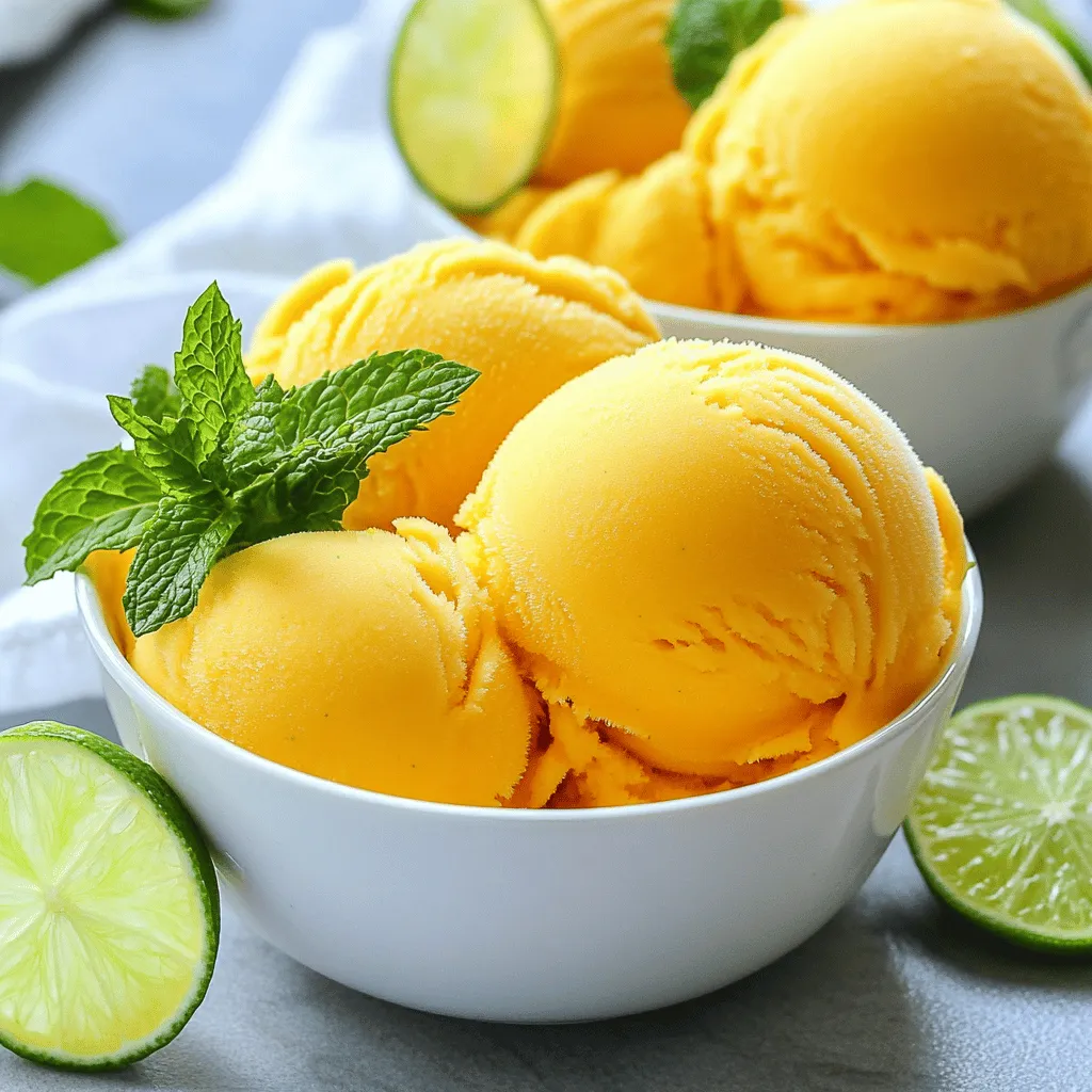 To make Mango Lime Sorbet, you will need: - 3 ripe mangoes, peeled and diced - 1/2 cup fresh lime juice (about 4-5 limes) - 1/3 cup honey or agave syrup (adjust based on sweetness) - 1 cup coconut water (or regular water for a milder taste) - Zest of 2 limes - A pinch of sea salt Using ripe mangoes is key for great flavor. Choose mangoes that yield slightly to pressure. This means they are ripe and sweet. Fresh limes should smell fragrant and feel firm. These tips ensure your sorbet has the best taste. If mangoes are not in season, use frozen mango chunks. They work well in this recipe. You can swap honey for maple syrup for a vegan option. For a different twist, use lemon juice instead of lime juice. This will give your sorbet a zesty kick. Start by gathering your ingredients. You will need: - 3 ripe mangoes, peeled and diced - 1/2 cup fresh lime juice (about 4-5 limes) - 1/3 cup honey or agave syrup - 1 cup coconut water (or regular water) - Zest of 2 limes - A pinch of sea salt Next, peel and dice the mangoes. Make sure they are ripe for the best flavor. Then, juice your limes until you have about half a cup. Use fresh limes for a bright taste. Zest two limes to add more flavor to your sorbet. In a blender, combine the diced mangoes, lime juice, honey, coconut water, lime zest, and sea salt. Blend this until it turns smooth. It should look like a bright orange puree. Taste the mixture. If you want it sweeter, add more honey or agave syrup and blend again. Now, pour the mango-lime mixture into a shallow dish or a freezer-safe container. Place it in the freezer for about 30 minutes. You will see the edges start to freeze. After 30 minutes, take it out and use a fork to stir and scrape the mixture. This helps break up the ice crystals. Return it to the freezer. Repeat this stirring every 30 minutes for 2-4 hours. Your sorbet should become light and fluffy. To get the best texture, remember to stir often. This keeps the sorbet creamy and prevents it from turning into a solid block. If your sorbet is too hard, let it sit at room temperature for a few minutes before scooping. It should scoop easily into nice, round balls. For a fun twist, serve the sorbet in chilled bowls with a mint sprig and a slice of lime on the rim. This adds a nice touch to your refreshing summer treat. Enjoy every bite! To get the sweetness just right, taste your mango-lime mix before freezing. If it’s not sweet enough, add more honey or agave syrup. Blend again to mix it well. Remember, the sweetness can change after freezing. So, taste it first. Freeze the sorbet in a shallow dish. This helps it freeze faster. After 30 minutes, stir and scrape the edges with a fork. This makes it smooth. Repeat this every 30 minutes for 2 to 4 hours. This gives you that perfect fluffy sorbet texture. Serve the sorbet in chilled bowls. Add a mint sprig and a lime slice on the rim. This makes it look pretty and fresh. You can also pair it with fruit salad or coconut flakes for extra fun. Enjoy this refreshing treat on hot summer days! {{image_2}} You can make mango lime sorbet even more fun by adding other fruits. Try using ripe peaches or juicy strawberries. Their sweet flavors blend well with mango and lime. Just chop them up and toss them in the blender with your mango mixture. You can also try tropical fruits like pineapple or passion fruit. Each fruit brings a new twist to this refreshing treat. If you want a different type of sweetness, look at your options. Maple syrup or agave syrup can replace honey. They give a unique flavor while keeping things sweet. If you want to cut sugar, try using stevia or monk fruit sweetener. Both can work well. Adjust to your taste. Always remember to blend until smooth after adding any sweetener. Want to spice things up? Consider adding fresh herbs like mint or basil. They add a fresh burst of flavor. You can also use a dash of chili powder for a kick. For a creamier texture, add a bit of coconut milk. This will enhance the tropical vibe. Feel free to experiment and find your perfect flavor mix. To keep your mango lime sorbet fresh, store it in the freezer. Use a freezer-safe container with a tight lid. This helps prevent ice crystals from forming and keeps it smooth. Make sure to scoop out any air before sealing. If you have leftovers, you can enjoy them later! The best containers for freezing sorbet are plastic or glass. Choose containers that are safe for the freezer. Look for ones that are deep and wide. This shape helps the sorbet freeze evenly. I like using shallow dishes too; they make it easy to scrape the sorbet as it freezes. Mango lime sorbet can last up to two weeks in the freezer. After that, it may lose some flavor. To check for quality, look for ice crystals. If you see many, the sorbet might be freezer-burned. You can still eat it, but it may not taste as fresh. For the best experience, eat it within the first week. Yes, you can use frozen mangoes for this sorbet. Frozen mangoes work well and save time. Just make sure they are unsweetened and thaw them slightly before blending. This helps them mix easier. The sorbet takes about 4 hours to freeze fully. After blending, freeze it for 30 minutes first. Then, stir it every 30 minutes to create a fluffy texture. This method gives you the best results. Absolutely! You do not need an ice cream maker. Just follow the blending and freezing steps. Stir it every 30 minutes for a great texture. You will enjoy a smooth and tasty treat without any special tools. For the complete process, check the Full Recipe. In this blog post, we explored how to make mango lime sorbet from scratch. We covered the best ingredients, tips for freshness, and steps for a creamy blend. I shared adjustments for sweetness and variations to enhance flavor. Remember, storing your sorbet correctly is key to keeping it fresh. Enjoy experimenting with your sorbet and personalizing it to suit your taste. With these tips, you'll have a refreshing treat ready to share!