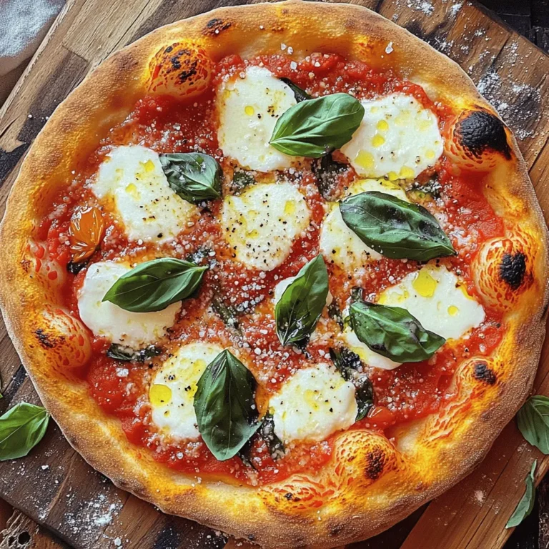 - All-purpose flour - Active dry yeast - San Marzano tomatoes - Fresh mozzarella cheese - Fresh basil leaves - Sugar - Salt - Olive oil - Dried oregano - Pepper Making a great Margherita pizza starts with the right ingredients. You need a few simple items, but they must be fresh. I love using San Marzano tomatoes for the sauce. They have such a rich flavor, which makes a big difference. Fresh mozzarella cheese is key too; it melts beautifully and adds creaminess. Next, let’s talk about the dough. You will need all-purpose flour and active dry yeast. The yeast helps the dough rise, giving it that great texture. Sugar and salt help balance the flavors. Olive oil makes the dough soft and adds richness. Dried oregano and pepper give it extra taste. When you gather these ingredients, you set the stage for a delicious homemade pizza. Each component plays a role in creating that classic Margherita flavor. Remember, using fresh ingredients elevates your dish. That’s what makes this pizza special! For the complete recipe, check the Full Recipe section. - Using San Marzano tomatoes: These tomatoes have a sweet taste and low acidity. They add a rich flavor to your sauce. Always choose canned San Marzano for the best results. - Importance of fresh ingredients: Fresh basil and mozzarella make a big difference. They enhance the taste and aroma of your pizza. Whenever possible, buy fresh. It is worth it! - Ideal rising conditions: Dough needs warmth to rise well. Find a cozy spot in your kitchen. A turned-off oven with the light on works great. Let it rise until it doubles in size. - Kneading techniques: Knead the dough for about 8–10 minutes. This helps develop gluten and makes the crust chewy. Use your palms and push down, then fold over. Repeat until smooth and elastic. - Oven temperature and baking stone tips: Preheat your oven to 475°F (245°C). This high heat gives a crispy crust. If you have a pizza stone, place it in the oven while it preheats. - Alternative baking methods: If you don’t have a pizza stone, use a baking sheet. Just place the dough on parchment paper. It will still bake nicely and give you a tasty pizza. These tips will help you create a delicious homemade Margherita pizza that shines with flavor. For a complete guide, check the Full Recipe. You can change your Margherita pizza with different cheeses. Try goat cheese for a tangy kick. A mix of mozzarella and provolone gives extra flavor. You can also add vegetables. Sliced bell peppers or mushrooms work well. Fresh arugula or spinach can add a nice touch too. You can switch out the tomato sauce for pesto. Pesto gives a fresh, herby flavor. You can also use a white sauce. A creamy garlic sauce adds richness. For a spicy option, try a hot tomato sauce. This will make your pizza exciting and new. If you need gluten-free pizza, you have options. Use gluten-free flour blends. These are easy to find in stores. You may need to adjust the water amount. The dough might require more liquid. Keep an eye on the texture while mixing. Enjoy your homemade pizza without the gluten! {{image_2}} To keep your pizza fresh, wrap it well. Use plastic wrap or aluminum foil. You can also use an airtight container. This helps keep out air and moisture. Store it in the fridge for up to three days. If you want to keep it longer, consider freezing. To reheat your pizza, the oven works best. Preheat it to 375°F (190°C). Place your pizza on a baking tray. Heat for about 10 minutes. This keeps the crust crispy. If you use a microwave, your pizza may get soggy. If you must use a microwave, heat it for 30 seconds to 1 minute. You can freeze both uncooked and cooked pizza. For uncooked pizza, wrap it tightly in plastic wrap. Place it in a freezer bag. Cooked pizza should cool before freezing. Slice it and wrap each piece. You can also use an airtight container. To thaw, take your frozen pizza out the night before. Place it in the fridge. For quicker thawing, use the microwave. Heat it for a short time, then bake for best taste. Enjoy your homemade Margherita pizza anytime! To make your dough rise faster, try these tips: - Warm Environment: Place the dough in a warm spot, like near an oven. - Cover It: Use a damp cloth to cover the bowl. This keeps the dough moist. - Add Sugar: A bit of sugar helps yeast work faster. - Use Warm Water: The water should be warm, not hot. This wakes up the yeast quickly. Yes, you can use store-bought sauce. But, I prefer homemade sauce for more flavor. - Homemade Sauce: It’s fresh and easy to make. Just crush your San Marzano tomatoes and add spices. - Store-Bought Sauce: It’s convenient and saves time, but may lack depth. Check for quality ingredients. For a classic Margherita pizza, use fresh mozzarella. This cheese melts beautifully and adds rich flavor. - Buffalo Mozzarella: It’s creamier and has a stronger taste. - Low-Moisture Mozzarella: This is a good option for a firmer texture. - Provolone: A mix of this with mozzarella can add a nice twist. Watch for these signs to know your pizza is done: - Golden Crust: The edges should be golden brown. - Bubbling Cheese: Look for cheese that is bubbly and slightly browned. - Bottom Check: Lift the pizza with a spatula to check if the bottom is crisp. To add some heat, try these ideas: - Crushed Red Pepper Flakes: Sprinkle them on top before baking. - Spicy Sausage: Add slices of spicy Italian sausage as a topping. - Jalapeños: Thinly slice fresh jalapeños and scatter them on the pizza. To make this delicious pizza, follow the Classic Margherita Pizza recipe. Here’s a quick list of the ingredients you’ll need: - 2 cups all-purpose flour - 1 teaspoon active dry yeast - ¾ cup warm water (about 110°F) - 1 teaspoon sugar - 1 teaspoon salt - 1 tablespoon olive oil - 1 cup canned San Marzano tomatoes, crushed - 1 teaspoon dried oregano - 8 ounces fresh mozzarella cheese, sliced - Fresh basil leaves - Olive oil for drizzling - Salt and pepper to taste Making a Classic Margherita Pizza is a fun and rewarding experience. You learned about the key ingredients, from San Marzano tomatoes to fresh mozzarella. I guided you step-by-step, from preparing the dough to baking it to perfection. You also discovered tips for achieving that authentic taste and how to store leftovers. Now, it's time to get creative with your pizza. Use variations or toppings you love. Enjoy making your Margherita, and share it with friends and family!