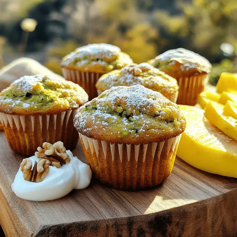 The key to great zucchini breakfast muffins lies in the balance of fresh ingredients. Here’s what you need: - 1 medium zucchini, grated - 1 cup all-purpose flour - 1 cup whole wheat flour - 1 teaspoon baking soda - 1 teaspoon baking powder - 1/2 teaspoon salt - 1 teaspoon ground cinnamon - 1/2 teaspoon nutmeg - 1/4 cup brown sugar - 1/4 cup honey - 1/2 cup plain yogurt - 2 large eggs - 1/4 cup vegetable oil - 1/2 cup walnuts, chopped (optional) - 1/2 cup raisins or chocolate chips (optional) You can find the full recipe in the main article. Each of these ingredients adds flavor and texture. For example, the grated zucchini keeps the muffins moist. The combination of all-purpose and whole wheat flour gives them a hearty bite. The spices like cinnamon and nutmeg bring warmth and depth. Sweeteners like brown sugar and honey create a lovely balance with the savory flavors. You can choose to add walnuts, raisins, or chocolate chips if you want a little crunch or sweetness. These ingredients come together to make muffins that are not just tasty but also packed with nutrition. Enjoy mixing them up for a delicious breakfast treat! - Preheat the oven: Start by setting your oven to 350°F (175°C). This ensures even baking for your muffins. - Prepare the muffin pan: Line a muffin pan with paper liners. If you don’t have liners, lightly grease the pan with oil. - Mix wet ingredients: In a large bowl, combine the grated zucchini, brown sugar, honey, yogurt, eggs, and vegetable oil. Mix well until everything is blended smoothly. - Combine dry ingredients: In another bowl, sift together the all-purpose flour, whole wheat flour, baking soda, baking powder, salt, cinnamon, and nutmeg. This helps to aerate the flour. - Fold wet and dry ingredients together: Gradually add the dry mix to the wet mix. Use a spatula to fold gently until just combined. Don’t over-mix. This keeps the muffins light. - Add optional ingredients: If you want, fold in the chopped walnuts and raisins or chocolate chips. These add nice texture and flavor. - Fill muffin cups: Divide the batter evenly among the muffin cups. Fill each cup about two-thirds full to allow room for rising. - Baking time and toothpick test: Bake in the preheated oven for 18-20 minutes. Check for doneness by inserting a toothpick in the center. If it comes out clean, your muffins are ready. This simple process will give you tasty zucchini breakfast muffins. You can find the full recipe above for all the details! To make the best zucchini muffins, avoid over-mixing the batter. When you mix too much, muffins can turn out dense. Mix until you see no dry spots. A few lumps are okay! When shredding zucchini, use a box grater. This gives you nice, even shreds. If you have a food processor, that works too. Just don't shred it too fine. You want some texture in your muffins. You can customize the sweetness of your muffins. If you like them sweeter, add a bit more brown sugar or honey. You can also reduce the sugar if you want a less sweet muffin. Taste the batter before baking to find what you like. For presentation, serve the muffins warm on a nice plate. A light dusting of powdered sugar makes them look great. You can also add a dollop of yogurt or some sliced fresh fruits on the side. This makes a lovely breakfast platter. The best pairings for breakfast include a cup of coffee or tea. You can also enjoy them with a smoothie for a refreshing start to your day. To keep your muffins fresh, store them in an airtight container. They can stay at room temperature for a few days. If you want to keep them longer, freeze them. Just wrap them well in plastic wrap and store in a freezer bag. {{image_2}} If you want to make gluten-free zucchini muffins, you can use various flour substitutes. Here are some options: - Almond flour - Coconut flour - Oat flour - Gluten-free all-purpose flour When using these, you may need to adjust the liquid. Gluten-free flours absorb more moisture. Start with less flour and increase as needed. You can also add a binder like xanthan gum to help with texture. This keeps your muffins soft and fluffy. To make zucchini muffins vegan, you can replace eggs with simple substitutes. Here are a few ideas: - 1/4 cup applesauce per egg - 1/4 cup mashed banana per egg - 1 tablespoon flaxseed meal mixed with 2.5 tablespoons water (let sit for 5 minutes) For dairy-free alternatives, use plant-based yogurt instead of regular yogurt. Almond, soy, or coconut yogurt all work well. You can also use plant-based milk in place of cow's milk if the recipe calls for it. You can customize your muffins with different spices and add-ins. Consider these ideas: - Add a teaspoon of ginger for a warm kick. - Mix in some cocoa powder for a chocolatey twist. - Fold in fruits like blueberries or chopped apples for sweetness. - Nuts, like pecans or almonds, add crunch and flavor. Feel free to get creative! Your zucchini muffins can be a fun mix of flavors that suit your taste. For the full recipe, don’t forget to check the instructions. To keep your muffins fresh, you have a few options: - Room temperature storage: Place the muffins in an airtight container. They stay fresh for up to three days. Make sure they cool completely before storing. This prevents moisture from making them soggy. - Refrigeration tips: You can refrigerate muffins if you want them to last longer. Use an airtight container. They can stay good for up to a week. Just know that refrigeration can change their texture. - Freezing muffins for later: Freezing is great for longer storage. Wrap each muffin tightly in plastic wrap. Then, place them in a freezer bag. They can last for up to three months. When you're ready to eat, just thaw them at room temperature. When it's time to enjoy your muffins again, here’s how to reheat them: - Best methods for reheating: The oven is the best way to reheat muffins. Preheat your oven to 350°F (175°C). Place muffins on a baking sheet. Heat them for about 10 minutes. This keeps them warm and soft. - Tips for maintaining moisture: To keep muffins moist, cover them with foil while reheating. This traps steam and prevents them from drying out. If you’re using a microwave, heat for 10 seconds at a time. Check often to avoid overheating. For a detailed recipe, check out the Full Recipe for Zucchini Breakfast Muffins. How long do zucchini muffins last? Zucchini muffins last about 3 to 5 days when stored in an airtight container. If you freeze them, they can last up to 3 months. Just make sure to wrap them well. Can I use frozen zucchini in this recipe? Yes, you can use frozen zucchini! Just thaw it and drain the excess water before adding it to the mix. This keeps your muffins from being too wet. What can I substitute for honey? You can use maple syrup or agave nectar instead of honey. Both options add sweetness and keep the muffins moist. Is this recipe suitable for kids? Absolutely! These muffins are tasty and packed with nutrients. Kids enjoy the sweet flavors, and they can help mix the ingredients too. How can I make these muffins healthier? To make your muffins healthier, use less sugar or substitute with applesauce. You can also add more oats or seeds for extra fiber and nutrients. - Nutritional information overview: Each muffin has about 150 calories and is high in fiber. - Health benefits of zucchini: Zucchini is low in calories and full of vitamins. It helps keep you hydrated and supports digestion. - Related breakfast recipes to explore: Check out banana bread or oatmeal pancakes for more morning options. We've covered all the essential steps and tips for making delicious zucchini muffins. You learned about the key ingredients, easy preparation, and creative variations. Whether you want gluten-free or vegan options, you can tailor the recipe to fit your needs. Don't forget to store these muffins right to keep them fresh. Enjoy these nutritious treats for breakfast or a snack. Happy baking!