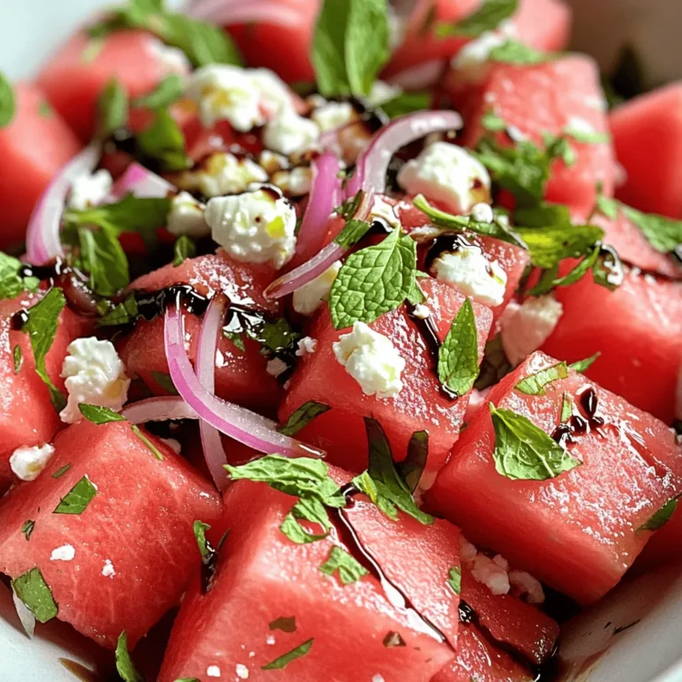 This Fresh Watermelon Feta Salad is a tasty treat for summer. It combines sweet watermelon with creamy feta. The mix of flavors gives you a refreshing dish. You can whip it up in just 15 minutes. This recipe is for four servings and perfect for gatherings. To make this salad, you will need: - 4 cups watermelon, cubed - 1 cup feta cheese, crumbled - 1/4 cup fresh mint leaves, chopped - 1/4 cup red onion, thinly sliced - 2 tablespoons extra virgin olive oil - 2 tablespoons balsamic glaze - Salt and pepper to taste Each ingredient plays a key role. Watermelon gives sweetness, while feta adds creaminess. Mint brings a fresh taste, and red onion adds a nice crunch. You don’t need much to make this salad. Here’s what you will need: - A large mixing bowl - A sharp knife - A cutting board - A spoon for mixing This simple setup makes it easy to prepare the salad. Just gather your tools, and you're ready to create a delicious dish. For the full recipe, check the earlier section. First, I cut the watermelon into cubes. I like to use a sharp knife for clean cuts. Aim for bite-sized pieces, so it's easy to eat. Place the cubes in a large mixing bowl. Make sure to remove any seeds you find. This keeps the salad smooth and tasty. The watermelon should be sweet and juicy. If it feels firm, it might not be ripe enough. Next, I add the crumbled feta cheese to the bowl. The saltiness of the feta pairs well with the sweet watermelon. Then, I toss in the chopped mint leaves and thinly sliced red onion. The mint adds a fresh taste, while the onion gives a little crunch. Drizzle the extra virgin olive oil and balsamic glaze over the mix. Gently toss the ingredients together. Be careful not to break the watermelon too much. You want to keep those lovely cubes intact. To boost flavors, I season the salad with a pinch of salt and fresh pepper. This simple step brings out the best in each ingredient. Letting the salad rest for about 10 minutes helps the flavors blend. This is key for a tasty experience. I like to serve it chilled for a refreshing feel. For a beautiful look, garnish with more mint and a drizzle of balsamic glaze. This can elevate the dish and impress your guests. For the full recipe, check the earlier section. Serving this salad right makes it pop! I love to use a chilled bowl. It keeps the salad cool and tasty. For a fun look, add extra mint leaves on top. A light drizzle of balsamic glaze adds flair and flavor. This makes the dish look fancy but is super easy to do. You can pair this salad with grilled chicken or fish for a full meal. Cutting watermelon can be fun! Start by washing the outside. Use a sharp knife for clean cuts. First, slice the watermelon in half lengthwise. Then, cut each half into long strips. Turn the strips and cut them into cubes. This way, you get nice, even pieces. Make sure to remove any seeds, too. Fresh watermelon tastes best when it’s cut right before serving. Good feta cheese makes this salad shine. Look for cheese that is creamy and crumbly. If you can, try to get feta in brine. This keeps it fresh longer. When you taste it, it should be tangy but not too salty. Check the label for natural ingredients. Some brands use additives, and you want to avoid those. Quality feta will bring the whole salad together. You can find the full recipe above for the best results. {{image_2}} Fresh herbs can make this salad pop. I love adding mint for its cool taste. You can also try basil for a sweet twist. Just chop up the herbs and mix them in. This adds color and flavor. Mint and basil pair well with watermelon and feta. You can get creative with fruits! Cucumber adds a nice crunch. Slice it thinly and toss it in. Berries like strawberries or blueberries bring sweetness. They also add a burst of color. Mix and match your favorite fruits to keep things fun. Adding greens gives your salad more body. Arugula has a peppery taste that contrasts well with the sweet watermelon. Spinach is mild and blends nicely. Toss in a handful of greens for added nutrition. They make the salad feel fresh and vibrant. For the full recipe, check out the refreshing watermelon feta bliss. To store leftovers, place the salad in an airtight container. Make sure to keep it in the fridge. If possible, separate the dressing from the salad. This helps prevent the watermelon from getting soggy. You can mix it in just before serving. Use glass or plastic containers with tight lids. These materials keep the salad fresh. They also make it easy to see what’s inside. Avoid using metal containers, as they can react with the ingredients. Fresh Watermelon Feta Salad lasts about three days in the fridge. After that, the watermelon may lose its crunch. Check for any signs of spoilage, like bad smells or slimy texture. If you notice these, it’s best to toss the salad. To enjoy the best flavors, eat it within the first day or two. Yes, you can prepare this salad ahead of time. I recommend chopping the watermelon and mixing it with the feta and herbs. However, wait to add the dressing until just before serving. This keeps the salad fresh and prevents it from getting soggy. If you plan to serve this at a party, you can make it a few hours in advance. Just store it in the fridge until you’re ready to serve. Watermelon is hydrating, low in calories, and full of vitamins A and C. It helps keep you cool in summer. Feta cheese adds protein and calcium, which are good for your bones. Together, they make a tasty combo that is light and good for your health. Plus, the mint adds fresh flavor and aids digestion. Eating this salad gives you a boost in nutrients while being delicious. To make the salad vegan, skip the feta cheese. Instead, try using avocado or a vegan cheese substitute. You can also add nuts like walnuts for extra crunch and protein. This way, you keep the salad tasty and satisfying while making it plant-based. Just remember to check that your dressing is dairy-free as well. This blog post covered everything you need for a fresh Watermelon Feta Salad. We explored the key ingredients, step-by-step directions, and tips to make it shine. You can try fun variations, serve it well, and store it right. Fresh watermelon and feta create a tasty and healthy dish. Enjoy your salad and remember to experiment. Make it your own with flavors you love!