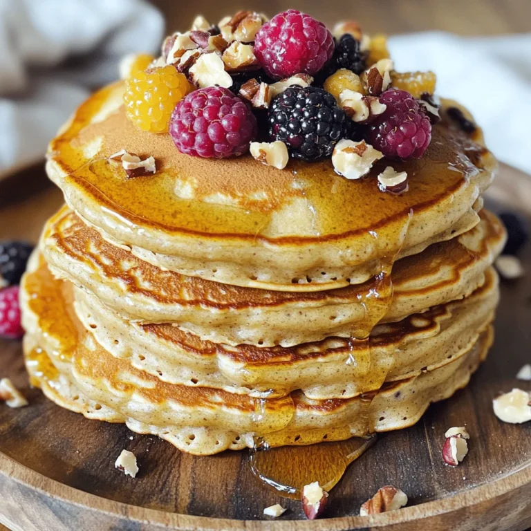 To make these healthy banana pancakes, you need just a few simple ingredients. Here’s what you will need: - 2 ripe bananas, mashed - 2 eggs - 1 cup rolled oats (blended into flour) - 1 teaspoon baking powder - 1/2 teaspoon cinnamon - 1/4 cup milk of choice (almond, oat, or cow's milk) - 1 teaspoon vanilla extract - Pinch of salt - Coconut oil or non-stick spray for cooking These ingredients come together to create a fluffy and nutritious pancake. Ripe bananas add natural sweetness and flavor. Blending oats into flour gives a healthy base for the pancakes. You can enhance your pancakes with fun mix-ins. Here are some tasty ideas: - Chopped nuts (like walnuts or pecans) - Dark chocolate chips - Fresh blueberries or strawberries - A spoonful of peanut butter or almond butter These mix-ins add texture and flavor. Feel free to get creative and try your favorites! To make your pancakes even better, consider these toppings: - Fresh berries (strawberries, blueberries, or raspberries) - A drizzle of honey or maple syrup - Greek yogurt for creaminess - Chopped nuts for crunch Serve your pancakes stacked high on a plate. Add toppings for a delicious and colorful meal. For the full recipe, check the section above. Enjoy your healthy banana pancakes! Making Healthy Banana Pancakes is easy. You need only a few steps. First, gather your ingredients. Then, mix the wet and dry items separately. Finally, cook the pancakes in a skillet. It takes about 15 minutes from start to finish. 1. In a large bowl, mash the ripe bananas using a fork. 2. Add two eggs to the bowl. Whisk them together until creamy. 3. In another bowl, blend rolled oats until they look like flour. 4. Mix the oat flour into the banana and egg mixture. 5. Add baking powder, cinnamon, milk, vanilla extract, and a pinch of salt. 6. Stir the batter gently until everything is just mixed. It should be thick but pourable. 7. Heat a non-stick skillet over medium heat. Grease it lightly with coconut oil or spray. 8. Pour about 1/4 cup of batter for each pancake. 9. Cook until small bubbles form on the surface, about 2-3 minutes. 10. Flip the pancakes and cook for another 2-3 minutes until golden brown. 11. Remove them from the skillet and repeat with the rest of the batter. To get the best texture, don’t overmix the batter. Stir until just combined. This keeps the pancakes fluffy. Make sure your skillet is at the right temperature. If it's too hot, the pancakes can burn. If it's too cool, they won't cook well. Adjust the heat as needed while cooking. Enjoy your pancakes warm with your favorite toppings! Choose bananas that have a few brown spots. These spots show that the fruit is ripe and sweet. The sweeter the banana, the better your pancakes will taste. Avoid bananas that are too green, as they will not have enough flavor. If you have unripe bananas, let them sit at room temperature. They will ripen in a few days. If you need gluten-free pancakes, use certified gluten-free oats. They blend into a fine flour, just like regular oats. For a vegan option, swap eggs with two tablespoons of ground flaxseed mixed with water. Let it sit for a few minutes to thicken. This will help bind the pancake mix without eggs. One common mistake is cooking pancakes on high heat. This can burn the outside while leaving the inside raw. Always use medium heat to ensure even cooking. Another mistake is overmixing the batter. Stir just until combined to keep your pancakes fluffy. Lastly, don’t rush the cooking time. Let small bubbles form on the surface before flipping. This signals that the pancakes are ready to turn. For more details on making these pancakes, check out the Full Recipe. {{image_2}} To make chocolate chip banana pancakes, add 1/2 cup of mini chocolate chips to your batter. Stir them in gently before cooking. The sweet chocolate pairs well with the banana. Kids and adults love this twist. You can also use dark chocolate chips for a richer taste. These pancakes turn breakfast into a treat! For a fall-inspired flavor, mix in 1/2 cup of pumpkin puree and 1 teaspoon of pumpkin pie spice. This creates a warm, spiced pancake that is perfect for chilly mornings. The pumpkin adds moisture, making these pancakes soft. Serve with a dollop of Greek yogurt and a sprinkle of nuts for texture. Want something different? Try savory banana pancakes! Add 1/4 cup of finely chopped herbs like chives or parsley to the batter. This variation gives a unique flavor. It works great for brunch or a light dinner. Serve with a side of avocado or a poached egg for a complete meal. Feel free to explore these variations and make the Healthy Banana Pancakes your own. For the full recipe, check out the previous section. After making your healthy banana pancakes, you might have some left. To store them, let the pancakes cool down. Once they are cool, place them in a single layer in an airtight container. You can also use parchment paper between layers to keep them from sticking. Store these pancakes in the fridge for up to three days. This way, they stay fresh and tasty. When you want to enjoy your leftover pancakes, reheating them is easy. You can use a microwave or a skillet. If using the microwave, place a pancake on a plate. Heat it for about 20-30 seconds. Check if it’s warm enough; if not, heat for another 10 seconds. For a crispier texture, heat the pancakes in a skillet. Just add a little coconut oil and warm each pancake for about 1-2 minutes on each side. Freezing pancakes is a great way to save them for later. Once they cool, stack the pancakes with parchment paper in between each one. Place the stack in a freezer-safe bag or container. You can freeze them for up to two months. When you’re ready to eat, take them out of the freezer. Let them thaw in the fridge overnight or heat them straight from the freezer in the microwave for about 1-2 minutes. Enjoy your healthy banana pancakes anytime! For the full recipe, check out the earlier section. Yes, you can make Healthy Banana Pancakes without eggs. You can use mashed bananas or applesauce as a binder. For each egg, use 1/4 cup of mashed banana or applesauce. This will keep the pancakes moist and tasty. You will still enjoy a delicious meal without the eggs. If you want to skip oats, try using whole wheat flour or almond flour. Both options give great flavor and texture. You can also use gluten-free flour if you need a gluten-free option. Just remember to adjust the liquid in the recipe. This keeps your pancakes from being too dry. To make your banana pancakes fluffier, use a little more baking powder. You can also separate the egg whites and beat them until fluffy. Then add the whites last to the batter. This extra air makes the pancakes rise better. Fluffy pancakes are always a hit! For the full recipe, check out the detailed instructions. To make Healthy Banana Pancakes, you need simple and wholesome ingredients. Here’s what you will need: - 2 ripe bananas, mashed - 2 eggs - 1 cup rolled oats (blended into flour) - 1 teaspoon baking powder - 1/2 teaspoon cinnamon - 1/4 cup milk of choice (almond, oat, or cow's milk) - 1 teaspoon vanilla extract - Pinch of salt - Coconut oil or non-stick spray for cooking These ingredients work together to create a tasty and nutritious meal. The ripe bananas give natural sweetness. Eggs add protein, and oats provide fiber. This combo makes for a balanced breakfast. Feel free to explore optional mix-ins for more flavor. You can add chocolate chips, nuts, or even berries. They can make your pancakes even more fun! When it comes to toppings, think fresh fruit, honey, or maple syrup. A sprinkle of nuts adds a nice crunch too. You can find the full recipe above to start cooking! Enjoy the process and get ready to make delicious pancakes that everyone will love. Healthy banana pancakes are easy to make and taste great. You learned about essential ingredients and fun mix-ins. I shared steps for cooking perfect pancakes and tips for selecting ripe bananas. You can adjust the recipe for any diet and even try tasty variations, like chocolate chip or savory versions. Don’t forget to store leftovers properly and reheat them for the best taste. Now you can create delicious pancakes anytime. Enjoy making them for you and your loved ones!