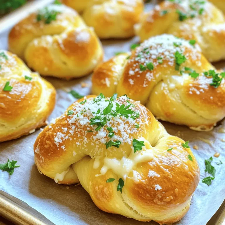 - 1 package (16 oz) refrigerated pizza dough - 4 tablespoons unsalted butter, melted - 4 cloves garlic, minced - ½ cup grated Parmesan cheese - 2 tablespoons fresh parsley, chopped - 1 teaspoon garlic powder - ½ teaspoon salt - ¼ teaspoon black pepper To make these easy garlic Parmesan knots, you need a few simple items. First, grab refrigerated pizza dough. This is your base. Next, you’ll want unsalted butter. This adds richness to the knots. Garlic brings a strong, savory taste. Parmesan cheese gives the knots a nice, salty kick. Fresh parsley adds a touch of color and a hint of freshness. Garlic powder gives an extra boost of flavor. Salt and black pepper enhance all the tastes. - Additional herbs (e.g., oregano, thyme) - Red pepper flakes for heat - Different cheese options (e.g., mozzarella) If you want to mix it up, consider adding more herbs. Oregano or thyme work well. For a spicy kick, sprinkle in some red pepper flakes. You can also swap Parmesan for other cheeses like mozzarella for a different taste. These ingredients help you create a fun and tasty snack. Use them to make your garlic knots unique! For the full recipe, check out the details above. - Preheat the oven to 400°F (200°C). - Roll out the pizza dough on a floured surface. Aim for about ¼ inch thick. - Cut the dough into strips, about 1 inch wide and 6 inches long. - Tie each strip into a knot, tucking the ends underneath. Place the knots on a baking sheet lined with parchment paper. - In a small bowl, mix melted butter, minced garlic, garlic powder, salt, and black pepper. - Brush this mixture generously over each knot. Ensure they are well coated. - Sprinkle grated Parmesan cheese over the knots. Add chopped parsley for a fresh touch. - Bake the knots for 12-15 minutes. They should be golden and cooked through. - Once done, remove them from the oven. Let them cool slightly before serving. This process makes the perfect garlic Parmesan knots. For the full recipe, check out the detailed instructions in the earlier sections. Enjoy your tasty snack! - Keep the dough even for best cooking. This helps ensure each knot cooks the same. - Let the garlic butter sit for a few minutes. This helps the flavors mix well before you brush it on. - Serve your knots with marinara sauce. The sauce adds great flavor and a nice dip. - Enjoy them warm. This gives the best taste and soft texture. - You’ll need a baking sheet. Parchment paper makes clean-up easy. - A rolling pin helps flatten the dough. A sharp knife or pizza cutter works well to cut the strips. For the full recipe, check out the details above. This will guide you through making these tasty snacks with ease. {{image_2}} You can make these knots even tastier. Just add sautéed spinach and extra cheese to the dough before you shape them. The spinach gives a nice green color and a fresh taste. The extra cheese melts inside, making each bite rich and creamy. This twist adds nutrients while keeping it fun. If you like some heat, try spicy garlic knots. Just mix red pepper flakes into the garlic butter mixture. This will give your knots a kick. You can adjust how much you add based on your spice level. They will be a hit at any gathering. For a fresh flavor, mix fresh or dried herbs into the dough. Basil, oregano, or rosemary work great. These herbs add depth and make your knots smell amazing when baking. You can even switch herbs based on the season or what you have on hand. Each variation brings its unique taste to the table. Explore these variations and make the Easy Garlic Parmesan Knots your own! For the full recipe, check out the detailed instructions above. To keep your garlic parmesan knots fresh, store them in an airtight container at room temperature. This method helps maintain their soft texture and delicious flavor. Avoid refrigerating them, as cold air can dry them out. For the best results, reheat your knots in the oven. Set your oven to 350°F (175°C) and bake for about 5-7 minutes. This will restore their crispiness. If you're in a hurry, you can microwave them. Just heat for 15-20 seconds. Be cautious, as microwaving may change the texture. You can freeze uncooked garlic parmesan knots for later baking. This is a great way to have a quick snack ready. To freeze, place the knots on a baking sheet and freeze until solid. Once frozen, transfer them to a zip-top bag. When you’re ready to bake them, thaw in the fridge overnight. Then, bake as instructed in the Full Recipe. This method keeps them fresh and tasty! Yes, homemade works well for a fresh option. Using your own dough can boost flavor. It also lets you control the ingredients. Make sure it is smooth and elastic for best results. They can last up to 2-3 days at room temperature. Store them in a sealed container. This keeps them soft and tasty. Reheat them in the oven for a few minutes if needed. Yes, you can prepare and freeze them before baking. Shape the knots and place them on a tray. Freeze until solid, then transfer to a bag. Bake from frozen when ready to eat. Nutritional yeast or a vegan cheese option works for dairy-free preferences. Nutritional yeast adds a cheesy flavor without dairy. Try other hard cheeses if you want a different taste. Yes, you can top with different herbs or spices to suit your taste. Consider oregano, thyme, or even red pepper flakes for heat. This adds a fun twist to the flavor profile. We covered how to make delicious garlic parmesan knots step by step. From gathering the ingredients to adding your favorite flavors, you can create a tasty treat. Remember, you can customize these knots with herbs and spices to match your taste. They make a great snack or side dish. Store leftovers properly to enjoy later. Use the tips provided to perfect your knots every time. Enjoy your cooking and eat your treats fresh for the best taste!