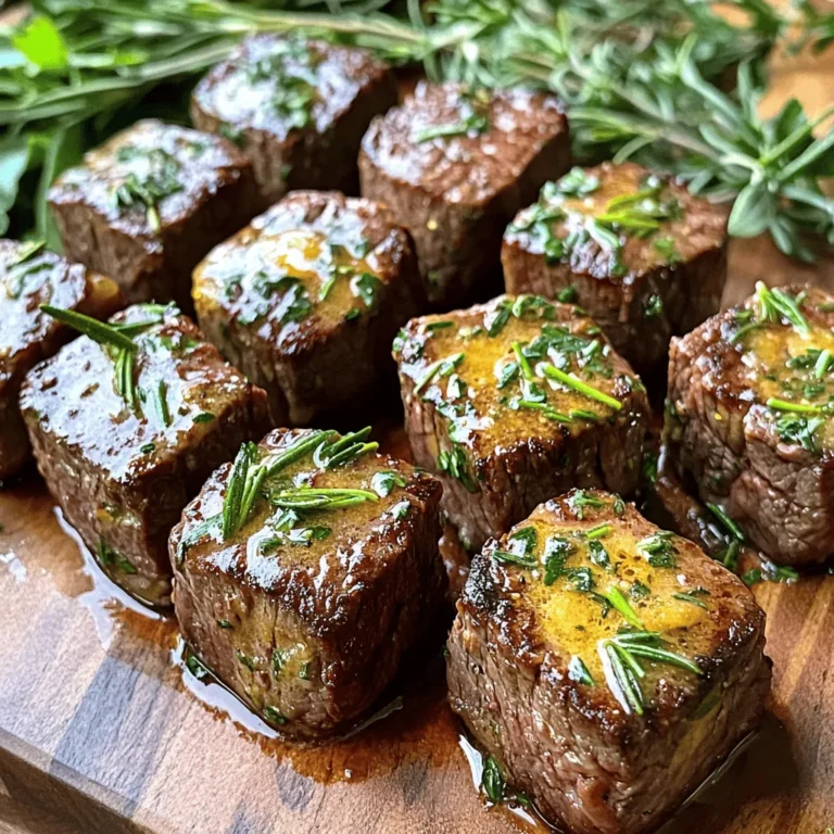 For the best garlic butter steak bites, I recommend using sirloin steak. Sirloin is tender and flavorful, making it perfect for this dish. Cut the steak into 1-inch cubes. This size cooks quickly and evenly. Make sure to pat the steak dry with paper towels. This step removes moisture and helps achieve a nice sear. The flavors come alive with fresh herbs. I use 1 teaspoon of fresh rosemary and 1 teaspoon of fresh thyme. You can also use dried herbs if you prefer. Just use half the amount. Don't forget salt and pepper! Season the steak well on all sides to enhance its natural taste. You’ll need 4 tablespoons of unsalted butter and 5 cloves of minced garlic. The butter adds richness, and the garlic brings a wonderful aroma. Finally, garnish with fresh parsley for a pop of color. This simple ingredient list makes the garlic butter steak bites shine. For the full recipe, check out the [Full Recipe]. First, you need to prepare the steak. Take 1 lb of sirloin and cut it into 1-inch cubes. Pat these cubes dry with paper towels. This step helps to make a great sear. Now, season the cubes with salt and pepper on all sides. Use enough seasoning, so the flavor shines through. Next, heat a large skillet over medium-high heat. Add 2 tablespoons of unsalted butter. Wait until the butter is foamy and starts to brown. Then, add half of the steak cubes to the skillet. Sear the steak bites for about 2-3 minutes on each side. Look for a nice brown color. Once done, take them out and set them aside. Repeat for the other half, adding more butter if needed. Now it's time to bring it all together. Lower the heat to medium-low and return all the steak bites to the skillet. Add 5 minced garlic cloves, 1 teaspoon of chopped fresh rosemary, and 1 teaspoon of chopped fresh thyme. Cook for 1-2 minutes while stirring often. You want the garlic to be fragrant but not burnt. Finally, remove the skillet from heat. Stir in the last tablespoon of butter until it melts and mixes well with the steak bites. Adjust the seasoning if needed. Garnish with chopped fresh parsley before you serve. For a complete guide, check the Full Recipe. To get a great sear, start with dry steak cubes. Patting them dry helps. Next, heat your skillet until it’s hot. Add butter when the skillet is ready and foamy. Place the steak cubes in the skillet without crowding them. This allows each piece to brown well. Cook for about 2-3 minutes on each side. Look for a nice brown color. This gives you that tasty crust. To boost the flavor, use fresh herbs like rosemary and thyme. Chop them finely and add them to the skillet with garlic. The garlic adds a lovely aroma. You can also add a splash of Worcestershire sauce for extra depth. Adjust salt and pepper to your taste. Don’t forget to garnish with fresh parsley before serving. This adds a pop of color and freshness. Cooking steak bites to the right temperature is key. For medium-rare, aim for about 130°F. Use a meat thermometer to check. If you prefer medium, go for 140°F. Remember, the steak will keep cooking after you take it off the heat. Let it rest for a few minutes. This helps the juices settle. Enjoy your garlic butter steak bites with the perfect doneness! For the complete recipe, check out the [Full Recipe]. {{image_2}} You can use many cuts of steak for this dish. Sirloin is great, but try ribeye for more flavor. Tenderloin offers a soft bite, while flank steak gives a nice chew. Each cut brings a unique texture and taste. Just remember, adjust the cooking time based on the cut. Thicker cuts need longer cooking, while thinner ones cook faster. The seasonings can change the taste of garlic butter steak bites. Want a spicy kick? Add red pepper flakes or smoked paprika. For a sweeter touch, try a bit of honey or brown sugar. You can swap out rosemary and thyme for herbs like oregano or basil. Each herb adds its own twist, so feel free to experiment. If you want a vegetarian version, use mushrooms instead of steak. Portobello or cremini mushrooms work well. They soak up the garlic butter and give a rich flavor. You can also use tofu or tempeh for plant-based protein. Just make sure to press out any extra water before cooking. This helps them get crispy and tasty. For the full recipe, check out the Garlic Butter Steak Bites section. Store leftover garlic butter steak bites in an airtight container. Make sure they cool first. They will last for 3 to 4 days in the fridge. If you plan to eat them later, try to separate them from the sauce. This keeps the steak from getting too soggy. To reheat, place the steak bites in a skillet over low heat. Add a splash of beef broth or water to keep them moist. Stir often for about 5 minutes until heated through. You can also use a microwave. Heat in short bursts, about 30 seconds each, checking often. You can freeze garlic butter steak bites for up to 3 months. Place them in a freezer-safe container. Make sure to label the container with the date. When you’re ready to eat, thaw them in the fridge overnight. Reheat as mentioned above for the best taste. If you want the full recipe, check the link for more details! It takes about 20 minutes to cook garlic butter steak bites. The prep time is 10 minutes, and cooking takes around 10 minutes. You want to sear the steak for about 2-3 minutes on each side. This gives it a nice brown color. Adjust the time for more doneness if needed. Yes, you can use frozen steak, but it needs to be thawed first. Thaw the steak overnight in the fridge for best results. This keeps the meat juicy and tender. If you hurry, you can use the microwave to defrost it. Just be careful to avoid cooking the edges. Garlic butter steak bites go well with many sides. Try these options: - Sautéed vegetables - Mashed potatoes - Rice pilaf - Crispy roasted potatoes - Fresh salad These sides add flavor and balance to your meal. Feel free to mix and match! For the full recipe, check the earlier section. In this blog post, we covered how to make garlic butter steak bites. We discussed choosing the right meat and using tasty herbs. I shared step-by-step instructions for getting that perfect sear and mixing in garlic butter. We also looked at tips to enhance flavors and suggested variations for different diets. Remember to store leftovers properly and reheat them well. Now you have all the tools to enjoy this simple dish. Cooking is fun, so try it out!