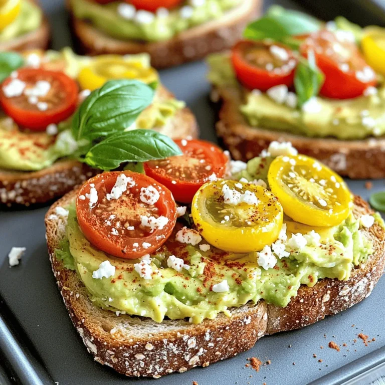 - 4 ripe avocados - 8 slices of whole grain bread - 1 tablespoon lemon juice - ½ teaspoon garlic powder - ½ teaspoon smoked paprika - Salt and black pepper, to taste - 1 cup cherry tomatoes, halved - Fresh basil leaves for garnish - Feta cheese - Red chili flakes - A drizzle of balsamic glaze Avocados are a superfood packed with nutrients. They are high in healthy fats. These fats help keep your heart healthy. One avocado carries a lot of fiber. Fiber helps with digestion and keeps you full. Avocados also have vitamins C, E, and K. These vitamins boost your immune system and skin health. They have potassium, too, which helps control blood pressure. Eating avocados can lower bad cholesterol and improve overall health. So, enjoy them on your creamy avocado toast! For the full recipe, check out the Creamy Avocado Toast Delight. First, gather your ingredients. You need four ripe avocados, eight slices of whole grain bread, and some spices. Make sure to have lemon juice, garlic powder, and smoked paprika ready. You will also need salt, black pepper, and cherry tomatoes. Lastly, grab fresh basil leaves for a nice touch. Next, toast the slices of whole grain bread. Set your toaster to a medium setting. Toast until the bread is golden brown and crispy. This step is key. The crunchy toast provides a great base for the creamy topping. Now, let’s make the avocado mixture. Cut the avocados in half and remove the pits. Scoop the green flesh into a mixing bowl. Add one tablespoon of lemon juice and the spices. Use garlic powder and smoked paprika for flavor. Don't forget to add salt and black pepper. Mash everything together with a fork. Keep it creamy but slightly chunky. This gives your toast texture and taste. Spread the creamy avocado mixture generously on each slice of toast. Then, top with halved cherry tomatoes. Finally, sprinkle fresh basil leaves on top. You can add feta cheese, red chili flakes, or balsamic glaze for extra flavor. Enjoy your creamy avocado toast right away. To pick the best avocados, look for a dark green color. Gently press on the skin. If it feels soft but not mushy, it's ripe. Avoid avocados that are too hard or have dark spots. These signs mean they are overripe or spoiled. Always check the stem area. If it comes off easily, the avocado is ready to eat. For perfect toast, use whole grain bread for added flavor and texture. Preheat your toaster or oven for even cooking. Toast until golden brown and crispy. This adds a nice crunch to your creamy avocado spread. You can also use a skillet for toasting. Just add a little oil or butter for extra flavor. To make your avocado even creamier, add a splash of lemon juice and some garlic powder. This not only enhances flavor but also keeps the color bright. You can also mix in a bit of Greek yogurt or sour cream for a richer texture. If you want a twist, try blending in a few tablespoons of cream cheese. This will make every bite smooth and delightful. For more detailed steps, check the Full Recipe for Creamy Avocado Toast Delight. {{image_2}} You can boost your creamy avocado toast with fun toppings. Try adding feta cheese for a salty kick. Red chili flakes give it heat, while balsamic glaze adds sweetness. You can also mix in sliced radishes for crunch or even a poached egg for protein. Each topping brings a new taste and texture. Experiment with what you enjoy. While whole grain bread is classic, other options work well, too. Sourdough has a tangy flavor that pairs nicely with avocado. Rye bread adds a robust taste, and gluten-free bread is great for those with allergies. Even bagels can be a fun twist! Choose what you love to make it your own. You can mix different ingredients into your avocado. For a fresh twist, add diced onions or chopped cilantro. Crumbled bacon gives a smoky crunch, while lime juice can brighten the flavor. Adding nuts like walnuts or almonds gives a satisfying bite. The key is to play with flavors until you find your favorite combination. For the full experience, check out the Full Recipe for more details! To keep your creamy avocado toast fresh, store it right. Place leftover toast in a sealed container. Cover it tightly to prevent air exposure. If you have extra avocado mixture, put it in a separate container. Use plastic wrap to cover the surface. This helps stop browning from air contact. It’s best to reheat the toast, not the toppings. When you warm the bread, it stays crispy. You can heat the toast in a toaster or oven for a few minutes. After reheating, spread the avocado mixture on top. This keeps the texture nice. Store cherry tomatoes and any other toppings separately. You can freeze the avocado mixture, but there are some rules. Use a freezer-safe container and leave space for expansion. Add a little lemon juice to help with browning. Avoid freezing the mixture with toppings, as they don’t freeze well. When ready to use, thaw overnight in the fridge. Mix it again before serving for the best flavor. Making creamy avocado toast is quick and easy. It takes about 10 minutes to prep. You need another 10 minutes for cooking and assembling. In total, you can enjoy this dish in just 20 minutes. You can prepare some parts ahead of time, but it’s best to serve it fresh. You can mash the avocado and store it in the fridge. Just add a splash of lemon juice to keep it green. Toast the bread right before serving for the best taste and texture. If you can’t find avocados, try these substitutes: - Hummus for a creamy base - Mashed peas for a fresh twist - Cream cheese for a richer flavor - Ricotta cheese for a light and fluffy option These choices can give you a similar creamy texture and taste. Creamy avocado toast is simple and fun to make. We covered the basics, from ingredients to variations. You learned about choosing ripe avocados and toasting bread just right. Plus, I shared tips for extra creaminess and tasty toppings. Remember, proper storage keeps your leftovers fresh. Enjoy trying new flavors and making your own versions. Each bite can be exciting with different choices. Embrace the easy steps and enjoy your delicious avocado toast today!