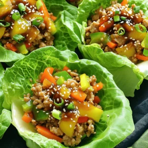 When making Asian Chicken Lettuce Cups, you need fresh and tasty ingredients. Here’s what you will need: - 1 pound ground chicken - 1 tablespoon sesame oil - 2 cloves garlic, minced - 1 inch ginger, grated - 1 small bell pepper, finely chopped - 1 carrot, grated - 3 green onions, chopped - 1/4 cup soy sauce - 2 tablespoons hoisin sauce - 1 tablespoon rice vinegar - 1 teaspoon sriracha (or to taste) - 1 head of butter lettuce or iceberg lettuce, leaves separated - Sesame seeds, for garnish These ingredients combine to create a meal that is light yet full of flavor. The ground chicken gives protein, while the veggies add crunch and color. The sauces bring a savory taste that makes each bite exciting. You can find the full recipe for this delightful dish above. Enjoy cooking! - Heat the skillet and sauté garlic and ginger. - Cook the ground chicken until browned. Start by heating the sesame oil in a large skillet over medium-high heat. You want the oil to shimmer. Once it’s hot, add the minced garlic and grated ginger. Sauté them for about 30 seconds. You will notice a lovely aroma filling your kitchen. Now, stir in the ground chicken. Cook this mixture until it turns golden brown, about 5 to 7 minutes. Ensure the chicken is cooked through and no pink remains. - Add vegetables and sauce mixture to the chicken. - Stir and cook to blend flavors. Once the chicken is ready, it’s time to add the veggies. Toss in the finely chopped bell pepper, grated carrot, and half of the green onions. Cook everything for another 3 to 4 minutes. You want the vegetables to soften but still have a little crunch. In a separate bowl, mix together the soy sauce, hoisin sauce, rice vinegar, and sriracha. Pour this sauce over the chicken and veggies. Stir well to combine. Cook for an additional 2 to 3 minutes to allow the flavors to meld. - Spoon chicken mixture into lettuce cups. - Garnish with sesame seeds and green onions. Now, remove the skillet from heat and let it cool slightly. Prepare your lettuce cups by separating the leaves. Spoon a generous amount of the chicken mixture into each leaf. For a perfect finish, garnish with sesame seeds and the remaining chopped green onions. Enjoy your tasty and light meal! For the full recipe, check the section above. To ensure your chicken is cooked properly, use a meat thermometer. The internal temperature should reach 165°F. This way, you know it's safe to eat. Sauté your garlic and ginger in sesame oil on medium-high heat. This brings out their great flavors. Once fragrant, add the ground chicken. Stir it often to brown evenly. Adjust sriracha for spice levels based on your taste. If you like it milder, start with less. You can always add more later. You can also customize the dish with other sauces. Try adding sweet chili sauce or teriyaki sauce for a twist. To arrange lettuce cups for serving, use large leaves for easy handling. Spoon the chicken mix into the center of each cup. This makes it neat and fun to eat. For garnishing, sprinkle sesame seeds on top for crunch. Add some extra chopped green onions for color and flavor. These small touches make your dish pop! {{image_2}} You can switch ground chicken for ground turkey or tofu. Ground turkey gives a similar taste but is leaner. Tofu works well for a plant-based option. Just crumble it and follow the same steps as the chicken. You can also use shredded chicken if you have leftovers. It’s an easy way to save time while making a tasty meal. If you want a full vegetarian dish, skip the meat and add more veggies. Try using mushrooms, zucchini, or bell peppers. These will add flavor and texture. You can mix in some chopped nuts for extra crunch. This makes the dish hearty and satisfying while keeping it light. Feel free to play with different Asian sauces to change the taste. You can use teriyaki or sweet chili sauce instead of hoisin. For crunch, add nuts like cashews or peanuts. Toast them lightly to bring out their flavor. Experimenting with these choices can make each meal unique. For the complete recipe, check out Tangy Asian Chicken Lettuce Cups. To store your leftovers, place them in an airtight container. Keep the chicken mix separate from the lettuce. This way, the lettuce stays crisp. You can keep the chicken mixture in the fridge for up to three days. After that, it may lose freshness and flavor. When you're ready to enjoy leftovers, reheat them on the stove. Use a low heat to warm the chicken mix. Stir it often to keep the flavors strong. You can also add a splash of soy sauce to enhance the taste. If you have extra chicken mix, try adding it to fried rice or a salad for a new meal. To freeze the chicken mix, let it cool completely. Then, transfer it to a freezer-safe bag. Remove as much air as you can before sealing. It can stay frozen for up to three months. When you’re ready to eat, thaw it in the fridge overnight. Reheat using the stovetop method to keep it juicy and full of flavor. You can use butter lettuce or iceberg lettuce. I prefer butter lettuce for its soft, flexible leaves. It holds more filling and adds a nice crunch. Iceberg lettuce is crisp and sturdy, making it a good choice too. Both types work well, so pick your favorite! Yes, you can prep ahead! Cook the chicken mixture and store it in the fridge. It stays good for 3 to 4 days. When ready to serve, just spoon it into fresh lettuce cups. Prepare the sauce and veggies ahead too. This makes dinner quick and easy. You can easily make it gluten-free! Use tamari instead of soy sauce. Check that your hoisin sauce is gluten-free. Many brands offer gluten-free options now. This way, you can enjoy the same great taste without the gluten. To spice it up, add more sriracha or some sliced chilies. You can also mix in crushed red pepper flakes. For a milder dish, cut back on the sriracha. You can use sweet chili sauce for a different flavor without the heat. Adjust it to your taste! Asian Chicken Lettuce Cups are a fun and tasty dish. We covered the best ingredients, preparation steps, and serving tips. You learned about cooking techniques and ways to enhance flavors. We also explored variations for different diets and provided storage tips. Enjoy making these cups for a healthy meal or snack. Feel free to customize them to fit your taste. You can impress friends and family with this dish at any time. Remember, cooking is about having fun and enjoying great flavors!