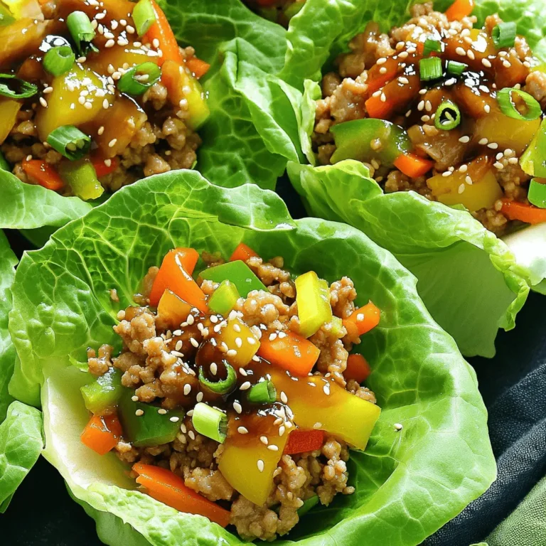 When making Asian Chicken Lettuce Cups, you need fresh and tasty ingredients. Here’s what you will need: - 1 pound ground chicken - 1 tablespoon sesame oil - 2 cloves garlic, minced - 1 inch ginger, grated - 1 small bell pepper, finely chopped - 1 carrot, grated - 3 green onions, chopped - 1/4 cup soy sauce - 2 tablespoons hoisin sauce - 1 tablespoon rice vinegar - 1 teaspoon sriracha (or to taste) - 1 head of butter lettuce or iceberg lettuce, leaves separated - Sesame seeds, for garnish These ingredients combine to create a meal that is light yet full of flavor. The ground chicken gives protein, while the veggies add crunch and color. The sauces bring a savory taste that makes each bite exciting. You can find the full recipe for this delightful dish above. Enjoy cooking! - Heat the skillet and sauté garlic and ginger. - Cook the ground chicken until browned. Start by heating the sesame oil in a large skillet over medium-high heat. You want the oil to shimmer. Once it’s hot, add the minced garlic and grated ginger. Sauté them for about 30 seconds. You will notice a lovely aroma filling your kitchen. Now, stir in the ground chicken. Cook this mixture until it turns golden brown, about 5 to 7 minutes. Ensure the chicken is cooked through and no pink remains. - Add vegetables and sauce mixture to the chicken. - Stir and cook to blend flavors. Once the chicken is ready, it’s time to add the veggies. Toss in the finely chopped bell pepper, grated carrot, and half of the green onions. Cook everything for another 3 to 4 minutes. You want the vegetables to soften but still have a little crunch. In a separate bowl, mix together the soy sauce, hoisin sauce, rice vinegar, and sriracha. Pour this sauce over the chicken and veggies. Stir well to combine. Cook for an additional 2 to 3 minutes to allow the flavors to meld. - Spoon chicken mixture into lettuce cups. - Garnish with sesame seeds and green onions. Now, remove the skillet from heat and let it cool slightly. Prepare your lettuce cups by separating the leaves. Spoon a generous amount of the chicken mixture into each leaf. For a perfect finish, garnish with sesame seeds and the remaining chopped green onions. Enjoy your tasty and light meal! For the full recipe, check the section above. To ensure your chicken is cooked properly, use a meat thermometer. The internal temperature should reach 165°F. This way, you know it's safe to eat. Sauté your garlic and ginger in sesame oil on medium-high heat. This brings out their great flavors. Once fragrant, add the ground chicken. Stir it often to brown evenly. Adjust sriracha for spice levels based on your taste. If you like it milder, start with less. You can always add more later. You can also customize the dish with other sauces. Try adding sweet chili sauce or teriyaki sauce for a twist. To arrange lettuce cups for serving, use large leaves for easy handling. Spoon the chicken mix into the center of each cup. This makes it neat and fun to eat. For garnishing, sprinkle sesame seeds on top for crunch. Add some extra chopped green onions for color and flavor. These small touches make your dish pop! {{image_2}} You can switch ground chicken for ground turkey or tofu. Ground turkey gives a similar taste but is leaner. Tofu works well for a plant-based option. Just crumble it and follow the same steps as the chicken. You can also use shredded chicken if you have leftovers. It’s an easy way to save time while making a tasty meal. If you want a full vegetarian dish, skip the meat and add more veggies. Try using mushrooms, zucchini, or bell peppers. These will add flavor and texture. You can mix in some chopped nuts for extra crunch. This makes the dish hearty and satisfying while keeping it light. Feel free to play with different Asian sauces to change the taste. You can use teriyaki or sweet chili sauce instead of hoisin. For crunch, add nuts like cashews or peanuts. Toast them lightly to bring out their flavor. Experimenting with these choices can make each meal unique. For the complete recipe, check out Tangy Asian Chicken Lettuce Cups. To store your leftovers, place them in an airtight container. Keep the chicken mix separate from the lettuce. This way, the lettuce stays crisp. You can keep the chicken mixture in the fridge for up to three days. After that, it may lose freshness and flavor. When you're ready to enjoy leftovers, reheat them on the stove. Use a low heat to warm the chicken mix. Stir it often to keep the flavors strong. You can also add a splash of soy sauce to enhance the taste. If you have extra chicken mix, try adding it to fried rice or a salad for a new meal. To freeze the chicken mix, let it cool completely. Then, transfer it to a freezer-safe bag. Remove as much air as you can before sealing. It can stay frozen for up to three months. When you’re ready to eat, thaw it in the fridge overnight. Reheat using the stovetop method to keep it juicy and full of flavor. You can use butter lettuce or iceberg lettuce. I prefer butter lettuce for its soft, flexible leaves. It holds more filling and adds a nice crunch. Iceberg lettuce is crisp and sturdy, making it a good choice too. Both types work well, so pick your favorite! Yes, you can prep ahead! Cook the chicken mixture and store it in the fridge. It stays good for 3 to 4 days. When ready to serve, just spoon it into fresh lettuce cups. Prepare the sauce and veggies ahead too. This makes dinner quick and easy. You can easily make it gluten-free! Use tamari instead of soy sauce. Check that your hoisin sauce is gluten-free. Many brands offer gluten-free options now. This way, you can enjoy the same great taste without the gluten. To spice it up, add more sriracha or some sliced chilies. You can also mix in crushed red pepper flakes. For a milder dish, cut back on the sriracha. You can use sweet chili sauce for a different flavor without the heat. Adjust it to your taste! Asian Chicken Lettuce Cups are a fun and tasty dish. We covered the best ingredients, preparation steps, and serving tips. You learned about cooking techniques and ways to enhance flavors. We also explored variations for different diets and provided storage tips. Enjoy making these cups for a healthy meal or snack. Feel free to customize them to fit your taste. You can impress friends and family with this dish at any time. Remember, cooking is about having fun and enjoying great flavors!
