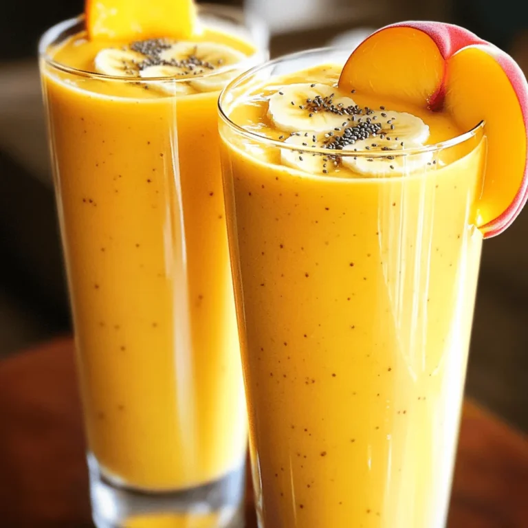 - 2 ripe peaches, pitted and sliced - 1 ripe banana, peeled and sliced - 1 cup Greek yogurt (plain or vanilla) - 1 cup almond milk (or your choice of milk) - Optional sweetener: 1 tablespoon honey or maple syrup - ½ teaspoon vanilla extract - 1 tablespoon chia seeds (optional) - Ice cubes (for consistency) Gathering fresh ingredients makes this smoothie shine. The ripe peaches and banana bring amazing flavor and natural sweetness. Greek yogurt adds creaminess and protein, making it a filling drink. Almond milk helps to blend everything smoothly. You can choose honey or maple syrup for extra sweetness if you like. Adding vanilla gives a nice touch and enhances the flavor. Chia seeds are a fun addition, too, providing texture and nutrition. Ice cubes help create a refreshing, cold drink. Using fresh or frozen ingredients will still yield great results. When you have everything ready, you can whip this up in just five minutes! This Peach Banana Smoothie is a tasty treat you’ll want to enjoy again and again. Check out the Full Recipe for complete details! - Step 1: Blend the peaches and banana Start by adding the sliced peaches and banana to your blender. Make sure the fruit is ripe for the best taste. Blend them on high speed until they form a smooth mixture. - Step 2: Add remaining ingredients Next, pour in the Greek yogurt and almond milk. If you like it sweet, add the honey or maple syrup now. Don't forget the vanilla extract for flavor. If you want extra nutrition, toss in the chia seeds. - Step 3: Adjust consistency and sweetness Blend the mixture again until it's creamy. If it’s too thick, add a bit more almond milk. For a thicker drink, add a few ice cubes and blend once more. Taste it and add more sweetener if needed. - Step 4: Serve and enjoy Once you reach your desired consistency, pour the smoothie into glasses. For a fun touch, garnish each glass with a peach slice and a sprinkle of chia seeds. Drink it right away for the best flavor. You can find the Full Recipe at the beginning of this article. - Use ripe fruits for maximum sweetness. Ripe peaches and bananas taste better. - Experiment with flavored yogurt. Try vanilla or peach yogurt for extra taste. - Add spices like cinnamon or nutmeg. A pinch can bring warmth and depth. - For thickness, add ice cubes or more yogurt. Blend until you reach your goal. - Customize sweetness levels by adjusting honey or maple syrup. Taste as you go! - For creaminess, use whole milk or coconut milk instead of almond milk. This change makes it rich and smooth. These tips help you craft the perfect Peachy Banana Bliss Smoothie. Want the full recipe? Check out the [Full Recipe]. {{image_2}} You can easily make this smoothie fit your diet. For a dairy-free option, try using coconut yogurt or oat milk. These choices keep the smoothie creamy without any dairy. If you want to cut calories, use low-calorie sweeteners like stevia or erythritol instead of honey or maple syrup. Kids love this smoothie, too! You can add a little extra banana or some chocolate protein powder for a fun twist. Want to boost your smoothie’s nutrients? Add berries or a handful of spinach. Both options blend well and taste great! For a tropical twist, throw in some pineapple or mango. These fruits add a bright flavor that makes you feel like you're on vacation. If you prefer a nutty taste, try adding almond butter or peanut butter. This adds healthy fats and makes the smoothie even more filling. Check out the Full Recipe to see how these variations can fit right in! To store leftovers, keep the smoothie in a sealed jar or bottle. This helps keep it fresh. If you have some left after a day, check for changes in taste or smell before drinking. For freezing, you can freeze the peaches and bananas. Slice them and place them in a bag. This way, you can blend them later for a quick smoothie fix. Just remember to freeze them in small portions. If you want to prep smoothies ahead, consider making smoothie packs. Put all the fruits and dry ingredients together in a bag. When you're ready to blend, just add yogurt and milk. This makes morning smoothies a breeze. Refrigerated smoothies last about one to two days. After this, they might lose flavor and freshness. Always check for signs of spoilage. Signs of spoilage include a sour smell, off taste, and changes in color or texture. If any of these appear, it is best to toss it out. Enjoy your Peach Banana Smoothie fresh for the best taste! For the full recipe, check out Peachy Banana Bliss Smoothie! Yes, you can use frozen peaches and bananas. They make your smoothie cold and thick. Just blend them straight from the freezer. This is a great way to enjoy the smoothie any time. Yes, a Peach Banana Smoothie can help with weight loss. It has healthy fruits and Greek yogurt. These ingredients are low in calories but high in nutrients. This helps you feel full longer. To make this smoothie vegan, swap Greek yogurt for coconut yogurt. Use almond milk or oat milk instead of dairy milk. You can also leave out the honey or use maple syrup. This smoothie offers many health benefits. Peaches are rich in vitamins and antioxidants. Bananas provide potassium and fiber. Greek yogurt adds protein for muscle health. Together, they support digestion and energy. Yes, you can add protein powder to boost the smoothie. Choose your favorite flavor. Mix it in with the other ingredients. This will help you stay full and support your workouts. For the full recipe, check out the Peachy Banana Bliss Smoothie. This blog post shared a simple recipe for a Peach Banana Smoothie. You learned about the ingredients, steps, and tips for making it great. We explored ways to customize flavors and store leftovers. Smoothies can be flexible and fun to make. Use ripe fruits for taste and adjust for your needs. Whether you want a refreshing drink or healthy snack, this smoothie meets those goals. Enjoy blending and experimenting with flavors that you love. Try different ingredients to find your perfect mix!