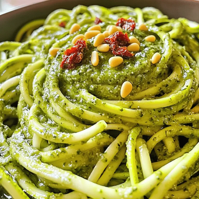 To make zucchini noodles with pesto, gather these main ingredients: - 3 medium zucchinis, spiralized into noodles - 1 cup fresh basil leaves - 1/4 cup pine nuts (toasted) - 1/4 cup grated Parmesan cheese (or nutritional yeast for a vegan option) - 2 garlic cloves, minced - 1/3 cup extra-virgin olive oil - Salt and pepper to taste These ingredients create a fresh and bright dish that is full of flavor. The zucchini noodles serve as a light base, while the pesto adds richness. You can enhance the dish with these optional ingredients: - 1/2 cup sun-dried tomatoes, chopped (in oil for extra flavor) - 1/4 teaspoon crushed red pepper flakes (optional) Adding sun-dried tomatoes gives a nice tang and sweetness. The red pepper flakes can add a bit of heat if you like spice. This dish is not just tasty; it also packs a healthy punch. Here’s a quick look at the nutritional benefits: - Zucchini: Low in calories, high in fiber, and rich in vitamins A and C. - Basil: Contains antioxidants and supports heart health. - Pine Nuts: Offer healthy fats and protein. - Parmesan Cheese: Adds calcium and flavor. - Olive Oil: A good source of healthy fats and antioxidants. Each serving is light yet filling, making it a great choice for lunch or dinner. You can find the full recipe [here]. To make fresh pesto, gather your ingredients. You will need basil leaves, toasted pine nuts, Parmesan cheese, minced garlic, and olive oil. Place these in a food processor. First, pulse the basil, pine nuts, cheese, and garlic together. Add a pinch of salt and pepper. While the processor runs, slowly pour in the olive oil. This helps achieve a smooth and creamy texture. After blending, taste your pesto. Adjust the seasoning to your liking. Set it aside for now. Next, grab your zucchinis. Spiralize them into noodle shapes. In a large skillet, heat a tablespoon of olive oil over medium heat. Add the zucchini noodles once the oil is hot. Sauté for about 2-3 minutes. Keep them slightly crunchy, or al dente. This step is key, as overcooking can make them mushy. Once cooked, remove the skillet from heat. Now, it’s time to mix everything together. Add the pesto to the skillet with the zucchini noodles. Stir well to coat the noodles evenly. This is where the magic happens! Next, add chopped sun-dried tomatoes for extra flavor. If you like spice, sprinkle in crushed red pepper flakes. Toss all the ingredients together until well mixed. Serve your dish right away. Presentation matters, so use a large bowl. Create a nest of zucchini noodles and drizzle extra pesto on top. Garnish with toasted pine nuts for a beautiful finish. Enjoy your flavorful and fresh Zucchini Noodles with Pesto! For the full recipe, check [Full Recipe]. When picking zucchini, look for firm ones that are bright in color. Avoid any with soft spots or wrinkles. Smaller zucchinis taste better and are less watery. Aim for ones about six to eight inches long. This ensures a nice, crisp bite in your dish. You can also check the stem; it should be fresh and green. To make your pesto extra creamy, use a good blender or food processor. Start by blending the basil, pine nuts, and garlic first. Then, slowly add the olive oil while blending. This helps to emulsify the oil, making it smooth. You can add a bit more cheese or even a splash of lemon juice. This brightens the flavor and keeps it fresh. One common mistake is cooking zucchini for too long. Zucchini cooks quickly, so aim for just 2-3 minutes. This keeps it al dente and tasty. Also, avoid adding too much salt at the start. Salt pulls out moisture, making your noodles soggy. Instead, season them lightly before adding your pesto. Finally, don’t overcrowd the pan; cook in batches if needed. For the full recipe, check out the [Full Recipe]. {{image_2}} You can easily make this dish vegan. Instead of Parmesan cheese, use nutritional yeast. This swap gives a cheesy flavor without dairy. You still get a creamy pesto. Blend the rest of the ingredients as usual. This keeps the dish rich and tasty. If you have other dietary needs, don't worry. You can switch out ingredients. For gluten-free options, use gluten-free pasta or spiralized veggies. If you need a nut-free recipe, skip the pine nuts. Use sunflower seeds instead. These simple swaps keep the dish enjoyable for everyone. Zucchini is great, but you can change things up. Try adding fresh herbs like parsley or mint. They give a new twist to the flavor. You can also mix in seasonal veggies. In summer, add cherry tomatoes for sweetness. In fall, try roasted butternut squash for warmth. Each season brings fresh options. Enjoy the tasty variety! Store any leftover zucchini noodles with pesto in an airtight container. You want to keep them fresh and tasty. Place the container in the fridge. They will stay good for about two days. Add a few drops of olive oil to prevent sticking. This keeps the noodles from clumping together. If you used sun-dried tomatoes, they can add extra moisture. So, check for sogginess before storing. To reheat your zucchini noodles, use a skillet. Heat it on low to medium heat. Add a little olive oil to the pan, then toss in the noodles. Stir for about two to three minutes. This warms them up without making them mushy. You can also use a microwave. Put the noodles in a bowl and cover it. Heat on medium for about a minute or two. Check and stir halfway through to ensure even heating. Freezing zucchini noodles is not ideal. They can become watery when thawed. However, you can freeze pesto easily. Put it in ice cube trays for easy use later. Once frozen, pop the cubes into a bag. You can use frozen pesto straight from the freezer. Just add it to hot noodles, and it will melt right in. This way, you can enjoy homemade flavor anytime! For the full recipe, check out the details above. Yes, you can use other veggies. Carrots, bell peppers, or squash work well. Spiralize them just like zucchini. They add nice colors and flavors too. Each will give a new twist to your dish. Just remember to cook them until tender, but not mushy. To make nut-free pesto, skip the pine nuts. Use sunflower seeds instead. They blend nicely and add a good texture. You can also use hemp seeds for a different taste. The rest of the pesto stays the same. Use fresh basil and garlic for that classic flavor. Zucchini noodles with pesto pair well with many sides. A fresh salad adds crunch and brightness. Garlic bread is a great choice for dipping. You could also serve grilled chicken or shrimp on top for protein. Enjoy this dish with a light white wine for a special touch. For more ideas, check the Full Recipe for inspiration. Zucchini noodles with pesto offer a tasty and healthy meal. We covered the key ingredients and how to make them. I shared steps for cooking, tips for selecting fresh zucchini, and variations to suit diets. Proper storage and reheating tips will keep leftovers tasty. Remember, experimenting with flavors makes cooking fun. Enjoy your meal, and don’t hesitate to try new things in the kitchen.