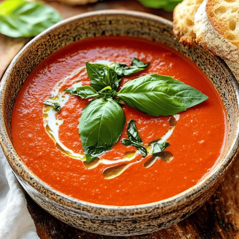 To make Vegan Creamy Tomato Soup, gather these simple items: - 2 tablespoons olive oil - 1 medium onion, finely chopped - 3 cloves garlic, minced - 1 teaspoon dried basil - 1 teaspoon dried oregano - 1 can (28 ounces) crushed tomatoes - 3 cups vegetable broth - 1 cup coconut milk (or any plant-based cream) - 1 tablespoon maple syrup (optional, for sweetness) - Salt and pepper to taste - Fresh basil leaves for garnish You can enhance the taste with these options: - A pinch of red pepper flakes for heat - A tablespoon of balsamic vinegar for depth - Nutritional yeast for a cheesy flavor - Chopped carrots or celery for extra veggies One serving of this soup offers: - Calories: 220 - Protein: 4 grams - Carbohydrates: 30 grams - Fat: 10 grams - Fiber: 4 grams - Sugar: 4 grams This soup is rich in vitamins and keeps you warm. You can find the full recipe above to get started! Start by gathering all your ingredients. This makes cooking easier and faster. Chop the onion finely and mince the garlic. These steps help to release their flavors. If you want a bit of sweetness, measure out the maple syrup. Set aside your ingredients for quick access. In a large pot, heat the olive oil over medium heat. Add the chopped onion and sauté it for about 5 minutes. You want the onion to soften and turn translucent. Next, stir in the minced garlic, dried basil, and oregano. Cook for another minute. This lets the spices release their wonderful aroma. Now, pour in the crushed tomatoes and vegetable broth. Stir everything to combine well. Bring the mixture to a boil. Once it reaches a boil, reduce the heat to low. Let it simmer uncovered for about 15 minutes. This helps the flavors blend and deepen. After simmering, remove the pot from the heat. Use an immersion blender to puree the soup until it’s smooth. If you don’t have an immersion blender, carefully transfer the soup in batches to a countertop blender. Blend until creamy. Once blended, stir in the coconut milk or any plant-based cream you prefer. If you like sweetness, add the maple syrup now. Return the pot to low heat. Warm the soup gently, stirring often. Taste the soup and season it with salt and pepper as needed. For the full recipe, check out the detailed instructions above to create this delicious vegan creamy tomato soup. To make your soup creamy, choose a good plant-based cream. Coconut milk works best, but you can also use cashew cream. If you want a lighter soup, try almond milk. Blend the soup well until it is smooth. An immersion blender is great for this. If you use a countertop blender, blend in small batches. Make sure to let it cool a bit before blending hot soup. This keeps the mess down. Seasonings are key to a tasty soup. Start with salt and pepper for the base. You can add dried basil and oregano for an Italian touch. For a sweet hint, maple syrup adds depth. You can also try red pepper flakes for a little heat. Taste your soup as you go. Adjust the seasonings to fit your taste. A squeeze of lemon juice at the end brightens the flavors too. One mistake people make is not cooking the onion long enough. Sauté until it is soft and translucent. This builds the base flavor. Another mistake is over-blending the soup. You want it creamy, not watery. Add too much broth, and it can lose its richness. Lastly, be careful with salt. Taste before adding more. You can always add more, but you can’t take it out. {{image_2}} You can switch up the cream in this soup. Coconut milk gives a rich taste, but you can try other options. Almond milk is a lighter choice. Cashew cream adds a nice nutty flavor. For a thicker texture, use silken tofu blended until smooth. Each option brings a new twist to the classic soup. Want more heat? Add a pinch of red pepper flakes. You can also stir in a dash of hot sauce for a spicy kick. For a milder soup, skip the heat altogether. Just use the herbs for flavor. Adjusting the spices can change the whole dish. Boost the nutrition by adding vegetables. Carrots and bell peppers blend well. Chop them up and sauté with the onions. Spinach or kale can also be stirred in at the end. They cook quickly and add bright color. More veggies mean more flavor and health benefits in every bowl. Check out the full recipe to guide you in making this delicious soup! To keep your soup fresh, let it cool first. Pour the soup into an airtight container. Make sure to seal it well. Store it in the fridge for up to five days. When you want to enjoy it again, just take it out. When you are ready to eat your soup, pour it into a pot. Heat it over medium heat. Stir it often to avoid sticking. If it's too thick, add a splash of vegetable broth or water. Heat until it's hot throughout. For long-term storage, you can freeze the soup. Use freezer-safe containers or bags. Leave some space at the top for expansion. The soup will last up to three months in the freezer. When ready to eat, thaw it in the fridge overnight. Reheat it as mentioned above. This way, you have a tasty meal ready anytime! Yes, you can easily make this soup gluten-free. The main ingredients are naturally gluten-free, like tomatoes and vegetable broth. Just make sure to use gluten-free broth. You can also check the labels on all packaged ingredients. This way, you can enjoy this soup without any gluten worries. If you don’t have coconut milk, there are great options. You can use almond milk or cashew cream for a nutty flavor. Soy milk or oat milk also work well, but they may change the taste a bit. If you want a creamy texture, choose any plant-based cream. These options will still give your soup a nice richness. This soup lasts about 4 to 5 days in the fridge. Store it in an airtight container to keep it fresh. If you want to keep it longer, consider freezing it. In that case, it can last for up to 3 months. Just thaw and reheat when you're ready to enjoy it again. For the best taste, always check for signs of spoilage before eating. This blog post shows you how to make a creamy tomato soup. We discussed the main ingredients and fun optional ones for flavor. I explained steps for preparing, cooking, and blending your soup. Plus, I shared tips to get the texture just right and avoid common problems. Variations let you customize it with different creams and veggies. Finally, we went over storage methods to keep your soup fresh. Enjoy your cooking adventure!