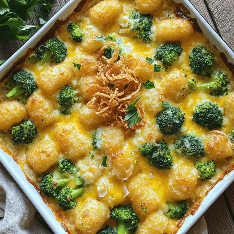 To make the Cheesy Broccoli Tater Tot Casserole, you will need the following ingredients: - 1 bag (32 oz) frozen tater tots - 3 cups fresh broccoli florets - 2 cups shredded cheddar cheese - 1 cup sour cream - 1 can (10.5 oz) cream of mushroom soup - 1 cup milk - 1 teaspoon garlic powder - 1 teaspoon onion powder - Salt and pepper to taste - 1 cup crispy fried onions (optional, for topping) These ingredients create a creamy and cheesy dish that everyone loves. The frozen tater tots provide a crispy base, while the broccoli adds color and nutrition. I always use fresh broccoli for a bright taste and texture. The cheddar cheese melts beautifully into the dish, making it rich and satisfying. You can adjust the amount of cheese based on your taste. For a twist, try different cheeses, too. The sour cream and cream of mushroom soup bring creaminess and depth of flavor. The garlic and onion powders enhance the taste without overpowering the other ingredients. Salt and pepper are key for balance. The crispy fried onions on top add a nice crunch. You can skip them if you prefer a simpler dish. For the full recipe, follow the cooking steps outlined in the next section. Enjoy your cooking! - Preheat the oven to 400°F (200°C). - In a pot of boiling water, blanch the broccoli florets for 2-3 minutes. This step makes them bright green and slightly tender. Drain the broccoli and set it aside. - In a large bowl, combine the sour cream, cream of mushroom soup, milk, garlic powder, and onion powder. Season with salt and pepper. Mix well until smooth. - Gently fold in the blanched broccoli and 1.5 cups of cheddar cheese. Make sure every piece of broccoli gets coated. - Grease a 9x13-inch baking dish. Layer the frozen tater tots evenly across the bottom. - Pour the cheesy broccoli mixture over the tater tots and spread it out evenly. - Top with the remaining cheddar cheese. If you like extra crunch, sprinkle crispy fried onions on top. - Bake in the preheated oven for 30-35 minutes. Look for the cheese to be bubbly and golden brown. - Let it cool for about 5 minutes before serving. This allows the casserole to set slightly. For the full recipe with all the details, check out the recipe guide. Enjoy your warm, cheesy creation! - Correct oven temperature: Always preheat your oven to 400°F (200°C). This step is key. A hot oven helps the tater tots get crispy. - How to achieve golden, bubbly cheese: Bake until the cheese is bubbly and golden brown. This usually takes about 30 to 35 minutes. Keep an eye on it. You want a nice crust on top! - Presentation tips for serving: Serve directly from the baking dish. This makes it easy and fun. A sprinkle of chopped parsley adds color and freshness. - Suggestions for perfect accompaniments: Pair this casserole with a fresh side salad or some crusty bread. These sides balance the richness of the dish. - Overcooking the broccoli: Blanch the broccoli for just 2 to 3 minutes. If you cook it too long, it can become mushy in the casserole. Keep it bright green! - Skipping the blanching step: Don’t skip blanching the broccoli. This step helps keep the texture and color. It also helps the broccoli mix better with the cheese. {{image_2}} You can swap out sour cream for Greek yogurt. It adds creaminess and protein. If you don’t have cream of mushroom soup, use cream of chicken soup or a homemade version. This keeps the dish tasty and rich. For cheese, I love mixing cheddar with mozzarella for a gooey texture. You can also use pepper jack for a spicy kick. Other options include gouda or swiss. Each cheese gives a unique flavor and texture. Want to spice things up? Try adding a pinch of paprika or cayenne pepper. These spices add warmth and depth. You can also mix in dried herbs like thyme or oregano for a fresh taste. Feel free to add other veggies, like bell peppers or carrots. For protein, shredded chicken or ground beef work great. Each addition makes the dish heartier and more filling. To make this dish a bit healthier, use sweet potato tater tots. They add flavor and nutrients. You can also cut back on cheese or use low-fat versions. This reduces fat and calories while keeping it delicious. Using whole grain tater tots can boost fiber too. These small changes make the dish better for you without losing any comfort. For more ideas, check out the Full Recipe. To store leftover casserole, let it cool first. Place it in an airtight container. This keeps it fresh for longer. You can also cover it tightly with plastic wrap. Make sure you eat it within three to four days. That way, it stays tasty and safe. You can freeze Cheesy Broccoli Tater Tot Casserole, too! First, let it cool completely. Then, wrap it well in plastic wrap. After that, place it in a freezer-safe bag. It can last for up to three months in the freezer. When you are ready to eat, thaw it overnight in the fridge. Reheat it in the oven at 350°F (175°C). This brings back the nice, crispy texture. In the fridge, you can keep it for three to four days. In the freezer, it lasts up to three months. Always check for signs of spoilage, like off smells or changes in color. Enjoy your casserole at its best! For the full recipe, check earlier in this article. Yes, you can make this casserole ahead. Just prepare it up to the baking step. Cover it tightly with plastic wrap or foil. Store it in the fridge for up to 24 hours. When you're ready, bake it as usual. You might need to add a few extra minutes to the cooking time. This casserole pairs well with many sides. Try a fresh green salad for crunch. Garlic bread also complements the dish well. You could even serve it with some roasted veggies for added flavor. Absolutely! Fresh broccoli works great. Just make sure to chop it into small florets. Blanch it in boiling water for 2-3 minutes. This softens it slightly and helps keep its bright color. Fresh broccoli adds a nice crunch and flavor. To reheat leftovers, place them in an oven-safe dish. Preheat your oven to 350°F (175°C). Cover the dish with foil to keep it moist. Heat for about 15-20 minutes, or until warmed through. You can also use a microwave for quick reheating. Yes, you can easily make this casserole vegetarian. Just swap the cream of mushroom soup for a veggie version. Use vegetable broth instead of chicken broth if you add any. This keeps all the flavors while making it meat-free. Yes, homemade cream of mushroom soup works perfectly. It adds a fresh taste to the dish. Just ensure it has a similar creamy texture. Using homemade soup can elevate your casserole to the next level. Check out the full recipe for tips on how to make it! In this blog post, we covered how to make a Cheesy Broccoli Tater Tot Casserole. We outlined the ingredients you need, from frozen tater tots to fresh broccoli. Then, we shared step-by-step instructions for preparation, making the cheesy mixture, and baking. I offered tips to avoid common mistakes and suggested ways to make the dish healthier or add extra flavors. Remember, this casserole is easy to store and reheat. Enjoy creating this comforting dish that pleases everyone at the table.