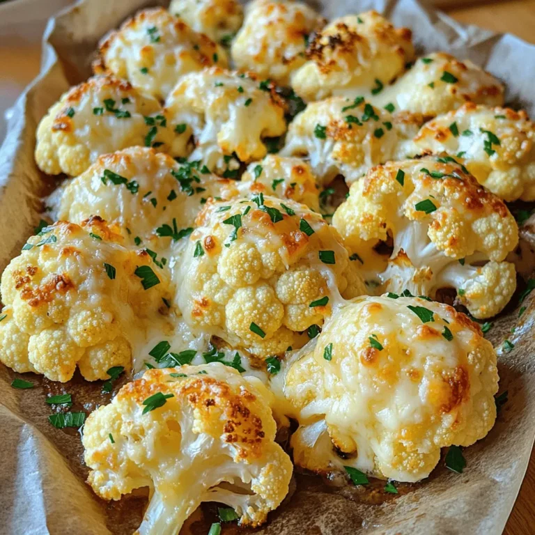 To make Roasted Garlic Parmesan Cauliflower, gather the following main ingredients: - 1 medium head of cauliflower, cut into florets - 6 cloves of garlic, minced - 1/4 cup grated Parmesan cheese - 3 tablespoons olive oil - 1 teaspoon garlic powder - 1/2 teaspoon smoked paprika - Salt and pepper to taste - Fresh parsley, chopped (for garnish) These ingredients create a rich and savory flavor in the dish. The garlic gives it a nice punch, while the Parmesan adds creaminess. You can add some optional ingredients to change up the flavor. Here are a few ideas: - Lemon juice for a tangy twist - Red pepper flakes for heat - Thyme or rosemary for an herbaceous note Using these optional ingredients can give you a unique spin on the original dish. To prepare this delicious dish, you’ll need a few basic tools: - A large mixing bowl - A baking sheet - Parchment paper for easy cleanup - A sharp knife for cutting the cauliflower - A spatula for tossing the florets Having the right tools makes cooking easier and more fun. You can find the full recipe in the guide above. First, you need to wash the cauliflower. Remove the leaves and cut the head into small florets. Make sure they are about the same size. This helps them cook evenly. You want each floret to be bite-sized. It makes serving easier and more fun to eat. In a large bowl, add your cauliflower florets. Now, add minced garlic, olive oil, garlic powder, smoked paprika, salt, and pepper. Toss everything well. Ensure each floret gets coated in the tasty mix. This step is key for great flavor. The garlic and spices will really shine through. Preheat your oven to 425°F (220°C). Spread the seasoned florets on a baking sheet lined with parchment paper. Make sure they are in a single layer. This helps them roast well. Bake for about 20-25 minutes. Stir halfway through to ensure even roasting. The cauliflower should turn tender and golden brown. When you take them out, sprinkle the Parmesan cheese on top. Pop them back in the oven for 5 more minutes. This will melt the cheese and make everything delicious. Finally, let the roasted cauliflower cool for a couple of minutes. Garnish with fresh parsley before serving. Enjoy your flavorful dish! For the full recipe, check [Full Recipe]. To get the best flavor, use fresh garlic. Fresh garlic gives a strong, rich taste. Mince the garlic finely for even better flavor. You can also add a pinch of lemon zest. This adds a bright note that balances the richness of the cheese. Roasting cauliflower is all about the heat. Preheat your oven to 425°F (220°C). This high heat gives the cauliflower a nice golden color. Spread the florets out on the baking sheet. If they are too close, they will steam instead of roast. Stir them halfway through cooking. This helps to brown all sides evenly. Roasted garlic parmesan cauliflower shines on its own. Serve it as a side dish with grilled chicken or fish. You can also toss it into salads for extra flavor. For a fun twist, make it a topping for baked potatoes. The creamy cheese and garlic mix perfectly with the fluffy potato. Don’t forget to check the Full Recipe for more tips! {{image_2}} You can switch up the cheese in this dish. Try using cheddar for a sharper taste. Goat cheese adds a creamy touch that melts nicely. Feta gives a tangy bite that pairs well with garlic. If you want a nutty flavor, use Gruyère instead. Each cheese brings its own flair to the roasted cauliflower. You can mix in other veggies for more color and taste. Broccoli works great with cauliflower. Brussels sprouts add a nice crunch. Carrots give a sweet note that balances the garlic. Feel free to toss in bell peppers or zucchini for extra flavor. Roasting them together makes a tasty medley. If you want a vegan version, swap the Parmesan for nutritional yeast. It gives a cheesy flavor without dairy. You can also use vegan cheese shreds that melt well. For extra creaminess, add a splash of almond milk. This way, you keep the dish flavorful and plant-based. You can find the full recipe for Roasted Garlic Parmesan Cauliflower [here]. After enjoying your Roasted Garlic Parmesan Cauliflower, let it cool first. Place any leftovers in an airtight container. You can store it in the fridge for up to 3 days. This keeps the flavors fresh and the texture nice. To reheat, preheat your oven to 350°F (175°C). Spread the cauliflower on a baking sheet. Heat it for about 10 to 15 minutes. This method keeps the cauliflower crisp. You can also microwave it for 1 to 2 minutes, but the texture may change. If you want to freeze this dish, first let it cool completely. Transfer the cauliflower to a freezer-safe bag or container. It can last for up to a month. To enjoy, thaw it overnight in the fridge. Reheat it in the oven for the best results. For more details, check the Full Recipe. Roasting cauliflower takes about 20 to 25 minutes. Preheat your oven to 425°F (220°C). Spread the cauliflower florets on a baking sheet. Roast until they turn tender and golden brown. Remember to stir halfway through for even cooking. Yes, you can prepare this dish ahead of time. You can cut the cauliflower and mix in the garlic and oil. Store it in the fridge for up to 24 hours before roasting. When you’re ready, just pop it in the oven. This makes it easy for busy days! You can serve Roasted Garlic Parmesan Cauliflower with many dishes. It pairs well with grilled chicken or fish. You can also enjoy it as a side for pasta. For a vegetarian meal, serve it with quinoa or a fresh salad. The flavors work great together and make for a fun meal! For the full recipe, check out the section above. This recipe for Roasted Garlic Parmesan Cauliflower covers everything from ingredients to storage tips. You learned how to prepare, season, and roast the cauliflower for the best flavor. Remember to try different cheeses or veggie options for fun twists. When storing leftovers, keep them safe for another meal. Enjoy this dish alongside your favorites. Cook with confidence, and let your taste buds guide you!