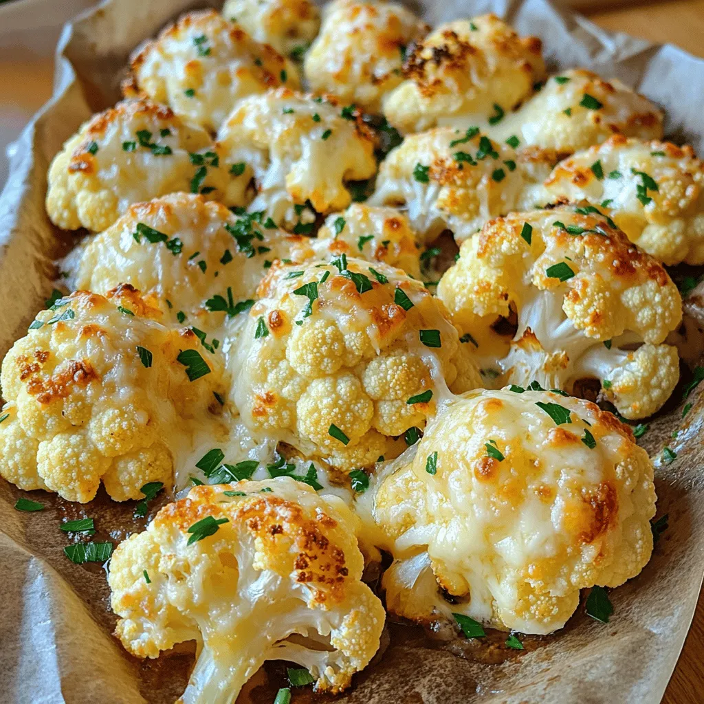 To make Roasted Garlic Parmesan Cauliflower, gather the following main ingredients: - 1 medium head of cauliflower, cut into florets - 6 cloves of garlic, minced - 1/4 cup grated Parmesan cheese - 3 tablespoons olive oil - 1 teaspoon garlic powder - 1/2 teaspoon smoked paprika - Salt and pepper to taste - Fresh parsley, chopped (for garnish) These ingredients create a rich and savory flavor in the dish. The garlic gives it a nice punch, while the Parmesan adds creaminess. You can add some optional ingredients to change up the flavor. Here are a few ideas: - Lemon juice for a tangy twist - Red pepper flakes for heat - Thyme or rosemary for an herbaceous note Using these optional ingredients can give you a unique spin on the original dish. To prepare this delicious dish, you’ll need a few basic tools: - A large mixing bowl - A baking sheet - Parchment paper for easy cleanup - A sharp knife for cutting the cauliflower - A spatula for tossing the florets Having the right tools makes cooking easier and more fun. You can find the full recipe in the guide above. First, you need to wash the cauliflower. Remove the leaves and cut the head into small florets. Make sure they are about the same size. This helps them cook evenly. You want each floret to be bite-sized. It makes serving easier and more fun to eat. In a large bowl, add your cauliflower florets. Now, add minced garlic, olive oil, garlic powder, smoked paprika, salt, and pepper. Toss everything well. Ensure each floret gets coated in the tasty mix. This step is key for great flavor. The garlic and spices will really shine through. Preheat your oven to 425°F (220°C). Spread the seasoned florets on a baking sheet lined with parchment paper. Make sure they are in a single layer. This helps them roast well. Bake for about 20-25 minutes. Stir halfway through to ensure even roasting. The cauliflower should turn tender and golden brown. When you take them out, sprinkle the Parmesan cheese on top. Pop them back in the oven for 5 more minutes. This will melt the cheese and make everything delicious. Finally, let the roasted cauliflower cool for a couple of minutes. Garnish with fresh parsley before serving. Enjoy your flavorful dish! For the full recipe, check [Full Recipe]. To get the best flavor, use fresh garlic. Fresh garlic gives a strong, rich taste. Mince the garlic finely for even better flavor. You can also add a pinch of lemon zest. This adds a bright note that balances the richness of the cheese. Roasting cauliflower is all about the heat. Preheat your oven to 425°F (220°C). This high heat gives the cauliflower a nice golden color. Spread the florets out on the baking sheet. If they are too close, they will steam instead of roast. Stir them halfway through cooking. This helps to brown all sides evenly. Roasted garlic parmesan cauliflower shines on its own. Serve it as a side dish with grilled chicken or fish. You can also toss it into salads for extra flavor. For a fun twist, make it a topping for baked potatoes. The creamy cheese and garlic mix perfectly with the fluffy potato. Don’t forget to check the Full Recipe for more tips! {{image_2}} You can switch up the cheese in this dish. Try using cheddar for a sharper taste. Goat cheese adds a creamy touch that melts nicely. Feta gives a tangy bite that pairs well with garlic. If you want a nutty flavor, use Gruyère instead. Each cheese brings its own flair to the roasted cauliflower. You can mix in other veggies for more color and taste. Broccoli works great with cauliflower. Brussels sprouts add a nice crunch. Carrots give a sweet note that balances the garlic. Feel free to toss in bell peppers or zucchini for extra flavor. Roasting them together makes a tasty medley. If you want a vegan version, swap the Parmesan for nutritional yeast. It gives a cheesy flavor without dairy. You can also use vegan cheese shreds that melt well. For extra creaminess, add a splash of almond milk. This way, you keep the dish flavorful and plant-based. You can find the full recipe for Roasted Garlic Parmesan Cauliflower [here]. After enjoying your Roasted Garlic Parmesan Cauliflower, let it cool first. Place any leftovers in an airtight container. You can store it in the fridge for up to 3 days. This keeps the flavors fresh and the texture nice. To reheat, preheat your oven to 350°F (175°C). Spread the cauliflower on a baking sheet. Heat it for about 10 to 15 minutes. This method keeps the cauliflower crisp. You can also microwave it for 1 to 2 minutes, but the texture may change. If you want to freeze this dish, first let it cool completely. Transfer the cauliflower to a freezer-safe bag or container. It can last for up to a month. To enjoy, thaw it overnight in the fridge. Reheat it in the oven for the best results. For more details, check the Full Recipe. Roasting cauliflower takes about 20 to 25 minutes. Preheat your oven to 425°F (220°C). Spread the cauliflower florets on a baking sheet. Roast until they turn tender and golden brown. Remember to stir halfway through for even cooking. Yes, you can prepare this dish ahead of time. You can cut the cauliflower and mix in the garlic and oil. Store it in the fridge for up to 24 hours before roasting. When you’re ready, just pop it in the oven. This makes it easy for busy days! You can serve Roasted Garlic Parmesan Cauliflower with many dishes. It pairs well with grilled chicken or fish. You can also enjoy it as a side for pasta. For a vegetarian meal, serve it with quinoa or a fresh salad. The flavors work great together and make for a fun meal! For the full recipe, check out the section above. This recipe for Roasted Garlic Parmesan Cauliflower covers everything from ingredients to storage tips. You learned how to prepare, season, and roast the cauliflower for the best flavor. Remember to try different cheeses or veggie options for fun twists. When storing leftovers, keep them safe for another meal. Enjoy this dish alongside your favorites. Cook with confidence, and let your taste buds guide you!