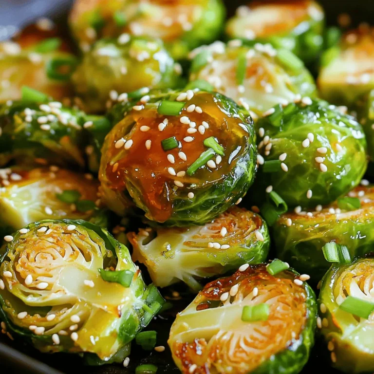 To make Honey Sriracha Brussels Sprouts, gather the following ingredients: - 1 pound Brussels sprouts, trimmed and halved - 3 tablespoons olive oil - 2 tablespoons honey - 2 tablespoons Sriracha sauce - 1 teaspoon garlic powder - Salt and pepper to taste - Optional garnish: 1 tablespoon sesame seeds - Optional garnish: 2 green onions, chopped Each ingredient plays a key role. The Brussels sprouts give a hearty base. Olive oil helps to crisp them up. Honey adds sweetness, while Sriracha brings heat. Garlic powder enhances flavor. Salt and pepper bring everything together. If you want to add flair, sprinkle sesame seeds and green onions on top. You can find the full recipe in the article. Enjoy the sweet and spicy blend! - Preheat your oven to 425°F (220°C). - Line a large baking sheet with parchment paper. - In a large bowl, mix the halved Brussels sprouts, olive oil, honey, Sriracha sauce, garlic powder, salt, and pepper. - Toss well to coat each sprout evenly. - Spread the Brussels sprouts on the baking sheet, cut side down. - Roast for 20-25 minutes until they are tender and crispy. I love the way the heat from the Sriracha blends with the sweetness of honey. It creates a perfect balance. The garlic powder adds a subtle depth. Remember, tossing halfway helps them cook evenly. If you want to know more, check out the Full Recipe for all the details! To get crispy Brussels sprouts, start with fresh sprouts. Make sure to trim and halve them. Oven heat is key; preheat to 425°F (220°C). Use a baking sheet lined with parchment paper. This helps with cleanup and browning. Toss the sprouts halfway through cooking. This ensures even heat and crispiness. If you skip this step, some may burn while others stay soggy. For extra flavor, think about adding spices. A pinch of cayenne or paprika can bring heat. Fresh herbs like thyme or rosemary also work great. They add depth to the sweet and spicy mix. Try different types of honey or Sriracha, too. Each honey has its own unique taste. You might prefer a lighter honey for a sweet touch. A spicier Sriracha can kick up the heat. Experiment and find your favorite mix. For the full recipe, check out the details above. {{image_2}} You can swap Brussels sprouts for other veggies. Broccoli, cauliflower, or green beans work well. Each adds a unique taste and texture. Try mixing these veggies for fun flavors. You can also explore different sauces. Instead of honey and Sriracha, use teriyaki or balsamic glaze. This change will give you a new flavor profile. Want to make this recipe vegan? Replace honey with maple syrup or agave nectar. This keeps the sweet taste without animal products. You can also make it gluten-free. Just ensure your Sriracha and any other sauces are gluten-free. For low-carb options, skip the honey or use a sugar substitute. This keeps the dish tasty while reducing carbs. Check the [Full Recipe] for more ideas on how to adapt this dish! To keep your Honey Sriracha Brussels sprouts fresh, store leftovers in the fridge. Place them in an airtight container. This helps keep the flavors intact. Make sure to cool them down first. If you plan to eat them soon, they can last up to four days. For longer storage, you can freeze them. Use a freezer-safe bag or container. Make sure to remove as much air as possible. They can last up to three months in the freezer. When you're ready to enjoy your Brussels sprouts again, reheating is key. The best method is using an oven. Preheat it to 350°F (175°C). Spread the sprouts on a baking sheet. Heat for about 10-15 minutes. This will help keep them crispy. If you're in a hurry, you can use a microwave. Place them in a microwave-safe dish. Heat in short bursts of 30 seconds. Check often to avoid sogginess. To keep that crunch, try reheating in a skillet. Just a few minutes over medium heat will do the trick. Enjoy the sweet and spicy goodness of these Brussels sprouts again! For the full recipe, check the earlier section. What do I serve with Honey Sriracha Brussels Sprouts? You can serve these sprouts with rice or quinoa. They also pair well with grilled chicken or fish. For a hearty meal, try them alongside a steak. The sweet and spicy flavors complement many dishes. Can I use frozen Brussels sprouts for this recipe? Yes, you can use frozen Brussels sprouts. Just thaw them first and pat them dry. This helps to get a nice crispy texture. The cooking time may be a bit longer, so keep an eye on them. How spicy are these Brussels sprouts? The heat level depends on how much Sriracha you use. Two tablespoons give a nice kick, but you can adjust it to your taste. If you prefer less heat, use one tablespoon of Sriracha. How do I make the recipe ahead of time? You can prepare the Brussels sprouts up to a day in advance. Toss them in the sauce and store in the fridge. When ready to cook, spread them on the baking sheet and roast as directed. Can I make this on the stovetop? Yes, you can cook these on the stovetop. Heat oil in a large pan over medium heat. Add the Brussels sprouts cut side down and cook until browned. Then, toss them with the sauce and cover to steam until tender. What are some popular side dishes to pair with it? Some great side dishes include mashed potatoes or a fresh salad. You can also serve them with roasted carrots or sweet potatoes for a colorful plate. These sides balance the flavors well. You learned how to make delicious Honey Sriracha Brussels sprouts. Using simple ingredients, we created the perfect balance of sweet and spicy flavors. I shared tips for achieving that crispy texture and ideas for variations, like different veggies or sauces. Don’t forget the best storage and reheating methods to keep them tasty. Enjoy these sprouts as a side dish or a fun main course. Cooking can be easy and satisfying. Try it out, and make it your own!