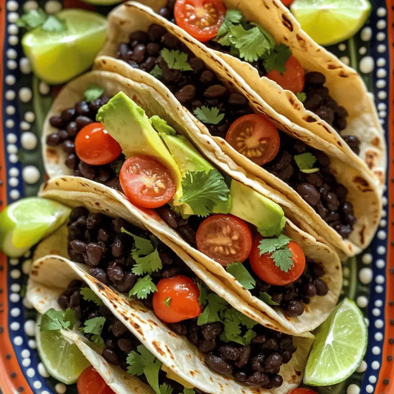 - 2 cans (15 oz each) black beans, rinsed and drained - 1 tablespoon olive oil - 1 medium onion, finely chopped - 3 cloves garlic, minced - 1 chipotle pepper in adobo sauce, minced (or more for extra spiciness) - 1 teaspoon ground cumin - 1 teaspoon smoked paprika - Salt and black pepper to taste - 8 small corn or flour tortillas - 1 avocado, sliced - 1 cup cherry tomatoes, halved - Fresh cilantro, chopped for garnish - Lime wedges, for serving Using high-quality ingredients makes a big difference. I prefer fresh, whole foods. Canned beans are great too, but rinse them well. They taste better and are healthier. If you want a vegan dish, this recipe is perfect. Just use corn tortillas. They are usually gluten-free. If you need a gluten-free option, corn tortillas are a good choice. They add a nice crunch. You can also use whole wheat tortillas for a different flavor. - Sour cream - Shredded cheese - Sliced jalapeños Toppings can really enhance your tacos. I love adding sour cream for creaminess. Shredded cheese adds flavor. For heat, try sliced jalapeños. Making toppings at home is often better than store-bought. You control the taste and freshness. Plus, it's fun to experiment. Try making your own salsa or guacamole for a tasty twist. Start by heating the olive oil in a large skillet over medium heat. Once hot, add the finely chopped onion. Sauté it for about five minutes. When the onion softens, add the minced garlic and chipotle pepper. Stir for one to two minutes, until you smell the garlic. Next, add the black beans, ground cumin, smoked paprika, salt, and pepper. Cook this mixture for five to seven minutes. Stir occasionally and mash some beans with a fork. This will make the mixture creamy. If you taste it and think it needs more flavor, add more salt or spices. Now, let's warm the tortillas. You can use a dry skillet or a microwave. For the skillet, place the tortillas over medium heat. Heat each side for about 30 seconds or until they feel soft. If you use a microwave, wrap them in a damp paper towel and heat for 15 to 20 seconds. Corn tortillas can break easily, so handle them gently. Flour tortillas are more flexible, but both taste great! It's time to put everything together! Start by placing a warm tortilla on a plate. Spoon some of the spicy black bean mixture onto the center. Then, add sliced avocado and halved cherry tomatoes on top. Finish with a sprinkle of fresh cilantro for color and flavor. For a pretty presentation, arrange the tacos on a large platter. Add lime wedges next to them for squeezing. You can even serve them with a side of salsa for extra fun! For the full recipe, check out the details above. Temperature control is key when cooking beans. Start with medium heat. This helps the beans warm evenly without burning. Stir often to avoid sticking. The perfect texture for the bean mixture is creamy but not mushy. Lightly mash some beans as you cook. This gives a nice blend of smooth and chunky. To boost flavor, consider adding spices like chili powder or cayenne pepper. Fresh herbs like cilantro or parsley also add brightness. Marinating the bean mixture can deepen the flavor. Let it sit for at least 30 minutes to absorb the spices. This step is easy and makes a big difference. Meal prepping your ingredients is a smart way to save time. Chop onions and garlic a day ahead. You can also mash the beans in advance. Store each ingredient in separate containers. When you're ready, assembly is quick! For faster assembly, warm all tortillas at once. Use a large skillet to heat them. This way, you can serve warm tacos to everyone. For the full recipe, check out the details above. {{image_2}} You can change up your Spicy Black Bean Tacos by adding different proteins. If you want meat, try diced chicken or ground beef. For a plant-based option, use lentils or quinoa. Both options add new flavors and textures. You can spice up those chicken tacos with smoky seasonings. Add chipotle or cayenne for even more heat. Tacos vary by region, so you can get creative! For a twist, make black bean burritos by wrapping the filling in a larger tortilla. You could also create taco bowls by layering the ingredients in a bowl instead of a tortilla. Each method brings its own fun to the table and allows for more customization. Using seasonal produce makes your tacos fresh and vibrant. In summer, add grilled zucchini or corn for a sweet crunch. In the fall, try roasted butternut squash for a warm flavor. You can also use leftover veggies from your fridge. Toss them in with the black beans for a tasty, resourceful meal. To store your taco filling, first let it cool to room temperature. Place it in an airtight container. This keeps it fresh for up to four days in the fridge. If you want to freeze the bean mixture, use a freezer-safe container. Label it with the date. The filling can last up to three months in the freezer. To reheat, simply thaw it overnight in the fridge and warm it on the stove. Stir occasionally until heated through. Store leftover tortillas in a zip-top bag. This helps prevent them from drying out. Keep the bag in the fridge for best results. If your tortillas get stale, don’t worry! You can revive them. Just wrap them in a damp paper towel and microwave for 10-15 seconds. This will make them soft and pliable again. The black bean mixture will last in the fridge for about four days. Tortillas can last one to two weeks if stored well. To stay safe, always check for any odd smells or mold before eating. When in doubt, throw it out! Enjoy your Spicy Black Bean Tacos knowing you stored them safely. For the complete recipe, visit the [Full Recipe] link. To make your tacos less spicy, skip the chipotle pepper. You can also use bell peppers for flavor. Adding a dollop of sour cream or yogurt cools the heat too. If you want a milder taste, use less cumin and smoked paprika. Try adding sweet corn or diced tomatoes for a fresh twist. Yes, you can use canned black beans. They are safe and save you time. Just rinse and drain them to remove extra salt. Canned beans are cooked, so you only need to heat them in your taco mix. This makes cooking easier and faster. Pair your tacos with some tasty sides. Try serving them with Mexican rice or a fresh salad. Guacamole is a great dip too. If you want a drink, serve with limeade or iced tea. These sides balance the flavors and make your meal complete. For more ideas, check out the Full Recipe. In this post, I covered how to make Spicy Black Bean Tacos from start to finish. We explored key ingredients, cooking steps, and tips to enhance flavor and texture. I also shared ideas for variations, storage, and how to handle leftovers. Tacos are fun and easy to make. You can customize them any way you want. Enjoy your cooking adventure!
